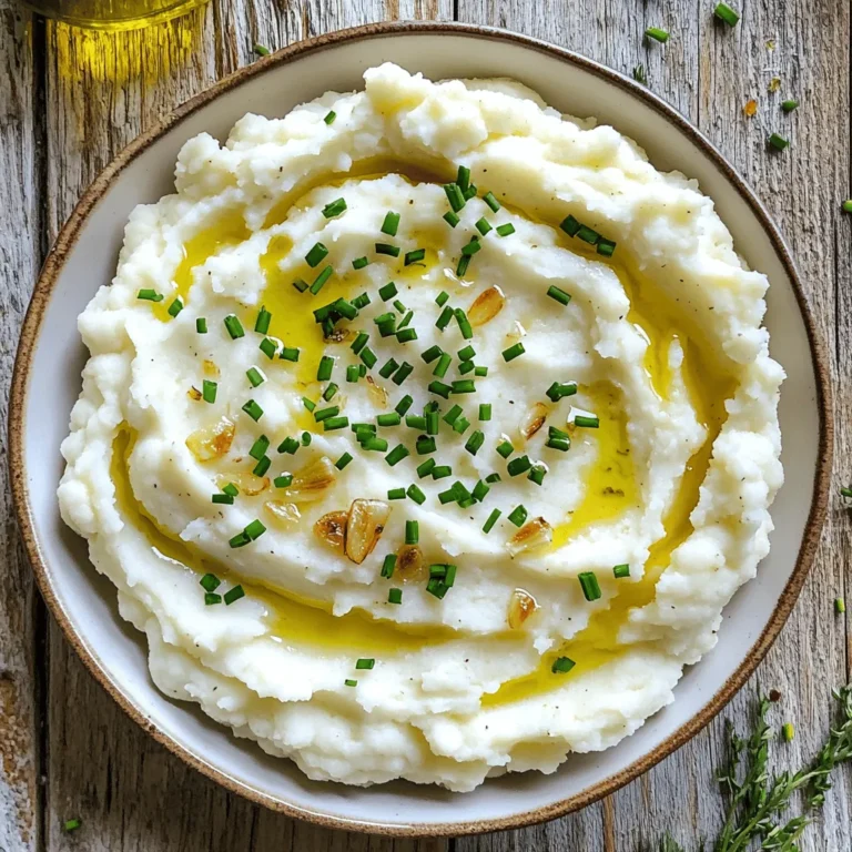 To make Roasted Garlic Mashed Cauliflower, gather these fresh ingredients: - 1 large head of cauliflower, cut into florets - 6 cloves of garlic, unpeeled - 2 tablespoons olive oil - 1/4 cup cream cheese, softened - 1/4 cup unsweetened almond milk (or regular milk) - Salt and pepper to taste - Fresh chives, finely chopped (for garnish) These ingredients create a creamy and tasty dish. The cauliflower acts as the base, while the roasted garlic gives a rich flavor. Cream cheese adds creaminess, and almond milk helps achieve the right texture. You can customize your mashed cauliflower in many ways. Here are some ideas: - Add grated cheese for a cheesy twist. - Use Greek yogurt instead of cream cheese for a tangy flavor. - Spice it up with herbs like thyme or rosemary. - For a vegan option, use cashew cream in place of cream cheese. These options let you experiment and find your favorite version of this dish. Cauliflower is not just tasty; it's also good for you! Here are some health benefits: - Low in calories and carbs, making it great for weight loss. - High in fiber, which helps with digestion. - Packed with vitamins C and K, supporting your immune system. - Contains antioxidants that fight inflammation. Eating cauliflower can boost your health while satisfying your taste buds. For the full recipe, check out the details above and enjoy this creamy delight! Start by getting your head of cauliflower. Cut it into small florets. This helps them cook evenly. Take six cloves of garlic, and leave them unpeeled. They will roast better this way. In a large bowl, mix the cauliflower florets and unpeeled garlic. Drizzle two tablespoons of olive oil over them. Toss until all pieces are coated in oil. Preheat your oven to 425°F (220°C). This high heat gives the cauliflower a nice caramelized flavor. Spread the cauliflower and garlic on a baking sheet lined with parchment paper. Make sure they are in a single layer. This ensures they roast evenly. Roast them in the oven for 25-30 minutes. You want the cauliflower to be fork-tender and the garlic to be golden brown. Once the roasting is done, take the baking sheet out of the oven. Let it cool for a few minutes. Then, squeeze the roasted garlic out of its skin into a large bowl. This adds a rich flavor. Add the roasted cauliflower to the bowl. Mix in 1/4 cup of softened cream cheese and 1/4 cup of almond milk. Use a potato masher or immersion blender to mash everything together. Keep mashing until you get a smooth texture. Taste and add salt and pepper to your liking. If it feels too thick, add more almond milk. Finally, serve it in a dish and sprinkle some chopped chives on top for a fresh touch. To get the best flavor from your roasted garlic mashed cauliflower, focus on quality ingredients. Use fresh cauliflower for a bright taste. Roasting the garlic until it turns golden brings out its sweetness. This step is key. Also, don't skip the cream cheese; it adds creaminess and richness. Season well with salt and pepper, tasting as you go. If you want extra flavor, add a pinch of smoked paprika or a squeeze of lemon juice. One common mistake is overcooking the cauliflower. This can lead to a watery mash. Always check for fork-tenderness. Another mistake is not roasting the garlic long enough. It should be soft and sweet, not raw. Avoid using too much almond milk too early; start with a little, then add more if needed. Lastly, don’t forget to taste! Adjust the seasoning before serving. For a lovely presentation, serve the mashed cauliflower in individual bowls. Drizzle some olive oil on top for a glossy finish. Fresh chives add color and a mild onion flavor. You can also sprinkle some grated Parmesan or crumbled feta on top for extra richness. This dish pairs well with grilled meats or roasted vegetables. Enjoy the creamy delight of this dish as a side or even as a light main. For the complete recipe, check out the Full Recipe section. {{image_4}} You can change the taste of roasted garlic mashed cauliflower easily. Add cheese for a creamy twist. Cream cheese gives a rich flavor, but you can also use cheddar or parmesan. Try adding herbs like thyme or rosemary for a fresh taste. For spice lovers, a pinch of red pepper flakes or smoked paprika adds warmth. Mix things up by using different flavored oils, like truffle oil, for a gourmet touch. This recipe works well with various diets. If you follow a keto diet, use cream cheese and almond milk for low carbs. Skip the cream cheese and substitute with cashew cream for a vegan option. You can also use coconut milk, which adds a nice sweetness. These swaps keep the dish creamy without dairy. Always taste as you go to make sure the flavors balance out. Roasted garlic mashed cauliflower pairs well with many main dishes. It goes great with grilled chicken or fish. The lightness of the cauliflower complements rich meats like steak or pork. Serve it alongside roasted veggies or a fresh salad for a complete meal. You can even enjoy it with a hearty stew. This dish adds a nice touch and makes any dinner feel special. For the full recipe, check out the details above. To store your Roasted Garlic Mashed Cauliflower, let it cool down first. Then, place it in an airtight container. It stays fresh in the fridge for about 3 to 5 days. Make sure to press plastic wrap against the surface to limit air exposure. This helps keep it creamy and tasty. When you're ready to enjoy leftovers, reheat them gently. You can use the microwave or the stovetop. If using the microwave, heat in short bursts (about 30 seconds) and stir in between. On the stovetop, add a splash of almond milk to help it warm up. Stir over low heat until hot. This keeps your mashed cauliflower smooth. If you want to save some for later, you can freeze your mashed cauliflower. Place it in a freezer-safe container, leaving some space for it to expand. It can last for up to 2 months in the freezer. To defrost, move it to the fridge overnight. Then, follow reheating instructions to warm it up. Enjoy this creamy delight anytime! For the full recipe, check the details above. Yes, you can make Roasted Garlic Mashed Cauliflower ahead. Prepare the dish and cool it down. Store it in an airtight container in the fridge for up to three days. When you are ready to serve, reheat it gently on the stove or in the microwave. Add a splash of almond milk to keep it creamy. To prevent watery mashed cauliflower, focus on the cooking method. Roast the cauliflower until tender but not overcooked. Drain any excess moisture after cooking. When mashing, add cream cheese and almond milk slowly. This way, you control the texture and avoid adding too much liquid. Roasted Garlic Mashed Cauliflower is lighter and lower in carbs than mashed potatoes. It has a rich, nutty flavor from the garlic and a creamy texture. This dish offers a unique twist on a classic side. Both are delicious, but cauliflower adds a veggie boost and fewer calories. Roasted Garlic Mashed Cauliflower is a simple, tasty dish. We covered its main ingredients and optional add-ins to boost flavor and nutrition. I shared step-by-step instructions for perfect roasting and mashing. You learned tips to avoid common mistakes and suggestions for serving it well. We also explored variations for different diets and how to store leftovers. This dish is a fun way to enjoy cauliflower. It’s healthy, easy, and delicious, so give it a try!