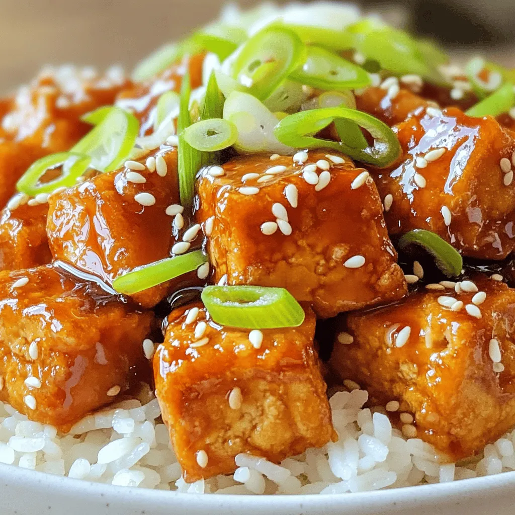 - 1 block (14 oz) firm tofu, pressed and drained - ¼ cup low-sodium soy sauce - 2 tablespoons pure maple syrup - 1 tablespoon rice vinegar - 1 tablespoon sesame oil - 2 cloves garlic, finely minced - 1 teaspoon fresh ginger, finely grated - 1 tablespoon cornstarch - 2 tablespoons vegetable oil (for frying) - Sesame seeds and sliced green onions for garnish - Non-stick skillet - Mixing bowls - Cutting board and knife - Paper towels - Additional teriyaki sauce - Cilantro or other fresh herbs When I create this crispy teriyaki tofu, I always make sure I have all the right ingredients and tools. The firm tofu is key to getting that perfect bite. Pressing and draining it removes moisture, making it crispy when cooked. The sauce is a blend of soy sauce, maple syrup, rice vinegar, and sesame oil. This mix gives a nice sweet and salty flavor. Fresh garlic and ginger add a punch. Coating the tofu in cornstarch before frying is a must for that crunch. Gather your tools too. A non-stick skillet helps keep the tofu from sticking. Mixing bowls make prepping the sauce easy. Don't forget paper towels for drying the tofu—this step is vital! If you want to make it even better, consider garnishing with extra teriyaki sauce or fresh herbs. These small touches can elevate your dish. For the full recipe, check the earlier section. - Cut tofu into 1-inch cubes and pat dry. - Prepare the teriyaki marinade. First, I cut the tofu into 1-inch cubes. I always pat the tofu dry with paper towels. This step is key for crispiness. Next, I make the teriyaki marinade. In a bowl, I mix low-sodium soy sauce, maple syrup, rice vinegar, sesame oil, minced garlic, and grated ginger. I whisk these ingredients until smooth. This mixture gives the tofu amazing flavor. - Marinate tofu for optimal flavor. - Coat with cornstarch for crispiness. - Fry tofu until golden brown. I place the cubed tofu in a shallow dish. I pour the teriyaki marinade over the tofu. I let it marinate for at least 30 minutes. For a stronger flavor, I recommend marinating for up to 2 hours in the fridge. After marinating, I remove the tofu and save the marinade. Then, I coat each tofu cube with cornstarch. This coating helps create a crispy crust. Next, I heat vegetable oil in a non-stick skillet over medium-high heat. I carefully add the tofu cubes, ensuring not to overcrowd the skillet. I fry the tofu for about 3-4 minutes on each side, cooking until they are golden brown and crispy. - Simmer reserved marinade and coat the tofu. - Transfer to serving dish. Once the tofu is crispy, I take it out of the skillet. I place it on a plate lined with paper towels to absorb extra oil. In that same skillet, I pour in the reserved marinade. I simmer it over medium heat for about 2-3 minutes until it thickens. Then, I add the crispy tofu back into the skillet, tossing it gently to coat every piece in the sauce. Finally, I remove the skillet from the heat and transfer the glazed tofu to a serving dish. For the full recipe, check out the details above! To get that perfect crunch, remove moisture from the tofu first. Press it well between paper towels to soak up excess water. This step makes a big difference. For frying, keep the oil hot, around 350°F (175°C). If the oil is too cool, the tofu will soak it up, and you’ll miss out on that crispiness. Tofu loves flavor, so marinate it well. Use the teriyaki marinade from the recipe for best results. Spread the tofu evenly in a shallow dish, and pour the marinade over it. Let it sit for at least 30 minutes. If you can, refrigerate it for up to 2 hours. This gives the tofu time to soak in all the yummy flavors. Pair crispy teriyaki tofu with a fluffy bed of rice or quinoa. You can also add steamed vegetables for color and nutrition. For a beautiful presentation, drizzle extra teriyaki sauce over the top. Sprinkle with sesame seeds and sliced green onions. This adds freshness and makes your dish look appetizing. {{image_4}} You can switch the soy sauce for tamari if you need a gluten-free option. Coconut aminos also work well for a soy-free alternative. For flavor, you might try using peanut sauce or hoisin sauce instead of teriyaki. These changes can add a unique twist to your dish. If you want to make the meal vegan, ensure your maple syrup is pure. Some brands mix in honey, so check the label. This simple swap keeps your dish plant-based. Spices can really boost the taste of your crispy teriyaki tofu. Try adding a pinch of chili powder for heat. You might also enjoy a dash of smoked paprika for a deeper flavor. Consider tossing in vegetables to the mix. Bell peppers, snap peas, or broccoli can add color and nutrition. Sautéing these with the tofu makes for a great one-pan meal. You can bake or fry the tofu, depending on your texture choice. Baking gives a lighter crunch, while frying yields a deep golden crisp. If you bake, preheat your oven to 400°F (200°C) and spread the tofu on a lined baking sheet. If you have an air fryer, use it for a healthier option. Set it to 375°F (190°C) and cook the tofu for about 15 minutes. Shake the basket halfway through for even cooking. This method keeps the tofu crispy without extra oil. For the full recipe, check the earlier section. Enjoy experimenting with your crispy teriyaki tofu! To keep your crispy teriyaki tofu fresh, place it in an airtight container. This will help seal in flavor and moisture. Store it in the fridge for up to three days. Avoid leaving it out at room temperature for too long, as this can lead to spoilage. You can freeze crispy tofu for later use. First, let it cool completely. Then, place the tofu in a single layer on a baking sheet. Freeze it for about an hour until firm. Afterward, transfer the pieces to a freezer bag. Label it with the date. You can keep it in the freezer for up to three months. To thaw, place the tofu in the fridge overnight. For a quick option, you can use the microwave. Reheat it for one to two minutes. To keep your tofu crispy when reheating, the oven works best. Preheat your oven to 375°F (190°C). Place the tofu on a baking sheet for about 10 minutes. This keeps it crispy. You can also use a stovetop method. Heat a non-stick skillet over medium heat. Add the tofu and cook for five minutes, turning occasionally. These methods ensure your crispy teriyaki tofu tastes just as good as when you first made it. Enjoy every bite! To make tofu crispy, start by pressing it. This step removes extra water. The less moisture in the tofu, the crispier it will be. After pressing, cut the tofu into cubes. Pat the cubes dry with paper towels. This helps a lot, too. Next, coat the tofu in cornstarch. The cornstarch creates a crunchy layer when you fry it. Finally, fry the tofu in hot oil. Keep the heat medium-high for the best results. Turn the cubes until they are golden and crispy on all sides. For this recipe, firm tofu works best. Firm tofu holds its shape well during cooking. Silken tofu is softer and breaks apart easily, making it less ideal for frying. You can use silken tofu in soups or sauces, but not here. Firm tofu gives you that crispy texture and perfect bite. Yes, you can make crispy teriyaki tofu ahead of time. You can marinate the tofu earlier in the day or even the night before. Just store it in the fridge. After frying, let the tofu cool before storing it. Keep it in an airtight container. It will stay fresh for about three days. Reheat it gently to keep some crispiness. Crispy teriyaki tofu pairs well with many sides. You can serve it over steamed rice or quinoa. Both soak up the delicious sauce nicely. Try adding stir-fried vegetables for color and crunch. A fresh salad adds a nice contrast too. Consider serving it with a side of edamame or pickled vegetables for extra flavor. This recipe for crispy teriyaki tofu covers all you need. You learned the main ingredients, tools, and easy steps to create a tasty dish. I shared tips to make your tofu crispy and variations to suit your taste. Remember, storing and reheating leftovers can keep your meal fresh too. Feel free to experiment with flavors and ingredients. You now have the tools to impress your family and friends with this delicious tofu dish. Enjoy cooking and savor each bite!