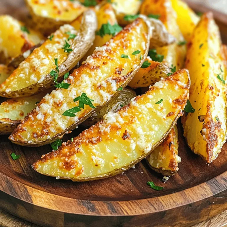 - 4 medium russet potatoes, washed and cut into wedges - 1/2 cup finely grated Parmesan cheese - 2 tablespoons extra virgin olive oil - 1 teaspoon garlic powder - 1 teaspoon onion powder - 1 teaspoon sweet paprika - 1/2 teaspoon dried oregano - 1/2 teaspoon freshly ground black pepper - Salt, to taste - Fresh parsley, finely chopped (for garnish) You can swap russet potatoes for Yukon gold or sweet potatoes. Each type brings a unique flavor. For a vegan option, use nutritional yeast in place of Parmesan cheese. It adds a cheesy taste without dairy. You can also try avocado oil or coconut oil instead of olive oil. Both will give a different twist to the dish. - Preheat the air fryer to 400°F (200°C). - Wash and cut potatoes into wedges. To start, I always preheat my air fryer. This step helps the food cook evenly and get that perfect crisp. Set it to 400°F (200°C) and let it warm up for about five minutes. While the air fryer heats, grab your medium russet potatoes. Rinse them well under cold water to remove dirt. Cut each potato into wedges, keeping the skin on for extra flavor and crunch. - Combine olive oil and seasoning ingredients. - Toss potato wedges to coat evenly. Next, let’s get those wedges seasoned! In a large bowl, pour in two tablespoons of extra virgin olive oil. Then, add one teaspoon each of garlic powder, onion powder, and sweet paprika. Toss in half a teaspoon of dried oregano and freshly ground black pepper. Don’t forget a pinch of salt! Mix everything well. Now, add the potato wedges to this bowl. Toss them until every wedge is coated in the tasty mixture. - Place seasoned wedges in the basket. - Air fry timings and tips for shaking the basket. Now, it’s time to cook! Place the seasoned potato wedges in the air fryer basket. Make sure they are in a single layer to allow for even cooking. If your air fryer is small, you may need to do this in batches. Air fry the wedges for 15-20 minutes. Halfway through cooking, shake the basket. This helps them brown evenly. You’ll know they’re done when they look golden and crispy. Enjoy these crispy delights! For the full recipe, check out the details above. To make your potato wedges extra crispy, start by drying them well. After cutting the potatoes, pat them with a paper towel. This removes excess moisture, which helps them crisp up nicely in the air fryer. Preheating your air fryer is also key. Set it to 400°F (200°C) for about five minutes. This step ensures the potatoes cook evenly and get that perfect golden color. For dipping sauces, try garlic aioli, ranch, or spicy ketchup. These add flavor and make your wedges even more fun to eat. Pair your potato wedges with grilled chicken or a fresh salad. The crunch of the wedges complements many main dishes, making your meal feel complete. One common mistake is not using enough oil or seasoning. A little oil helps achieve that crispy texture. Don’t skip it! Overcrowding the air fryer basket is another mistake. If you pile in too many wedges, they won’t cook evenly. Cook in batches if needed. This way, every wedge gets the attention it deserves. {{image_4}} You can take your potato wedges to the next level. Want some heat? Add cayenne or chili powder for a spicy kick. Just a pinch can transform the flavor. If you love herbs, try rosemary or thyme. These herbs add freshness and aroma to each bite. You’ll enjoy how they brighten up the dish. Looking for a healthier twist? Swap out russet potatoes for sweet potatoes. Sweet potatoes add a bit of sweetness and are packed with nutrients. You can also air fry fewer potatoes. This reduces calories while still giving you that crispy delight. Each bite will satisfy without the extra guilt. If you prefer, you can bake these wedges in the oven. Preheat your oven to 425°F (220°C) and line a baking sheet with parchment paper. Spread the seasoned wedges in a single layer. Bake for about 25-30 minutes, flipping halfway through. You’ll get a nice golden color and crispness. For those who enjoy deep-frying, you can try that too. Heat oil in a deep pot to 350°F (175°C). Fry the wedges in small batches until golden brown, about 5-7 minutes. This method gives you a crunchy exterior but can be less healthy. Each method has its perks, so choose what fits your mood. You can find the full recipe for these tasty Air Fryer Parmesan Potato Wedges and explore more variations to suit your taste. After enjoying your crispy potato wedges, let them cool down. Place them on a wire rack to cool evenly. This method helps keep them from getting soggy. Once cool, store the wedges in an airtight container. Glass or plastic containers work well. Make sure to use a container that fits the amount of wedges you have. This keeps them fresh for longer. To reheat your potato wedges, you want to keep them crispy. The best way to do this is by using the air fryer. Preheat the air fryer to 350°F (175°C). Place the wedges in a single layer in the basket. Heat them for about 5 to 7 minutes. Give the basket a shake halfway through to ensure even heating. This will help bring back their crunch. If you want to freeze your potato wedges, start by letting them cool completely. Spread them out on a baking sheet in a single layer. Freeze them for about an hour until they are firm. Once frozen, transfer them to a freezer-safe bag. Remove as much air as you can to prevent freezer burn. When you're ready to eat, take them out and let them thaw in the fridge. Reheat them in the air fryer for the best results. Enjoy your crispy treat again! To get your potato wedges crispy, start by drying them well. After washing, use paper towels to pat them dry. Removing moisture helps them crisp up better. Next, use just enough oil. Two tablespoons of oil works great for four potatoes. This little bit helps the cheese stick and adds flavor. Yes, you can! Try using cheddar or mozzarella for a different taste. Gouda also adds a nice, smoky flavor. Just keep in mind that different cheeses melt and brown differently. Experiment with what you like best! If you don’t have an air fryer, you can bake the wedges in the oven. Preheat your oven to 425°F (220°C). Spread the wedges on a baking sheet. Bake for 25-30 minutes, flipping halfway through. They may not be as crispy, but they will still taste great! You can store leftover wedges in the fridge for up to 3 days. Place them in an airtight container to keep them fresh. To reheat, pop them back in the air fryer for about 5-7 minutes. This helps regain some of that crispiness. Enjoy them again! These Air Fryer Parmesan Potato Wedges are simple to make and taste great. We covered key ingredients, cooking steps, and helpful tips for best results. You learned about alternatives, variations, and storage methods. Keep experimenting with flavors and pairings to find your favorites. Enjoy your crispy wedges! Cooking can be fun, and these tips will help you succeed.