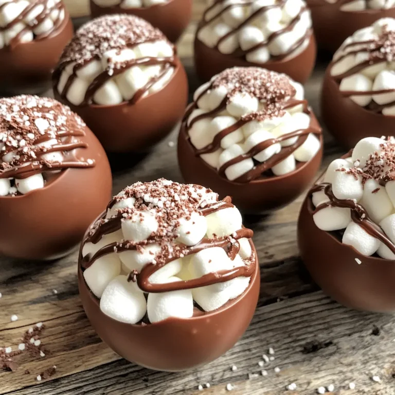 To make hot chocolate bombs, you need some simple ingredients. These tasty treats are fun to make and even better to enjoy. Here is the list of ingredients you'll need: - 1 cup milk chocolate chips - 1/2 cup white chocolate chips - 1/2 cup cocoa powder - 1/2 cup mini marshmallows - 1/4 cup crushed peppermint candy (optional) - Silicone mold (preferably sphere-shaped) Each ingredient adds a special touch. The milk chocolate gives a rich taste. The white chocolate adds sweetness and creaminess. Cocoa powder provides that classic hot chocolate flavor. Mini marshmallows make it fluffy and fun. If you like mint, crushed peppermint gives a festive twist. Finally, a silicone mold lets you shape the bombs easily. These ingredients mix to create a delightful experience. You can find them at most grocery stores. Get ready to have fun and make your own hot chocolate bombs! For the complete process, check out the Full Recipe. First, you need to melt the chocolate. Take 1 cup of milk chocolate chips and put them in a microwave-safe bowl. Heat them in the microwave in 30-second bursts. Stir the chocolate well after each round. Keep heating until the chocolate becomes smooth. It should look shiny and silky. Once your milk chocolate is melted, it’s time to make the shells. Take a silicone mold and scoop about 1 tablespoon of melted chocolate into each cavity. Use the back of a spoon to spread the chocolate up the sides. Make sure the layer is thick at the edges, so the shells are strong. After that, put the mold in the fridge. Let the chocolate harden for about 15-20 minutes. The shells should be solid when you take them out. Now, it's time to fill the chocolate shells. Take half of the hardened chocolate spheres and add 1 tablespoon of cocoa powder to each. Then, add a handful of mini marshmallows. If you like, sprinkle crushed peppermint candy on top for a nice twist. Each bomb should be packed with tasty treats. This makes the hot chocolate more fun and flavorful. To seal the bombs, warm a plate in the microwave for a few seconds. It should be warm but not hot. Take one empty chocolate half and press it onto the plate for just a moment. This warms the edge. Next, place this half on top of one filled half. Gently press them together to seal. Make sure they are tightly secured. Let the Hot Chocolate Bombs cool at room temperature. Once cooled, store them in an airtight container until you want to enjoy them. When ready to indulge, drop one bomb into a mug. Pour steaming hot milk over it. Watch as it melts into a rich and creamy drink. Stir well to mix everything! For the Full Recipe, refer back to the ingredients and instructions provided. To make great hot chocolate bombs, perfect melting is key. Use a microwave-safe bowl for your chocolate chips. Heat them in small bursts of 30 seconds. Stir well between each burst. This helps avoid burning. A smooth chocolate mix is what you want. You can also use a double boiler if you prefer. Just make sure the water doesn't touch the chocolate. This method gives you more control. Chocolate is delicate. To avoid breakage, handle it gently. When you remove the shells from the mold, take your time. If they feel too soft, chill them a bit longer. Use a warm plate to seal the halves. This softens the edges just enough. Press them together softly. If they crack, you can melt a bit of chocolate to fix them. Serving your hot chocolate bombs can be fun and creative. Use clear mugs to show off the melting action. Pour in hot milk over the bomb and watch it work. Add whipped cream on top for a treat. A sprinkle of crushed peppermint adds a nice touch. For a fun twist, try adding flavored syrups or even a dash of cinnamon. Enjoy your hot chocolate bombs with friends or family for a cozy night in. For the complete process, check out the Full Recipe. {{image_4}} Hot chocolate bombs are fun to customize! You can make them with many flavors. Here are a few ideas to try: - Seasonal Flavors: - Pumpkin Spice: Use pumpkin spice mix in the cocoa powder. This gives a warm, fall taste. - S'mores: Add crushed graham crackers and a bit of chocolate for a campfire treat. - Alternative Fillings: - Nutella: Fill the bomb with a spoonful of Nutella for a creamy surprise. - Caramel: A drizzle of caramel adds a sweet twist when the bomb melts. These options make every sip special. You can change the taste based on the season or your mood. Making hot chocolate bombs vegan is easy! Use dairy-free chocolate chips. Here’s how: - Substitute milk chocolate chips with dark chocolate chips. - Use almond milk, oat milk, or any other plant-based milk for the hot drink. These changes keep the treat rich and tasty without dairy. Enjoy your hot chocolate without any worry! For a complete guide on how to make these delicious treats, check out the Full Recipe. To keep your hot chocolate bombs fresh, store them in an airtight container. Place a piece of parchment paper between layers to avoid sticking. This method protects them from moisture and keeps them tasty. Hot chocolate bombs last about two weeks at room temperature. If you keep them in a cool, dark place, they stay fresh longer. Avoid storing them in a warm or sunny spot. Heat can melt the chocolate or ruin the filling. You can freeze hot chocolate bombs for up to three months. Wrap each bomb in plastic wrap or foil to protect it. Place them in a freezer-safe bag or container. When ready to enjoy, thaw them in the fridge for a few hours before using. This keeps the chocolate intact. For the full recipe, check out the instructions above. Hot chocolate bombs are fun treats filled with cocoa, marshmallows, and flavors. They are spheres made of chocolate that melt when hot milk is poured over them. This creates a cozy and delicious drink. You can watch the magic unfold as the bomb opens up, releasing all the tasty fillings. You can make hot chocolate bombs without a mold by using balloons. Inflate small balloons and coat them with melted chocolate. Let the chocolate harden. Once set, pop the balloon and remove it. Fill the chocolate shell with cocoa and marshmallows. This method gives you a fun shape, and it works well! Yes, you can buy hot chocolate bombs at many stores, especially during winter. Look for them in shops that sell sweets or online. They come in different flavors and designs. Buying them is a quick way to enjoy this treat without making them yourself. You can use any milk you like for hot chocolate. Whole milk will make it rich and creamy. Almond milk or oat milk works well for a dairy-free option. If you want a lighter drink, try using skim milk. Choose what you enjoy most for the best flavor! This blog shared how to make hot chocolate bombs using simple ingredients and steps. You'll learn to melt chocolate, create shells, and fill them with tasty treats. Remember the tips for perfecting your technique to avoid breaks. You can customize with fun flavors like pumpkin spice or make vegan options. Store them well for the best taste. Enjoy warming up with your delicious homemade treats. Hot chocolate bombs are a fun way to enjoy a cozy drink. Now you’re all set to make your own!