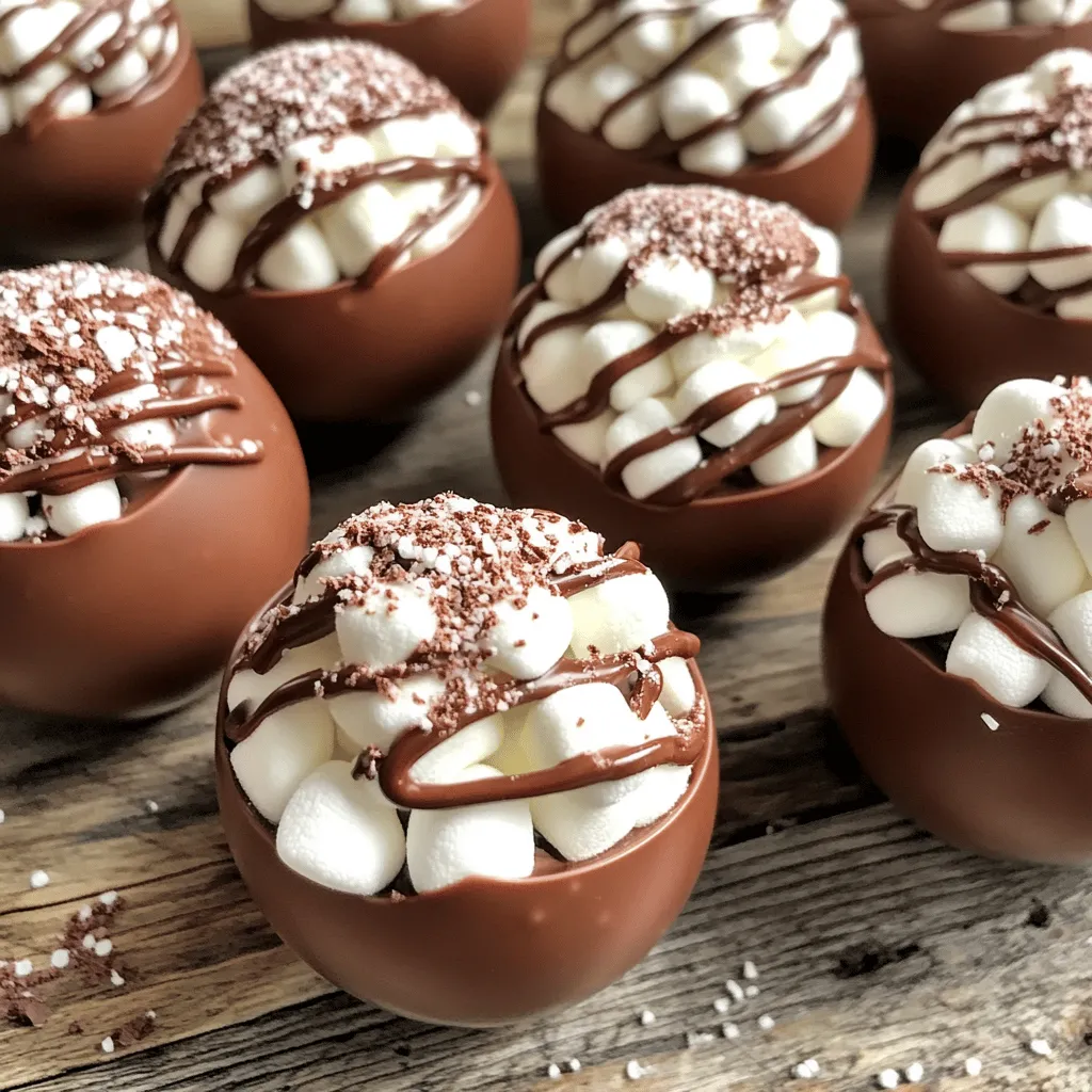 To make hot chocolate bombs, you need some simple ingredients. These tasty treats are fun to make and even better to enjoy. Here is the list of ingredients you'll need: - 1 cup milk chocolate chips - 1/2 cup white chocolate chips - 1/2 cup cocoa powder - 1/2 cup mini marshmallows - 1/4 cup crushed peppermint candy (optional) - Silicone mold (preferably sphere-shaped) Each ingredient adds a special touch. The milk chocolate gives a rich taste. The white chocolate adds sweetness and creaminess. Cocoa powder provides that classic hot chocolate flavor. Mini marshmallows make it fluffy and fun. If you like mint, crushed peppermint gives a festive twist. Finally, a silicone mold lets you shape the bombs easily. These ingredients mix to create a delightful experience. You can find them at most grocery stores. Get ready to have fun and make your own hot chocolate bombs! For the complete process, check out the Full Recipe. First, you need to melt the chocolate. Take 1 cup of milk chocolate chips and put them in a microwave-safe bowl. Heat them in the microwave in 30-second bursts. Stir the chocolate well after each round. Keep heating until the chocolate becomes smooth. It should look shiny and silky. Once your milk chocolate is melted, it’s time to make the shells. Take a silicone mold and scoop about 1 tablespoon of melted chocolate into each cavity. Use the back of a spoon to spread the chocolate up the sides. Make sure the layer is thick at the edges, so the shells are strong. After that, put the mold in the fridge. Let the chocolate harden for about 15-20 minutes. The shells should be solid when you take them out. Now, it's time to fill the chocolate shells. Take half of the hardened chocolate spheres and add 1 tablespoon of cocoa powder to each. Then, add a handful of mini marshmallows. If you like, sprinkle crushed peppermint candy on top for a nice twist. Each bomb should be packed with tasty treats. This makes the hot chocolate more fun and flavorful. To seal the bombs, warm a plate in the microwave for a few seconds. It should be warm but not hot. Take one empty chocolate half and press it onto the plate for just a moment. This warms the edge. Next, place this half on top of one filled half. Gently press them together to seal. Make sure they are tightly secured. Let the Hot Chocolate Bombs cool at room temperature. Once cooled, store them in an airtight container until you want to enjoy them. When ready to indulge, drop one bomb into a mug. Pour steaming hot milk over it. Watch as it melts into a rich and creamy drink. Stir well to mix everything! For the Full Recipe, refer back to the ingredients and instructions provided. To make great hot chocolate bombs, perfect melting is key. Use a microwave-safe bowl for your chocolate chips. Heat them in small bursts of 30 seconds. Stir well between each burst. This helps avoid burning. A smooth chocolate mix is what you want. You can also use a double boiler if you prefer. Just make sure the water doesn't touch the chocolate. This method gives you more control. Chocolate is delicate. To avoid breakage, handle it gently. When you remove the shells from the mold, take your time. If they feel too soft, chill them a bit longer. Use a warm plate to seal the halves. This softens the edges just enough. Press them together softly. If they crack, you can melt a bit of chocolate to fix them. Serving your hot chocolate bombs can be fun and creative. Use clear mugs to show off the melting action. Pour in hot milk over the bomb and watch it work. Add whipped cream on top for a treat. A sprinkle of crushed peppermint adds a nice touch. For a fun twist, try adding flavored syrups or even a dash of cinnamon. Enjoy your hot chocolate bombs with friends or family for a cozy night in. For the complete process, check out the Full Recipe. {{image_4}} Hot chocolate bombs are fun to customize! You can make them with many flavors. Here are a few ideas to try: - Seasonal Flavors: - Pumpkin Spice: Use pumpkin spice mix in the cocoa powder. This gives a warm, fall taste. - S'mores: Add crushed graham crackers and a bit of chocolate for a campfire treat. - Alternative Fillings: - Nutella: Fill the bomb with a spoonful of Nutella for a creamy surprise. - Caramel: A drizzle of caramel adds a sweet twist when the bomb melts. These options make every sip special. You can change the taste based on the season or your mood. Making hot chocolate bombs vegan is easy! Use dairy-free chocolate chips. Here’s how: - Substitute milk chocolate chips with dark chocolate chips. - Use almond milk, oat milk, or any other plant-based milk for the hot drink. These changes keep the treat rich and tasty without dairy. Enjoy your hot chocolate without any worry! For a complete guide on how to make these delicious treats, check out the Full Recipe. To keep your hot chocolate bombs fresh, store them in an airtight container. Place a piece of parchment paper between layers to avoid sticking. This method protects them from moisture and keeps them tasty. Hot chocolate bombs last about two weeks at room temperature. If you keep them in a cool, dark place, they stay fresh longer. Avoid storing them in a warm or sunny spot. Heat can melt the chocolate or ruin the filling. You can freeze hot chocolate bombs for up to three months. Wrap each bomb in plastic wrap or foil to protect it. Place them in a freezer-safe bag or container. When ready to enjoy, thaw them in the fridge for a few hours before using. This keeps the chocolate intact. For the full recipe, check out the instructions above. Hot chocolate bombs are fun treats filled with cocoa, marshmallows, and flavors. They are spheres made of chocolate that melt when hot milk is poured over them. This creates a cozy and delicious drink. You can watch the magic unfold as the bomb opens up, releasing all the tasty fillings. You can make hot chocolate bombs without a mold by using balloons. Inflate small balloons and coat them with melted chocolate. Let the chocolate harden. Once set, pop the balloon and remove it. Fill the chocolate shell with cocoa and marshmallows. This method gives you a fun shape, and it works well! Yes, you can buy hot chocolate bombs at many stores, especially during winter. Look for them in shops that sell sweets or online. They come in different flavors and designs. Buying them is a quick way to enjoy this treat without making them yourself. You can use any milk you like for hot chocolate. Whole milk will make it rich and creamy. Almond milk or oat milk works well for a dairy-free option. If you want a lighter drink, try using skim milk. Choose what you enjoy most for the best flavor! This blog shared how to make hot chocolate bombs using simple ingredients and steps. You'll learn to melt chocolate, create shells, and fill them with tasty treats. Remember the tips for perfecting your technique to avoid breaks. You can customize with fun flavors like pumpkin spice or make vegan options. Store them well for the best taste. Enjoy warming up with your delicious homemade treats. Hot chocolate bombs are a fun way to enjoy a cozy drink. Now you’re all set to make your own!