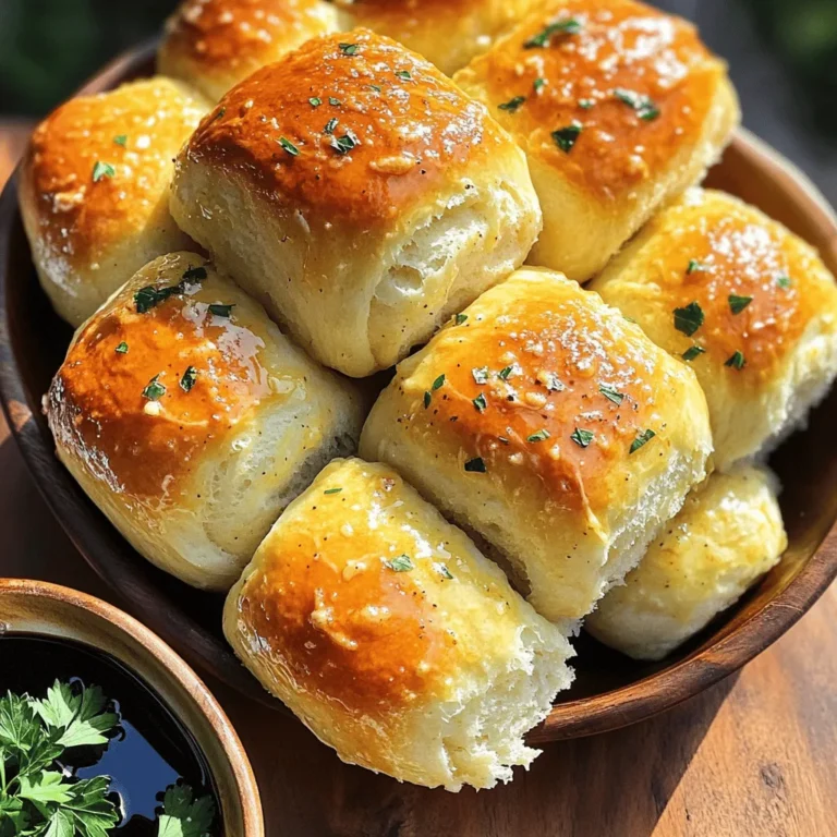 To make Garlic Parmesan Pull Apart Rolls, you need a few simple ingredients. Here is the complete list of ingredients you'll require: - 3 cups all-purpose flour - 2 teaspoons instant yeast - 1 tablespoon granulated sugar - 1 teaspoon sea salt - 1 cup warm milk (ideally around 110°F) - 1/4 cup unsalted butter, melted - 1/2 cup finely grated Parmesan cheese - 4 cloves of garlic, minced - 2 tablespoons freshly chopped parsley - 2 tablespoons extra virgin olive oil These ingredients work together to create soft, tasty rolls. The all-purpose flour gives the rolls structure, while the instant yeast helps them rise. Sugar feeds the yeast, making the rolls fluffy. Warm milk and melted butter add richness and moisture. Garlic and Parmesan bring bold flavors. Fresh parsley adds a nice touch of color and taste. Using high-quality olive oil enhances the rolls' flavor even more. If you want to create a mouthwatering treat, gather these ingredients. You can find the full recipe to guide you through each step of the process. Start by pouring warm milk into a large bowl. Add the sugar and instant yeast. Stir gently. Wait about 5 minutes until the mixture becomes foamy. This foam shows the yeast is alive and ready to work. Next, add all-purpose flour and sea salt to the yeast mix. Pour in the melted butter. Stir until the dough forms. Transfer it to a floured surface and knead for 5 to 7 minutes. The dough should be smooth and elastic, bouncing back when pressed lightly. Shape the dough into a ball. Place it in a greased bowl and cover with a towel. Let it rise in a warm place for about 1 hour. While the dough rises, make the garlic Parmesan mixture. In a small bowl, mix minced garlic, grated Parmesan, chopped parsley, and olive oil. Stir well and set aside. After the dough rises, punch it down to release air bubbles. Divide it into 12 equal pieces. Shape each piece into a ball. Dip each ball into the garlic Parmesan mixture. Make sure each one is coated well. Arrange the coated dough balls in a greased baking dish or bundt pan. Stack them nicely. Cover the dish with a towel and let it rise for another 30 minutes. Preheat your oven to 350°F (175°C). Bake the rolls for 25 to 30 minutes. They should turn golden brown on top. After baking, brush any leftover garlic mixture over the rolls. Let them cool for a few minutes before serving. For the full recipe, refer to the complete list of instructions above. To make your rolls rise well, keep them in a warm place. Yeast loves warmth. A draft-free area works best. You can use your oven with just the light on. This gives a nice warm spot. Look for signs that the dough has risen. It should double in size. When you poke it, the dough should spring back slowly. If it stays down, it needs more time. Adjusting the garlic and cheese levels can change the taste. If you love garlic, feel free to add more. If you want a milder flavor, cut back. Using fresh herbs like parsley or basil adds great taste. Fresh herbs brighten the rolls. You can mix them into the garlic and cheese mix for more flavor. Enjoy the rolls warm, fresh from the oven. They are great on their own. You can also serve them with a small bowl of olive oil. A touch of balsamic vinegar works well too. These rolls pair well with soups or salads. They make a perfect side for a cozy dinner. For a fun twist, serve with marinara sauce for dipping. {{image_4}} You can switch up the cheese in your rolls. Using mozzarella gives a gooey texture that melts nicely. Cheddar adds a sharp flavor that kids love. Mixing cheeses can create a unique taste. Try combining Parmesan with mozzarella or cheddar for extra richness. Each cheese brings its own flair to the rolls. Want to spice things up? Add fresh herbs like rosemary or thyme. These herbs give a lovely aroma and depth of flavor. You can also sprinkle in some red pepper flakes for a kick. Mixing in spices like paprika or garlic powder can enhance the taste. Don't be afraid to experiment with flavors you enjoy. For gluten-free rolls, swap all-purpose flour with a gluten-free blend. This change requires some tweaks. You might need to add extra liquid for the right dough consistency. Always check your baking powder and yeast to ensure they are gluten-free. Your gluten-free rolls can still be soft, tasty, and perfect for sharing. For the full recipe and more detailed steps, check out the [Full Recipe]. To keep your garlic Parmesan pull apart rolls fresh for a few days, store them in an airtight container. This helps keep moisture in and prevents the rolls from drying out. You can also wrap them in plastic wrap or foil. Avoid placing them in the fridge, as this can make them tough. If you have leftovers, freezing is a great option. Wrap each roll in plastic wrap, then place them in a freezer bag. They can last up to three months in the freezer. When you're ready to enjoy them again, thaw the rolls in the fridge overnight. To reheat for the best taste, pop them in a 350°F oven for about 10-15 minutes until warm. When reheating, consider wrapping the rolls in foil. This keeps them soft and warm. To maintain texture, avoid using the microwave, which can make them soggy. Instead, reheating in the oven helps keep that lovely crispness on the outside while staying soft inside. Enjoy your rolls just like fresh! To make these rolls, follow these easy steps: 1. Pour warm milk into a large bowl. Add sugar and instant yeast. Stir and let it sit for 5 minutes. 2. Gradually mix in flour and salt. Add melted butter. Stir until a soft dough forms. 3. Knead the dough on a floured surface for 5-7 minutes. It should feel smooth and elastic. 4. Shape the dough into a ball. Place it in a greased bowl. Cover it with a towel and let it rise for 1 hour. 5. While the dough rises, mix minced garlic, grated Parmesan, parsley, and olive oil in a bowl. 6. After rising, punch down the dough. Divide it into 12 equal balls. 7. Dip each ball into the garlic Parmesan mix. Coat them well. 8. Place the balls in a greased bundt pan or round dish. Stack them nicely. 9. Cover and let them rise for another 30 minutes. 10. Preheat the oven to 350°F. Bake the rolls for 25-30 minutes until golden brown. 11. Brush any leftover garlic mix on top and serve warm. Yes, you can prepare these rolls ahead of time. Here are some options: - Dough Preparation: You can make the dough earlier. Chill it in the fridge after the first rise. Take it out and let it warm up before shaping. - Shaped Rolls: Shape the rolls and place them in the baking dish. Cover and refrigerate overnight. Let them rise before baking. - Baked Rolls: Bake the rolls and store them in an airtight container. They stay fresh for a few days at room temperature. If you need a cheese substitute, here are some options: - Mozzarella: It melts well and adds a nice stretch. - Cheddar: Sharp cheddar gives a bold flavor. - Asiago: It has a similar taste to Parmesan and works well in this recipe. To keep the flavor consistent, try to use cheese with a strong taste. Adjust the amount to your liking for the best results. You now have all the tools to make delicious Garlic Parmesan Pull Apart Rolls. We covered essential ingredients, provided clear steps, and offered helpful tips. Remember, adjusting flavors and exploring variations can enhance your rolls. Whether you store them short-term or long-term, enjoy them later with the right reheating tips. Experiment, have fun, and enjoy the mouthwatering taste of your homemade rolls!