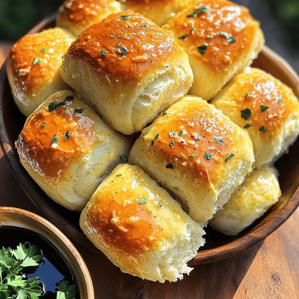To make Garlic Parmesan Pull Apart Rolls, you need a few simple ingredients. Here is the complete list of ingredients you'll require: - 3 cups all-purpose flour - 2 teaspoons instant yeast - 1 tablespoon granulated sugar - 1 teaspoon sea salt - 1 cup warm milk (ideally around 110°F) - 1/4 cup unsalted butter, melted - 1/2 cup finely grated Parmesan cheese - 4 cloves of garlic, minced - 2 tablespoons freshly chopped parsley - 2 tablespoons extra virgin olive oil These ingredients work together to create soft, tasty rolls. The all-purpose flour gives the rolls structure, while the instant yeast helps them rise. Sugar feeds the yeast, making the rolls fluffy. Warm milk and melted butter add richness and moisture. Garlic and Parmesan bring bold flavors. Fresh parsley adds a nice touch of color and taste. Using high-quality olive oil enhances the rolls' flavor even more. If you want to create a mouthwatering treat, gather these ingredients. You can find the full recipe to guide you through each step of the process. Start by pouring warm milk into a large bowl. Add the sugar and instant yeast. Stir gently. Wait about 5 minutes until the mixture becomes foamy. This foam shows the yeast is alive and ready to work. Next, add all-purpose flour and sea salt to the yeast mix. Pour in the melted butter. Stir until the dough forms. Transfer it to a floured surface and knead for 5 to 7 minutes. The dough should be smooth and elastic, bouncing back when pressed lightly. Shape the dough into a ball. Place it in a greased bowl and cover with a towel. Let it rise in a warm place for about 1 hour. While the dough rises, make the garlic Parmesan mixture. In a small bowl, mix minced garlic, grated Parmesan, chopped parsley, and olive oil. Stir well and set aside. After the dough rises, punch it down to release air bubbles. Divide it into 12 equal pieces. Shape each piece into a ball. Dip each ball into the garlic Parmesan mixture. Make sure each one is coated well. Arrange the coated dough balls in a greased baking dish or bundt pan. Stack them nicely. Cover the dish with a towel and let it rise for another 30 minutes. Preheat your oven to 350°F (175°C). Bake the rolls for 25 to 30 minutes. They should turn golden brown on top. After baking, brush any leftover garlic mixture over the rolls. Let them cool for a few minutes before serving. For the full recipe, refer to the complete list of instructions above. To make your rolls rise well, keep them in a warm place. Yeast loves warmth. A draft-free area works best. You can use your oven with just the light on. This gives a nice warm spot. Look for signs that the dough has risen. It should double in size. When you poke it, the dough should spring back slowly. If it stays down, it needs more time. Adjusting the garlic and cheese levels can change the taste. If you love garlic, feel free to add more. If you want a milder flavor, cut back. Using fresh herbs like parsley or basil adds great taste. Fresh herbs brighten the rolls. You can mix them into the garlic and cheese mix for more flavor. Enjoy the rolls warm, fresh from the oven. They are great on their own. You can also serve them with a small bowl of olive oil. A touch of balsamic vinegar works well too. These rolls pair well with soups or salads. They make a perfect side for a cozy dinner. For a fun twist, serve with marinara sauce for dipping. {{image_4}} You can switch up the cheese in your rolls. Using mozzarella gives a gooey texture that melts nicely. Cheddar adds a sharp flavor that kids love. Mixing cheeses can create a unique taste. Try combining Parmesan with mozzarella or cheddar for extra richness. Each cheese brings its own flair to the rolls. Want to spice things up? Add fresh herbs like rosemary or thyme. These herbs give a lovely aroma and depth of flavor. You can also sprinkle in some red pepper flakes for a kick. Mixing in spices like paprika or garlic powder can enhance the taste. Don't be afraid to experiment with flavors you enjoy. For gluten-free rolls, swap all-purpose flour with a gluten-free blend. This change requires some tweaks. You might need to add extra liquid for the right dough consistency. Always check your baking powder and yeast to ensure they are gluten-free. Your gluten-free rolls can still be soft, tasty, and perfect for sharing. For the full recipe and more detailed steps, check out the [Full Recipe]. To keep your garlic Parmesan pull apart rolls fresh for a few days, store them in an airtight container. This helps keep moisture in and prevents the rolls from drying out. You can also wrap them in plastic wrap or foil. Avoid placing them in the fridge, as this can make them tough. If you have leftovers, freezing is a great option. Wrap each roll in plastic wrap, then place them in a freezer bag. They can last up to three months in the freezer. When you're ready to enjoy them again, thaw the rolls in the fridge overnight. To reheat for the best taste, pop them in a 350°F oven for about 10-15 minutes until warm. When reheating, consider wrapping the rolls in foil. This keeps them soft and warm. To maintain texture, avoid using the microwave, which can make them soggy. Instead, reheating in the oven helps keep that lovely crispness on the outside while staying soft inside. Enjoy your rolls just like fresh! To make these rolls, follow these easy steps: 1. Pour warm milk into a large bowl. Add sugar and instant yeast. Stir and let it sit for 5 minutes. 2. Gradually mix in flour and salt. Add melted butter. Stir until a soft dough forms. 3. Knead the dough on a floured surface for 5-7 minutes. It should feel smooth and elastic. 4. Shape the dough into a ball. Place it in a greased bowl. Cover it with a towel and let it rise for 1 hour. 5. While the dough rises, mix minced garlic, grated Parmesan, parsley, and olive oil in a bowl. 6. After rising, punch down the dough. Divide it into 12 equal balls. 7. Dip each ball into the garlic Parmesan mix. Coat them well. 8. Place the balls in a greased bundt pan or round dish. Stack them nicely. 9. Cover and let them rise for another 30 minutes. 10. Preheat the oven to 350°F. Bake the rolls for 25-30 minutes until golden brown. 11. Brush any leftover garlic mix on top and serve warm. Yes, you can prepare these rolls ahead of time. Here are some options: - Dough Preparation: You can make the dough earlier. Chill it in the fridge after the first rise. Take it out and let it warm up before shaping. - Shaped Rolls: Shape the rolls and place them in the baking dish. Cover and refrigerate overnight. Let them rise before baking. - Baked Rolls: Bake the rolls and store them in an airtight container. They stay fresh for a few days at room temperature. If you need a cheese substitute, here are some options: - Mozzarella: It melts well and adds a nice stretch. - Cheddar: Sharp cheddar gives a bold flavor. - Asiago: It has a similar taste to Parmesan and works well in this recipe. To keep the flavor consistent, try to use cheese with a strong taste. Adjust the amount to your liking for the best results. You now have all the tools to make delicious Garlic Parmesan Pull Apart Rolls. We covered essential ingredients, provided clear steps, and offered helpful tips. Remember, adjusting flavors and exploring variations can enhance your rolls. Whether you store them short-term or long-term, enjoy them later with the right reheating tips. Experiment, have fun, and enjoy the mouthwatering taste of your homemade rolls!