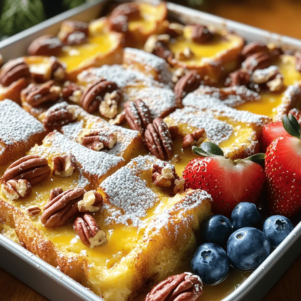 For a great Classic French Toast Casserole, you need simple and tasty ingredients. Here’s what you’ll use: - 1 loaf of rich brioche or fluffy challah bread, cut into 1-inch cubes - 6 large eggs, room temperature - 2 cups whole milk - 1 cup heavy cream - 1/2 cup granulated sugar - 1 tablespoon pure vanilla extract - 1 teaspoon ground cinnamon - 1/4 teaspoon freshly grated nutmeg (or ground nutmeg) - 1/4 teaspoon fine sea salt - 1/2 cup pure maple syrup (plus additional for serving) These ingredients create a creamy, sweet base that fills your kitchen with aroma. You can make your casserole even better with a few add-ins. Try these: - 1/2 cup chopped pecans or walnuts for a crunchy texture - 1/2 cup chocolate chips for a sweet twist - 1/2 cup diced apples or bananas for a fruity touch These add-ins let you customize the casserole to your taste. Adding nuts or fruit makes each bite special. Once your casserole is baked, it’s time to serve it with delicious toppings. Here are my favorites: - A light dusting of powdered sugar for a sweet finish - Fresh berries like strawberries and blueberries for color and flavor - A drizzle of pure maple syrup for extra sweetness These toppings enhance the look and taste of your dish. You can mix and match them to please everyone at the table. For the full recipe, check out the detailed instructions above. Start by preheating your oven to 350°F (175°C). This step is key for a perfect bake. Next, take a 9x13-inch baking dish and grease it well with butter or non-stick spray. This helps the casserole come out easily. In a large bowl, whisk together the eggs, milk, heavy cream, sugar, vanilla, cinnamon, nutmeg, and salt. Mix until it looks nice and frothy. Now, take your loaf of brioche or challah bread and cut it into 1-inch cubes. Toss these cubes into the greased dish, spreading them out evenly. Carefully pour your egg mixture over the bread, making sure each piece gets soaked. If you want, sprinkle chopped pecans or walnuts on top for a nice crunch. Cover the dish with plastic wrap and let it chill in the fridge. It’s best to let it sit for at least 2 hours or even overnight. This time allows the bread to soak up all that sweet egg mixture. When you are ready to bake, take the dish out of the fridge. Let the casserole sit at room temperature for about 15 minutes while the oven preheats. Once the oven is hot, place the uncovered casserole inside. Bake it for 45-50 minutes. You want it to be puffed and golden brown on top. If the top browns too fast, you can loosely cover it with foil during the last 15 minutes. After baking, let the casserole cool for a few minutes. This helps set it a bit more. Before serving, dust the top with powdered sugar for a lovely touch. Serve warm with a drizzle of maple syrup and a handful of fresh berries like strawberries and blueberries. This adds color and extra flavor, making your dish look as good as it tastes. Enjoy your Classic French Toast Casserole! For the complete recipe, check the section above. Choosing the right bread makes a big difference. I love using brioche or challah. These breads are rich and soft. They soak up the egg mixture well. You want a bread that is not too dry. A fresh loaf works best. If you can, avoid regular sandwich bread. It can get mushy and lose its shape. To get a deeper flavor, use a mix of milk and cream. Whole milk gives a nice base, but heavy cream adds richness. You can also try adding a splash of orange juice or zest. It brightens the dish and adds a nice twist. Don't skip on the spices either. A touch of nutmeg and cinnamon goes a long way. They bring warmth and depth to every bite! One common mistake is not letting the bread soak long enough. If you rush this step, the bread can be too dry. It’s best to let it chill in the fridge for at least two hours or overnight. Another mistake is baking at too high a temperature. Keep your oven at 350°F for even cooking. Lastly, don't forget to cover the casserole. Use foil for the last part of baking to avoid burning the top. For the full recipe, check out the details above! {{image_4}} If you need a nut-free version of this dish, skip the nuts. You can replace them with seeds, like sunflower or pumpkin seeds. These add crunch without the nut allergy risk. You can also use oat milk instead of whole milk for a nut-free base. This ensures everyone can enjoy it. To add a sweet twist, you can mix in chocolate chips or dried fruits like raisins or cranberries. These ingredients will give a burst of flavor. For a savory twist, try adding cooked bacon or sausage. You can also add cheese, like sharp cheddar or creamy goat cheese, for a delightful contrast. Experimenting with flavors can make this dish exciting. You can use different spices like cardamom or ginger for a warm note. Adding orange or lemon zest can brighten the dish. If you enjoy coffee, a splash of brewed coffee in the egg mixture gives a unique kick. Feel free to get creative! For the full recipe, check out the details above. To keep your leftover French toast casserole fresh, let it cool first. Place it in an airtight container. Store it in the fridge for up to three days. If you plan to eat it later, this method works best. To reheat, preheat your oven to 350°F (175°C). Place the casserole in the oven for about 20 minutes. Cover it with foil to keep it moist. For quicker reheating, you can use the microwave. Heat in short bursts, checking often, to avoid drying it out. You can freeze this casserole for later use. First, cool it fully, then wrap it tightly in plastic wrap. Place it in a freezer-safe container or bag. It can last up to two months in the freezer. When ready to eat, thaw it in the fridge overnight, then reheat. This way, you enjoy a tasty meal anytime! For the complete recipe, check out the Full Recipe. Yes, you can make this dish ahead of time. Prepare it the night before and let it chill in the fridge. This allows the bread to soak up the egg mixture fully. In the morning, just bake it right from the fridge. This saves time and makes breakfast easy. If you want a lighter option, use half-and-half or whole milk. You can also try coconut milk for a dairy-free choice. Each option will change the flavor a bit but will still give you a creamy texture. To make this casserole gluten-free, simply swap regular bread for gluten-free bread. Look for a gluten-free loaf that is soft and has a similar texture to brioche or challah. This way, you can enjoy all the flavors without worrying about gluten. For the full recipe, check out the detailed instructions and enjoy this tasty dish! Classic French Toast Casserole combines simple ingredients and easy steps for a delicious dish. You can add fun toppings and unique flavors to make it your own. Remember to choose the right bread, and avoid common mistakes for the best outcome. Whether you want a sweet or a savory twist, there are many variations to try. Store leftovers wisely, and you can enjoy it later. With these tips, you’ll create a tasty casserole that impresses at any meal!