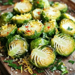 - 1 lb Brussels sprouts, trimmed and halved - 3 tablespoons extra virgin olive oil - 4 cloves garlic, finely minced - Zest of 1 large lemon - Juice of 1 fresh lemon - 1 teaspoon fine sea salt - 1/2 teaspoon freshly cracked black pepper - 1/4 teaspoon red pepper flakes (optional for an extra kick) - 2 tablespoons finely grated Parmesan cheese (optional for a cheesy touch) Selecting the right ingredients makes all the difference. For the Brussels sprouts, look for firm, bright green ones. Avoid any that are yellow or soft. I always choose high-quality extra virgin olive oil. It adds a rich flavor. Brands like California Olive Ranch or Colavita work well. For garlic, fresh is best. It has a stronger taste than pre-minced options. If you need substitutions, here are some ideas: - Use coconut oil for a different flavor. - Omit Parmesan for a vegan option. - Replace red pepper flakes with smoked paprika for warmth without heat. This is just a glimpse of how to create a flavorful dish. For the full recipe, check out the Lemon Garlic Roasted Brussels Sprouts details. Enjoy your cooking! To start, trim the ends of the Brussels sprouts and cut them in half. This helps them cook evenly. Preheat your oven to 425°F (220°C). Preheating is key for crisp Brussels sprouts. If you skip this step, they may turn out soggy instead of crisp. In a large bowl, mix the halved sprouts with olive oil, minced garlic, lemon zest, lemon juice, salt, pepper, and red pepper flakes. Make sure every sprout is coated well. This mix brings out the best flavors in the dish. Roast the Brussels sprouts in your preheated oven for 20-25 minutes. The high heat helps them caramelize beautifully. To check for doneness, look for a golden color and a tender inside. Halfway through cooking, stir the sprouts gently. This ensures they roast evenly and get that perfect crispness on all sides. For a lovely finishing touch, garnish your Brussels sprouts with extra lemon zest or a drizzle of fresh lemon juice. This adds a bright flavor. Serve them warm for the best experience. If you prefer, they can also be enjoyed at room temperature. Pair them with grilled chicken or fish for a complete meal. You can find the full recipe here to guide you through it all! Roasting Brussels sprouts can be tricky. Here are some tips to help you get it right. - Common mistakes to avoid: One big mistake is overcrowding the pan. If you pack the sprouts too tightly, they will steam instead of roast. This keeps them from getting crispy. Also, don’t skip the seasoning. Salt and pepper bring out the best flavors. - How to achieve the ideal crispiness: Start with dry Brussels sprouts. Moisture can make them soggy. Cut them in half to expose more surface area. This helps them crisp up nicely. Roasting at a high heat, like 425°F, is key. - Flavor enhancers: Feel free to mix things up! Try adding balsamic vinegar or honey for a sweet touch. Fresh herbs like thyme or rosemary can add depth. If you like heat, toss in some crushed red pepper. Having the right tools makes cooking easier. - Recommended tools: A good sharp knife is important for cutting the sprouts. A sturdy cutting board will keep things safe while you chop. - Importance of a good baking sheet: A heavy-duty baking sheet helps with even cooking. Lining it with parchment paper makes cleanup a breeze. - Benefits of using a mixing bowl with a lid: A bowl with a lid is great for tossing the sprouts. It keeps your hands clean and ensures every sprout gets coated evenly. Meal prepping can save time and effort. - How to meal prep this recipe: You can prepare the Brussels sprouts a day in advance. Just trim and halve them, then store them in the fridge. Toss them with the oil and seasonings right before cooking. - Timing and storage strategies: If you have leftovers, let them cool completely. Store them in an airtight container in the fridge. They can last for up to three days. - Best practices for reheating: To reheat, use the oven instead of the microwave. This keeps them crispy. Spread them on a baking sheet and heat at 350°F for about 10 minutes. {{image_4}} You can easily change the flavor of Lemon Garlic Roasted Brussels Sprouts. Here are some ideas: - Herbs and Spices: Try adding thyme or rosemary for a fresh taste. You can also use cumin or smoked paprika for a unique spin. - Cheese Choices: Use feta for a tangy flavor or goat cheese for creaminess. Each cheese gives a different taste and texture. - Seasonal Additions: When it’s fall, add cubed sweet potatoes for sweetness. In spring, toss in sliced apples for a crisp bite. You can make this dish fit different diets easily. Here are some options: - Vegan: Just skip the cheese and use a bit more lemon juice. The dish will still be tasty and bright. - Gluten-Free: This recipe is already gluten-free. Just make sure your ingredients are certified gluten-free. - Low-Carb or Low-Cal: Use less olive oil and skip the cheese. This will keep carbs and calories low without losing flavor. For the complete recipe and more tips, check out the Full Recipe. To store your Lemon Garlic Roasted Brussels Sprouts, use airtight containers. Glass containers work best, but plastic ones are fine too. Make sure the sprouts are cool before sealing them. This helps avoid moisture buildup. Keep Brussels sprouts fresh by placing them in the fridge. They can last about 3 to 5 days. If you want to store them longer, consider freezing. You can freeze them for up to 3 months. Just remember to let them cool completely before freezing. When reheating, the oven is the best choice. It helps keep the sprouts crispy. Preheat your oven to 375°F (190°C). Spread the Brussels sprouts on a baking sheet and heat for about 10 minutes. You can use the microwave, but be careful. It can make them soggy. If you do use the microwave, heat in short bursts. Check every 30 seconds to avoid overcooking. To prevent soggy Brussels sprouts, try these tips: - Reheat them in a single layer. - Avoid covering the container. - Use parchment paper on the baking sheet. For the full recipe, check out the details above. How long do roasted Brussels sprouts last? Roasted Brussels sprouts last about 3 to 5 days in the fridge. Store them in an airtight container to keep them fresh. Reheat them in the oven for the best texture. Can I use frozen Brussels sprouts for this recipe? Yes, you can use frozen Brussels sprouts. However, they may not get as crispy. Thaw them first and pat them dry before roasting to help with texture. What's the best way to trim Brussels sprouts? To trim Brussels sprouts, cut off the tough stem end. Remove any yellow or damaged leaves. Halve each sprout for even cooking and better flavor absorption. Why are my Brussels sprouts bitter, and how to fix it? Bitter Brussels sprouts can happen if they are overcooked. To fix this, cook them less next time. Adding a touch of sweetness, like honey or balsamic vinegar, can also help balance bitterness. What should I do if my Brussels sprouts are soggy? If your Brussels sprouts are soggy, try roasting them at a higher temperature. Make sure to spread them out on the baking sheet to allow for airflow, which helps them crisp up. How can I add more flavor to the dish? To add more flavor, consider adding smoked paprika, fresh herbs, or even a splash of soy sauce. You can also try mixing in nuts or seeds for a crunchy texture. Roasted Brussels sprouts provide fiber, vitamins C and K, and antioxidants. A serving has about 80 calories, 4 grams of fat, and 4 grams of protein. Including Brussels sprouts in your diet can support heart health and improve digestion. They are low in calories and high in nutrients, making them a great addition to any meal. In this blog post, we explored how to make delicious roasted Brussels sprouts. We discussed ingredient selection for the best flavor, cooking steps, and serving suggestions. I shared tips for perfecting your dish and variations for different diets. Remember, the right tools make a difference. Store leftovers properly and reheat them for great texture. With these insights, you can enjoy Brussels sprouts in many tasty ways. Happy cooking!