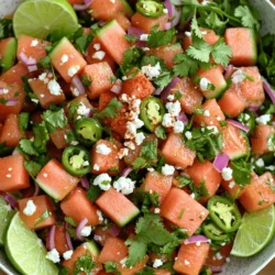 - Watermelon - Red Onion - Fresh Cilantro - Jalapeño Pepper - Lime Juice - Olive Oil - Chili Powder - Salt - Optional: Feta Cheese for Garnish To make a great Chili Lime Watermelon Salad, you need fresh ingredients. Start with ripe watermelon. It should be sweet and juicy. Next, use red onion for a bit of sharpness. Fresh cilantro adds a nice touch of green flavor. For heat, add jalapeño pepper. If you like it mild, remove the seeds. Lime juice brings in a tangy taste that brightens the dish. Olive oil helps blend the flavors. Chili powder adds warmth and a kick. Don't forget to season with salt to balance everything. If you want something creamy, sprinkle some feta cheese on top. It’s optional but adds a nice touch. This dish is colorful and full of fresh tastes that make it exciting. - Mixing Bowl - Whisk - Cutting Board - Knife - Serving Bowl Using the right tools helps make the cooking process easy. A mixing bowl is key for combining all your ingredients. A whisk helps mix the dressing smoothly. You will need a cutting board and knife to chop the watermelon, onion, and cilantro. Finally, use a serving bowl to show off your beautiful salad. These tools will make your cooking time fun and simple. For the full recipe, check out the details above. Enjoy making this fresh and flavorful dish! Combining the Main Ingredients Start by cutting the watermelon into bite-sized cubes. Use about 4 cups of watermelon for this salad. Next, finely dice 1/2 cup of red onion. Chop 1/4 cup of fresh cilantro. For some heat, slice 1 jalapeño pepper, but remember to remove the seeds if you want a milder taste. Place all these ingredients in a large mixing bowl. Use a spoon to mix them gently, so they mix well without crushing the watermelon. Mixing the Dressing In a small bowl, whisk together 2 tablespoons of fresh lime juice, 1 tablespoon of extra virgin olive oil, and 1 teaspoon of chili powder. Add a pinch of salt. Mix until the dressing is smooth and well-blended. This adds a zesty kick to the salad. Tossing the Salad Drizzle the dressing over the watermelon mixture. Gently toss everything together. Make sure each piece of watermelon is coated in the dressing. This step makes each bite flavorful. Seasoning to Taste After tossing, taste the salad. You may want to add more salt or chili powder. This is a great chance to adjust the flavors to suit your taste. Stir again to mix in any changes. Flavor Resting Period Let the salad rest for about 10 minutes. This short wait allows the flavors to blend. You will notice a big difference in taste after letting it sit. Presentation Ideas When you're ready to serve, think about how to make it look nice. Serve the salad in a bright bowl or in individual cups. This adds a fun touch to your meal. You can also garnish it with extra cilantro leaves and lime wedges for color. Garnishing with Feta Cheese Before serving, sprinkle crumbled feta cheese over the top. This adds a creamy finish. It pairs well with the fresh fruits and herbs, making the salad even better. Enjoy your Chili Lime Watermelon Salad! For the full recipe, check out the details above. Ripeness Indicators To find a great watermelon, look for a few signs. First, check the color. A ripe watermelon has a dark green hue. Look for a spot where it touched the ground; it should be yellow or cream. Next, tap the watermelon with your fingers. If it sounds hollow, it’s ripe. Finally, feel its weight. A heavier watermelon means it has more water inside. Choosing the Right Size Size matters when picking a watermelon. A medium to large watermelon works best for this salad. Smaller ones may lack taste, while very large ones can be too watery. Aim for one that feels full and heavy. This ensures you get the most flavor in your salad. Adjusting Heat Levels If you want more spice, add more jalapeño or chili powder. You can also leave the seeds in the jalapeño for extra heat. For a milder version, use less chili powder and remove all the seeds. Adjusting the heat makes the salad perfect for everyone's taste. Alternative Dressing Ideas While lime juice and olive oil are great, feel free to switch it up! Try adding a splash of orange juice for sweetness. You could also use a bit of honey for a sweet twist. These changes can take your salad to new flavor heights. Best Times to Serve Chili lime watermelon salad shines in warm weather. Serve it at picnics, barbecues, or summer parties. It is a refreshing side dish that pairs well with grilled meats. Enjoy it as a light lunch or a snack on hot days. Pairing Suggestions This salad goes well with many dishes. It pairs nicely with grilled chicken, fish, or tacos. Add it to a platter with other fresh items like corn salad or guacamole. The bright flavors of the salad enhance any meal. For the complete recipe, please refer to the [Full Recipe]. {{image_4}} Using Other Fruits You can swap watermelon with other fruits. Try mango for sweetness. Pineapple adds a tropical twist. Or use cantaloupe for a milder flavor. Each fruit brings its own unique taste. Mix and match to find your favorite. Herb Alternatives Cilantro is great, but other herbs work too. Mint gives a fresh kick. Basil adds a sweet touch. Use whatever you like best. Just be sure to chop the herbs finely for good flavor. Adding Avocado Avocado makes this salad creamy. It pairs well with the crisp watermelon. Cut the avocado into small cubes. Gently mix it in to keep it whole. This twist adds richness to each bite. Incorporating Nuts or Seeds Nuts or seeds add crunch. Try pumpkin seeds for a nutty flavor. Chopped almonds also work well. Sprinkle them on top before serving. This variation adds a fun texture contrast. Individual Cups For a fun presentation, serve in individual cups. Use small clear cups to show off the colors. Guests can grab their own portion easily. This style works great for parties or picnics. Party Platter Ideas A large platter is perfect for sharing. Arrange the salad in a colorful circle. Garnish with lime wedges to brighten it up. This style invites everyone to dig in together. To keep your Chili Lime Watermelon Salad fresh, store it in the fridge right away. Place the salad in an airtight container. This helps keep the flavors and textures intact. If you have leftover dressing, store it separately. This way, it won’t make the salad soggy. You can enjoy your leftovers for up to three days. After that, the salad may lose its crispness. For the best taste, eat it sooner rather than later. When you take the salad out of the fridge, give it a gentle stir. This helps revive the flavors. If it looks watery, use a slotted spoon to serve. This keeps the salad from being too soggy. If you want to brighten it up again, squeeze a bit of fresh lime juice on top. This simple step makes it taste fresh and vibrant again. To make this salad, follow these simple steps: 1. Combine Ingredients: In a big bowl, mix 4 cups of watermelon cubes, 1/2 cup diced red onion, 1/4 cup chopped cilantro, and 1 sliced jalapeño. Stir gently to mix well. 2. Make the Dressing: In a small bowl, whisk together 2 tablespoons of lime juice, 1 tablespoon of olive oil, 1 teaspoon of chili powder, and a pinch of salt until smooth. 3. Dress the Salad: Pour the dressing over the watermelon mix. Toss everything gently so each piece gets coated. 4. Taste and Adjust: Try the salad. Add more salt or chili powder if needed, and stir again. 5. Let it Rest: Allow the salad to sit for about 10 minutes. This helps the flavors blend. 6. Serve: Before serving, sprinkle crumbled feta cheese on top for extra flavor, if you like. Yes, you can make this salad in advance. Here are some tips: - Prep Ahead: You can chop the watermelon, onion, and cilantro a few hours beforehand. Store them in the fridge until you are ready to mix. - Make the Dressing: You can prepare the dressing ahead of time as well. Keep it in a sealed container in the fridge. - Mix Right Before Serving: Combine everything just before you serve. This keeps the salad fresh and crunchy. This salad pairs well with many dishes. Here are some ideas: - Grilled Meats: Serve it alongside grilled chicken or steak for a fresh contrast. - Tacos: It also goes great with tacos or burritos. The flavors balance nicely. - Picnic Dish: Bring it to a picnic. It’s refreshing and easy to share. - Enjoy Alone: You can simply enjoy it as a light snack on a hot day! For the full recipe of this delicious salad, check the [Full Recipe]. This blog post covered how to make a refreshing chili lime watermelon salad. We explored essential ingredients, tools, and step-by-step instructions. I shared tips for perfect flavor and various serving styles. Remember to adjust the heat and try different fruits for variety. Freshness is key, so store leftovers well. Enjoy this salad as a side or main dish! It’s a crowd-pleaser perfect for warm days. You’ll love how easy and delicious it is. Happy cooking!