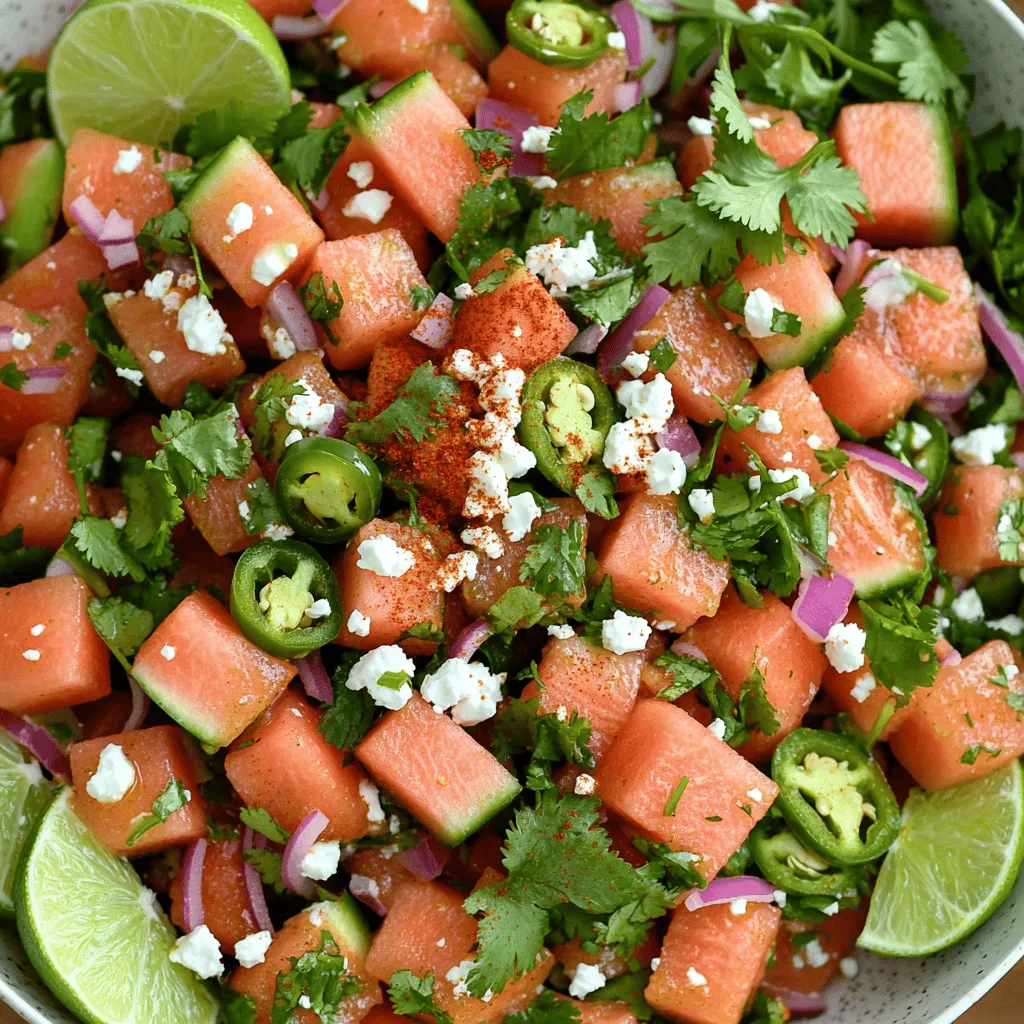 - Watermelon - Red Onion - Fresh Cilantro - Jalapeño Pepper - Lime Juice - Olive Oil - Chili Powder - Salt - Optional: Feta Cheese for Garnish To make a great Chili Lime Watermelon Salad, you need fresh ingredients. Start with ripe watermelon. It should be sweet and juicy. Next, use red onion for a bit of sharpness. Fresh cilantro adds a nice touch of green flavor. For heat, add jalapeño pepper. If you like it mild, remove the seeds. Lime juice brings in a tangy taste that brightens the dish. Olive oil helps blend the flavors. Chili powder adds warmth and a kick. Don't forget to season with salt to balance everything. If you want something creamy, sprinkle some feta cheese on top. It’s optional but adds a nice touch. This dish is colorful and full of fresh tastes that make it exciting. - Mixing Bowl - Whisk - Cutting Board - Knife - Serving Bowl Using the right tools helps make the cooking process easy. A mixing bowl is key for combining all your ingredients. A whisk helps mix the dressing smoothly. You will need a cutting board and knife to chop the watermelon, onion, and cilantro. Finally, use a serving bowl to show off your beautiful salad. These tools will make your cooking time fun and simple. For the full recipe, check out the details above. Enjoy making this fresh and flavorful dish! Combining the Main Ingredients Start by cutting the watermelon into bite-sized cubes. Use about 4 cups of watermelon for this salad. Next, finely dice 1/2 cup of red onion. Chop 1/4 cup of fresh cilantro. For some heat, slice 1 jalapeño pepper, but remember to remove the seeds if you want a milder taste. Place all these ingredients in a large mixing bowl. Use a spoon to mix them gently, so they mix well without crushing the watermelon. Mixing the Dressing In a small bowl, whisk together 2 tablespoons of fresh lime juice, 1 tablespoon of extra virgin olive oil, and 1 teaspoon of chili powder. Add a pinch of salt. Mix until the dressing is smooth and well-blended. This adds a zesty kick to the salad. Tossing the Salad Drizzle the dressing over the watermelon mixture. Gently toss everything together. Make sure each piece of watermelon is coated in the dressing. This step makes each bite flavorful. Seasoning to Taste After tossing, taste the salad. You may want to add more salt or chili powder. This is a great chance to adjust the flavors to suit your taste. Stir again to mix in any changes. Flavor Resting Period Let the salad rest for about 10 minutes. This short wait allows the flavors to blend. You will notice a big difference in taste after letting it sit. Presentation Ideas When you're ready to serve, think about how to make it look nice. Serve the salad in a bright bowl or in individual cups. This adds a fun touch to your meal. You can also garnish it with extra cilantro leaves and lime wedges for color. Garnishing with Feta Cheese Before serving, sprinkle crumbled feta cheese over the top. This adds a creamy finish. It pairs well with the fresh fruits and herbs, making the salad even better. Enjoy your Chili Lime Watermelon Salad! For the full recipe, check out the details above. Ripeness Indicators To find a great watermelon, look for a few signs. First, check the color. A ripe watermelon has a dark green hue. Look for a spot where it touched the ground; it should be yellow or cream. Next, tap the watermelon with your fingers. If it sounds hollow, it’s ripe. Finally, feel its weight. A heavier watermelon means it has more water inside. Choosing the Right Size Size matters when picking a watermelon. A medium to large watermelon works best for this salad. Smaller ones may lack taste, while very large ones can be too watery. Aim for one that feels full and heavy. This ensures you get the most flavor in your salad. Adjusting Heat Levels If you want more spice, add more jalapeño or chili powder. You can also leave the seeds in the jalapeño for extra heat. For a milder version, use less chili powder and remove all the seeds. Adjusting the heat makes the salad perfect for everyone's taste. Alternative Dressing Ideas While lime juice and olive oil are great, feel free to switch it up! Try adding a splash of orange juice for sweetness. You could also use a bit of honey for a sweet twist. These changes can take your salad to new flavor heights. Best Times to Serve Chili lime watermelon salad shines in warm weather. Serve it at picnics, barbecues, or summer parties. It is a refreshing side dish that pairs well with grilled meats. Enjoy it as a light lunch or a snack on hot days. Pairing Suggestions This salad goes well with many dishes. It pairs nicely with grilled chicken, fish, or tacos. Add it to a platter with other fresh items like corn salad or guacamole. The bright flavors of the salad enhance any meal. For the complete recipe, please refer to the [Full Recipe]. {{image_4}} Using Other Fruits You can swap watermelon with other fruits. Try mango for sweetness. Pineapple adds a tropical twist. Or use cantaloupe for a milder flavor. Each fruit brings its own unique taste. Mix and match to find your favorite. Herb Alternatives Cilantro is great, but other herbs work too. Mint gives a fresh kick. Basil adds a sweet touch. Use whatever you like best. Just be sure to chop the herbs finely for good flavor. Adding Avocado Avocado makes this salad creamy. It pairs well with the crisp watermelon. Cut the avocado into small cubes. Gently mix it in to keep it whole. This twist adds richness to each bite. Incorporating Nuts or Seeds Nuts or seeds add crunch. Try pumpkin seeds for a nutty flavor. Chopped almonds also work well. Sprinkle them on top before serving. This variation adds a fun texture contrast. Individual Cups For a fun presentation, serve in individual cups. Use small clear cups to show off the colors. Guests can grab their own portion easily. This style works great for parties or picnics. Party Platter Ideas A large platter is perfect for sharing. Arrange the salad in a colorful circle. Garnish with lime wedges to brighten it up. This style invites everyone to dig in together. To keep your Chili Lime Watermelon Salad fresh, store it in the fridge right away. Place the salad in an airtight container. This helps keep the flavors and textures intact. If you have leftover dressing, store it separately. This way, it won’t make the salad soggy. You can enjoy your leftovers for up to three days. After that, the salad may lose its crispness. For the best taste, eat it sooner rather than later. When you take the salad out of the fridge, give it a gentle stir. This helps revive the flavors. If it looks watery, use a slotted spoon to serve. This keeps the salad from being too soggy. If you want to brighten it up again, squeeze a bit of fresh lime juice on top. This simple step makes it taste fresh and vibrant again. To make this salad, follow these simple steps: 1. Combine Ingredients: In a big bowl, mix 4 cups of watermelon cubes, 1/2 cup diced red onion, 1/4 cup chopped cilantro, and 1 sliced jalapeño. Stir gently to mix well. 2. Make the Dressing: In a small bowl, whisk together 2 tablespoons of lime juice, 1 tablespoon of olive oil, 1 teaspoon of chili powder, and a pinch of salt until smooth. 3. Dress the Salad: Pour the dressing over the watermelon mix. Toss everything gently so each piece gets coated. 4. Taste and Adjust: Try the salad. Add more salt or chili powder if needed, and stir again. 5. Let it Rest: Allow the salad to sit for about 10 minutes. This helps the flavors blend. 6. Serve: Before serving, sprinkle crumbled feta cheese on top for extra flavor, if you like. Yes, you can make this salad in advance. Here are some tips: - Prep Ahead: You can chop the watermelon, onion, and cilantro a few hours beforehand. Store them in the fridge until you are ready to mix. - Make the Dressing: You can prepare the dressing ahead of time as well. Keep it in a sealed container in the fridge. - Mix Right Before Serving: Combine everything just before you serve. This keeps the salad fresh and crunchy. This salad pairs well with many dishes. Here are some ideas: - Grilled Meats: Serve it alongside grilled chicken or steak for a fresh contrast. - Tacos: It also goes great with tacos or burritos. The flavors balance nicely. - Picnic Dish: Bring it to a picnic. It’s refreshing and easy to share. - Enjoy Alone: You can simply enjoy it as a light snack on a hot day! For the full recipe of this delicious salad, check the [Full Recipe]. This blog post covered how to make a refreshing chili lime watermelon salad. We explored essential ingredients, tools, and step-by-step instructions. I shared tips for perfect flavor and various serving styles. Remember to adjust the heat and try different fruits for variety. Freshness is key, so store leftovers well. Enjoy this salad as a side or main dish! It’s a crowd-pleaser perfect for warm days. You’ll love how easy and delicious it is. Happy cooking!