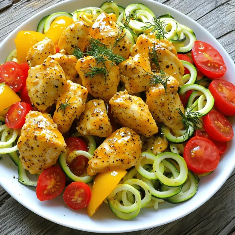 For this dish, you need simple and fresh ingredients. Here is what you will use: - 2 boneless, skinless chicken breasts, diced into bite-sized pieces - 1 cup dill pickle juice - 1 tablespoon ranch seasoning mix - 2 medium zucchini, spiralized into zoodles - 1 bell pepper, sliced - 1 cup cherry tomatoes, halved - 2 tablespoons olive oil, divided - 1 teaspoon garlic powder - 1/2 teaspoon black pepper - Fresh dill sprigs, for garnish Each ingredient adds its own flavor. The chicken brings protein, while zoodles keep it light. The ranch adds a creamy taste, and the pickle juice gives it a tangy kick. You can add more to this dish for extra flavor. Consider these options: - Red pepper flakes for heat - Green onions for freshness - Lemon juice for brightness - Parmesan cheese for a cheesy touch Feel free to mix and match. These extras can make your meal even more special. You may not have all ingredients on hand. Here are some easy swaps: - Chicken can be replaced with turkey or tofu for a vegetarian option. - Zoodles can be swapped for other veggies like spaghetti squash or carrots. - Ranch seasoning can be homemade with herbs and spices if needed. These substitutions keep the dish delicious. Don’t hesitate to get creative with what you have. For the full recipe, check out the complete guide above! First, gather your ingredients. Start by taking 2 boneless, skinless chicken breasts. Dice them into bite-sized pieces. In a medium bowl, mix the chicken with 1 cup of dill pickle juice. Make sure the chicken is fully covered. Cover the bowl with plastic wrap. Place it in the fridge for at least 30 minutes. This step is key for adding flavor. After marinating, take the chicken out of the pickle juice. Discard the marinade. Heat a large skillet over medium-high heat. Add 1 tablespoon of olive oil to the pan. Once hot, add the chicken pieces. Sprinkle 1 tablespoon of ranch seasoning mix over the chicken. Cook for about 6 to 8 minutes. You want the chicken to turn golden brown and be cooked through. When done, transfer the chicken to a plate. Set it aside for later. In the same skillet, pour in another tablespoon of olive oil. Heat it up, then add the sliced bell pepper. Sauté for 3 to 4 minutes until it softens. Now, add the spiralized zucchini and halved cherry tomatoes. Season with 1 teaspoon of garlic powder and 1/2 teaspoon of black pepper. Toss everything gently in the skillet. Cook for 2 to 3 more minutes. The zoodles should be tender yet still crisp. Next, return the cooked chicken to the skillet. Stir everything together well. Let it cook for another 1 to 2 minutes. This helps the flavors mix. Once done, remove the skillet from the heat. Garnish your dish with fresh dill sprigs. Serve warm and enjoy your pickle ranch chicken over zoodles. For the complete recipe, check out the Full Recipe. Marinating chicken adds flavor and moisture. Use dill pickle juice for a tangy taste. I recommend marinating your chicken for at least 30 minutes. This time helps the chicken soak in the pickle flavor. You can marinate for longer if you want a stronger taste. Just keep it in the fridge. Always use a covered bowl to prevent spills and keep it fresh. Zoodles can be tricky to cook right. Start by spiralizing fresh zucchini for the best texture. Avoid overcooking zoodles to keep them crisp. Sauté them for just 2-3 minutes. They should be tender but still have a bite. Toss them with the other veggies to mix flavors. This will keep them from getting too soft. For a full meal, serve your pickle ranch chicken over zoodles. Add a side salad for extra crunch and freshness. You can also serve it with crusty bread to soak up the juices. If you want more flavor, sprinkle feta cheese or crushed red pepper on top. Fresh dill as a garnish adds a nice touch too. Check out the Full Recipe for more ideas to enjoy this dish! {{image_4}} You can switch up the veggies in your stir fry. Try using broccoli or snap peas for a crunchy twist. Carrots also add a nice color and sweetness. If you like greens, toss in some spinach or kale. Each veggie brings its own taste and texture, making your dish unique. If you want to change the protein, consider tofu or tempeh for a plant-based option. Shrimp can also work well if you enjoy seafood. For a heartier choice, use beef or pork. Just make sure to adjust the cooking time for each protein type. Experiment with spices to change the flavor. Add chili flakes for heat or paprika for smokiness. If you prefer a zestier taste, try lemon pepper or garlic herb blends. You can also mix in some soy sauce or sriracha for an Asian flair. Each seasoning creates a new taste adventure in your dish. For the full recipe, check the earlier section. After enjoying your Pickle Ranch Chicken and Zoodle Stir Fry, store any leftovers in an airtight container. This keeps your dish fresh. Make sure to let it cool down before sealing it. You can keep it in the fridge for up to three days. If you know you won't eat it soon, consider freezing it. To reheat, use a skillet on low heat. Add a splash of water or broth to keep the zoodles moist. Stir gently until everything is heated through. You can also use a microwave. Warm it in 30-second intervals, stirring in between. This way, it won’t dry out. If you want to freeze your stir fry, separate the chicken and zoodles. The chicken can freeze well for up to three months. Use a freezer-safe bag or container. Zoodles do not freeze well since they can get mushy. Consider storing just the chicken for a quick meal later. For full details on making this dish, check the Full Recipe. To make this dish, start by marinating the chicken. Mix diced chicken with dill pickle juice in a bowl. Let it sit for at least 30 minutes. This step adds a tangy flavor. Next, heat olive oil in a skillet and cook the chicken with ranch seasoning until golden. Then, stir fry bell pepper, zoodles, and cherry tomatoes. Season with garlic powder and black pepper. Finally, combine everything in the skillet and serve it warm. For the full recipe, check out the details provided earlier. This dish pairs well with many sides. Try serving it with a fresh salad or crusty bread. You can also add a side of rice or quinoa for more texture. For a low-carb option, serve with steamed broccoli or cauliflower rice. These options will complement the flavors while adding nutrition. Yes, you can prepare this recipe in advance. Marinate the chicken a day before. This helps the flavors develop even more. You can also chop the vegetables ahead of time. Store them in airtight containers in the fridge. When ready to cook, just stir fry and combine everything. Absolutely! Pickle ranch chicken and zoodle stir fry is great for meal prep. You can store it in meal prep containers. Keep the chicken and veggies separate if you prefer. It stays fresh for up to four days in the fridge. Just reheat and enjoy a quick, healthy meal. In this blog post, we explored how to make a tasty Pickle Ranch Chicken and Zoodle Stir Fry. We covered key ingredients and optional add-ins for extra flavor. I shared step-by-step cooking instructions to guide you. You learned tips for marinating and cooking chicken, plus how to perfect your zoodles. We also looked at some fun variations and how to store leftovers. This dish is versatile and perfect for meal prep. Dive into cooking, and enjoy a delicious meal!