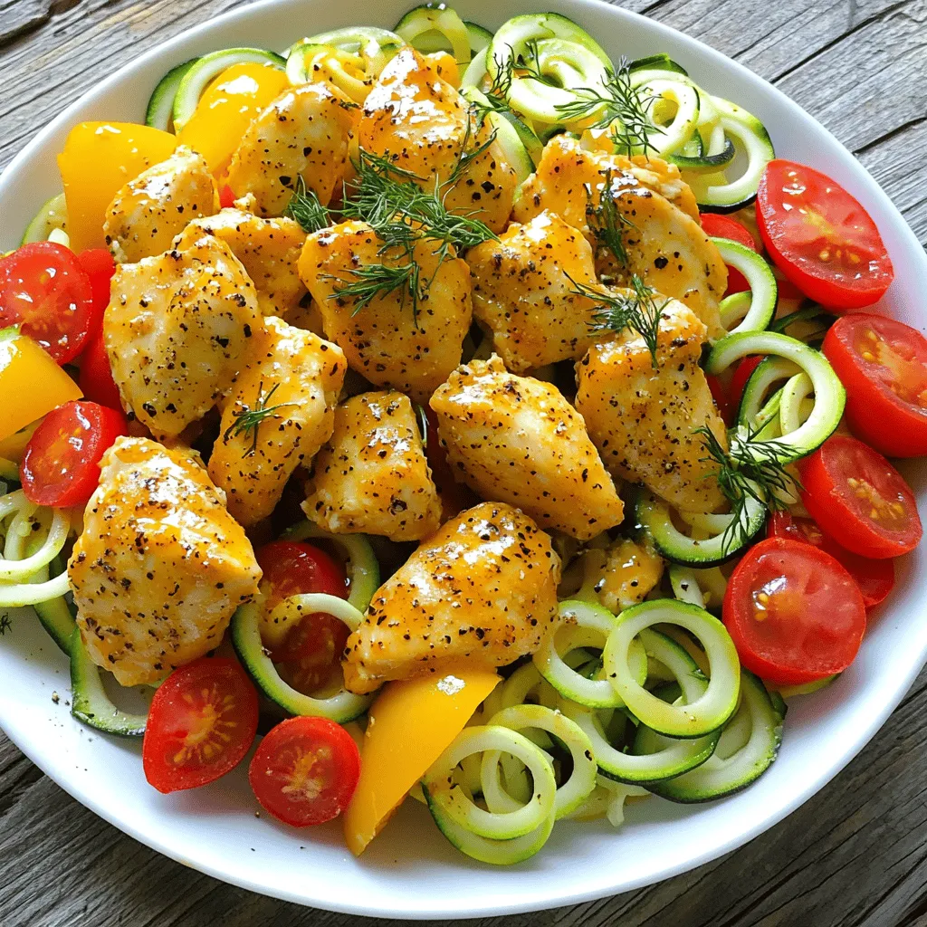 For this dish, you need simple and fresh ingredients. Here is what you will use: - 2 boneless, skinless chicken breasts, diced into bite-sized pieces - 1 cup dill pickle juice - 1 tablespoon ranch seasoning mix - 2 medium zucchini, spiralized into zoodles - 1 bell pepper, sliced - 1 cup cherry tomatoes, halved - 2 tablespoons olive oil, divided - 1 teaspoon garlic powder - 1/2 teaspoon black pepper - Fresh dill sprigs, for garnish Each ingredient adds its own flavor. The chicken brings protein, while zoodles keep it light. The ranch adds a creamy taste, and the pickle juice gives it a tangy kick. You can add more to this dish for extra flavor. Consider these options: - Red pepper flakes for heat - Green onions for freshness - Lemon juice for brightness - Parmesan cheese for a cheesy touch Feel free to mix and match. These extras can make your meal even more special. You may not have all ingredients on hand. Here are some easy swaps: - Chicken can be replaced with turkey or tofu for a vegetarian option. - Zoodles can be swapped for other veggies like spaghetti squash or carrots. - Ranch seasoning can be homemade with herbs and spices if needed. These substitutions keep the dish delicious. Don’t hesitate to get creative with what you have. For the full recipe, check out the complete guide above! First, gather your ingredients. Start by taking 2 boneless, skinless chicken breasts. Dice them into bite-sized pieces. In a medium bowl, mix the chicken with 1 cup of dill pickle juice. Make sure the chicken is fully covered. Cover the bowl with plastic wrap. Place it in the fridge for at least 30 minutes. This step is key for adding flavor. After marinating, take the chicken out of the pickle juice. Discard the marinade. Heat a large skillet over medium-high heat. Add 1 tablespoon of olive oil to the pan. Once hot, add the chicken pieces. Sprinkle 1 tablespoon of ranch seasoning mix over the chicken. Cook for about 6 to 8 minutes. You want the chicken to turn golden brown and be cooked through. When done, transfer the chicken to a plate. Set it aside for later. In the same skillet, pour in another tablespoon of olive oil. Heat it up, then add the sliced bell pepper. Sauté for 3 to 4 minutes until it softens. Now, add the spiralized zucchini and halved cherry tomatoes. Season with 1 teaspoon of garlic powder and 1/2 teaspoon of black pepper. Toss everything gently in the skillet. Cook for 2 to 3 more minutes. The zoodles should be tender yet still crisp. Next, return the cooked chicken to the skillet. Stir everything together well. Let it cook for another 1 to 2 minutes. This helps the flavors mix. Once done, remove the skillet from the heat. Garnish your dish with fresh dill sprigs. Serve warm and enjoy your pickle ranch chicken over zoodles. For the complete recipe, check out the Full Recipe. Marinating chicken adds flavor and moisture. Use dill pickle juice for a tangy taste. I recommend marinating your chicken for at least 30 minutes. This time helps the chicken soak in the pickle flavor. You can marinate for longer if you want a stronger taste. Just keep it in the fridge. Always use a covered bowl to prevent spills and keep it fresh. Zoodles can be tricky to cook right. Start by spiralizing fresh zucchini for the best texture. Avoid overcooking zoodles to keep them crisp. Sauté them for just 2-3 minutes. They should be tender but still have a bite. Toss them with the other veggies to mix flavors. This will keep them from getting too soft. For a full meal, serve your pickle ranch chicken over zoodles. Add a side salad for extra crunch and freshness. You can also serve it with crusty bread to soak up the juices. If you want more flavor, sprinkle feta cheese or crushed red pepper on top. Fresh dill as a garnish adds a nice touch too. Check out the Full Recipe for more ideas to enjoy this dish! {{image_4}} You can switch up the veggies in your stir fry. Try using broccoli or snap peas for a crunchy twist. Carrots also add a nice color and sweetness. If you like greens, toss in some spinach or kale. Each veggie brings its own taste and texture, making your dish unique. If you want to change the protein, consider tofu or tempeh for a plant-based option. Shrimp can also work well if you enjoy seafood. For a heartier choice, use beef or pork. Just make sure to adjust the cooking time for each protein type. Experiment with spices to change the flavor. Add chili flakes for heat or paprika for smokiness. If you prefer a zestier taste, try lemon pepper or garlic herb blends. You can also mix in some soy sauce or sriracha for an Asian flair. Each seasoning creates a new taste adventure in your dish. For the full recipe, check the earlier section. After enjoying your Pickle Ranch Chicken and Zoodle Stir Fry, store any leftovers in an airtight container. This keeps your dish fresh. Make sure to let it cool down before sealing it. You can keep it in the fridge for up to three days. If you know you won't eat it soon, consider freezing it. To reheat, use a skillet on low heat. Add a splash of water or broth to keep the zoodles moist. Stir gently until everything is heated through. You can also use a microwave. Warm it in 30-second intervals, stirring in between. This way, it won’t dry out. If you want to freeze your stir fry, separate the chicken and zoodles. The chicken can freeze well for up to three months. Use a freezer-safe bag or container. Zoodles do not freeze well since they can get mushy. Consider storing just the chicken for a quick meal later. For full details on making this dish, check the Full Recipe. To make this dish, start by marinating the chicken. Mix diced chicken with dill pickle juice in a bowl. Let it sit for at least 30 minutes. This step adds a tangy flavor. Next, heat olive oil in a skillet and cook the chicken with ranch seasoning until golden. Then, stir fry bell pepper, zoodles, and cherry tomatoes. Season with garlic powder and black pepper. Finally, combine everything in the skillet and serve it warm. For the full recipe, check out the details provided earlier. This dish pairs well with many sides. Try serving it with a fresh salad or crusty bread. You can also add a side of rice or quinoa for more texture. For a low-carb option, serve with steamed broccoli or cauliflower rice. These options will complement the flavors while adding nutrition. Yes, you can prepare this recipe in advance. Marinate the chicken a day before. This helps the flavors develop even more. You can also chop the vegetables ahead of time. Store them in airtight containers in the fridge. When ready to cook, just stir fry and combine everything. Absolutely! Pickle ranch chicken and zoodle stir fry is great for meal prep. You can store it in meal prep containers. Keep the chicken and veggies separate if you prefer. It stays fresh for up to four days in the fridge. Just reheat and enjoy a quick, healthy meal. In this blog post, we explored how to make a tasty Pickle Ranch Chicken and Zoodle Stir Fry. We covered key ingredients and optional add-ins for extra flavor. I shared step-by-step cooking instructions to guide you. You learned tips for marinating and cooking chicken, plus how to perfect your zoodles. We also looked at some fun variations and how to store leftovers. This dish is versatile and perfect for meal prep. Dive into cooking, and enjoy a delicious meal!