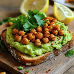 - 2 ripe avocados - 1 can (15 oz) chickpeas, drained and rinsed - 1 tablespoon olive oil - 1 teaspoon smoked paprika - 1 teaspoon ground cumin - 1/2 teaspoon cayenne pepper (adjust to your preferred spice level) - Salt and freshly cracked black pepper, to taste - 4 slices of whole grain or sourdough bread - 1 tablespoon fresh lemon juice - Fresh cilantro or parsley, chopped, for garnish - Optional: red chili flakes for added heat These ingredients are key to making a tasty dish. The ripe avocados provide creaminess, while chickpeas add protein. Olive oil helps the spices stick, and the spices bring bold flavor. Lemon juice brightens everything up, making each bite fresh. Feel free to mix things up! You can add: - Feta cheese or goat cheese for creaminess. - Sliced tomatoes for extra freshness. - A fried egg on top for protein. - Additional herbs like dill or basil for unique flavors. These additions create many flavor profiles. Choose what you love! This dish is not just tasty; it's good for you, too. Here’s a quick look: - Avocados are high in healthy fats and fiber. - Chickpeas are a great source of protein and iron. - Whole grain bread provides fiber and keeps you full longer. Eating this dish gives you energy and nutrients. It’s perfect for breakfast or a light lunch. You can find the Full Recipe online for detailed cooking steps. In a medium bowl, combine the chickpeas, olive oil, smoked paprika, ground cumin, cayenne pepper, salt, and black pepper. Toss until all the chickpeas get a nice coating of flavors. This step is key for adding spice and taste. Feel free to adjust the cayenne for less heat if needed. Preheat your oven to 400°F (200°C). Spread the seasoned chickpeas evenly on a baking sheet lined with parchment paper. Place them in the oven and roast for 20 minutes. Remember to shake the pan halfway through. This helps the chickpeas roast evenly and become crispy. You want them golden and crunchy for the best texture. While the chickpeas roast, toast your bread until it's golden brown. You can use a toaster or grill it on the stovetop for a smoky flavor. Next, take your ripe avocados and mash them in a bowl with fresh lemon juice. Add a pinch of salt and black pepper to taste. Choose a texture you enjoy; chunky or smooth works well. Once everything is ready, you can assemble your flavorful dish. For the full recipe, check the details provided earlier. To get the best avocado texture, choose ripe avocados. They should feel soft when you gently squeeze. Cut them open and scoop the flesh into a bowl. Add fresh lemon juice to keep it bright. Use a fork to mash. For a chunky texture, mash lightly. If you want it smooth, mash more. A little salt and pepper enhance the flavor. Crispy chickpeas make the dish pop. Start by draining and rinsing them well. Pat them dry with a towel to remove excess water. Toss them with olive oil and spices. Spread them on a baking sheet in one layer. Roast at 400°F for about 20 minutes. Make sure to shake the pan halfway through. This helps them roast evenly. They should turn golden and crunchy. Presentation makes your dish shine. Use a rustic wooden board or a clean white plate. Spread the mashed avocado generously on the toast. Pile the crispy chickpeas on top. Add a sprinkle of chopped cilantro or parsley for color. Drizzle a little olive oil for a glossy finish. A lemon wedge on the side adds a bright touch. For extra heat, sprinkle red chili flakes on top. Try out these tips for the best avocado toast with spicy chickpeas. For the full recipe, click here! {{image_4}} You can switch up the bread for your avocado toast. Whole grain and sourdough are great. But you can also try rye or gluten-free bread. Each type adds its own flavor. A thicker slice gives more crunch and a better base for toppings. Besides chickpeas, many toppings work well. Try sliced radishes for crunch or cherry tomatoes for sweetness. Feta cheese adds creaminess, while pickled onions bring tang. You can also sprinkle sesame seeds or sunflower seeds for extra texture. Mix and match to find your favorite combo. This avocado toast can easily fit your diet. The base recipe is already vegan. Just ensure your bread is gluten-free if needed. If you want more protein, add tofu or tempeh instead of chickpeas. Choose toppings wisely to keep everything within your dietary needs. Store leftover chickpeas in an airtight container. Keep them in the fridge for up to three days. For the avocados, you can save them if they are untouched. If you cut them, sprinkle lemon juice on the exposed flesh. Cover tightly with plastic wrap to prevent browning. Use within a day or two for the best flavor. Assembled avocado toast does not store well. The bread can become soggy quickly. If you must save it, keep the toppings separate. Store the chickpeas in one container and the toast in another. When ready to eat, toast the bread again for a fresh crunch. To reheat the chickpeas, spread them on a baking sheet. Bake at 350°F (175°C) for about 10 minutes. This will help them regain their crispiness. You can also heat them in a pan over medium heat. Stir often to ensure even heating. Enjoy them warm on your toast! Yes, you can use canned chickpeas. They are quick and easy. Just drain and rinse them well. This helps remove excess sodium and any canning liquid. Canned chickpeas are soft, so be careful when mixing them with spices. Toss them gently to coat without mashing. To adjust the spice level, change the amount of cayenne pepper. If you want it milder, use less. For more heat, add a pinch of red chili flakes or a bit more cayenne. Taste as you go. This way, you can find the perfect level for your palate. Whole grain or sourdough bread works best for avocado toast. Whole grain adds nutrition and texture. Sourdough gives a nice tang and crispiness when toasted. You can also try gluten-free bread if needed. The goal is to find a bread that holds up well under the avocado and chickpeas. For the full recipe, check out the Avocado Toast with Spicy Chickpeas 🥑 section above. This blog post covered how to make avocado toast with spicy chickpeas. You learned about the key ingredients, step-by-step instructions, and tips for perfecting your dish. I shared ways to customize it with different toppings and how to store leftovers. For those with dietary needs, we discussed vegan and gluten-free options. Enjoy crafting your version of this dish. It’s simple, healthy, and delicious.
