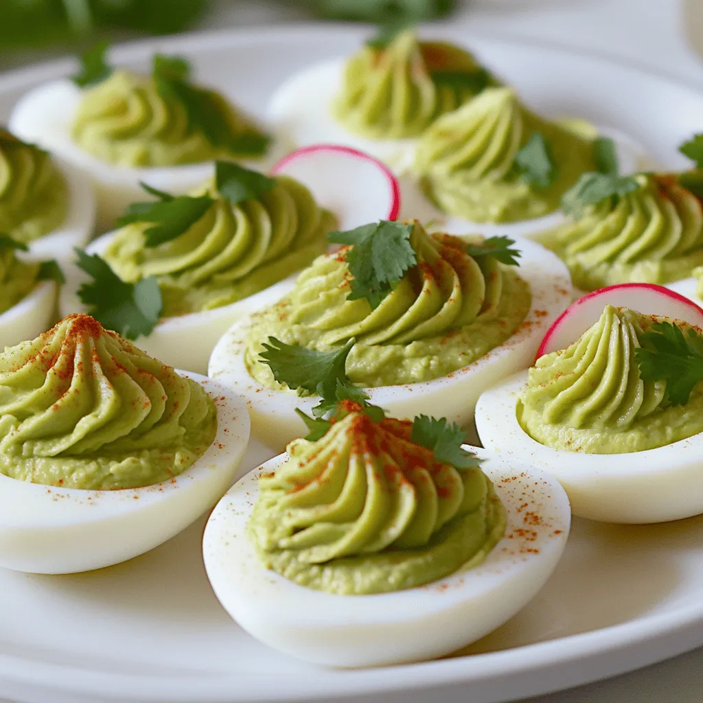 To make Avocado Deviled Eggs, you need a few simple and fresh ingredients. Here’s a list of what you'll need: - 6 large eggs - 1 ripe avocado - 2 tablespoons Greek yogurt - 1 tablespoon Dijon mustard - 1 tablespoon lime juice - 1/2 teaspoon garlic powder - 1/4 teaspoon smoked paprika - Salt and pepper to taste - Fresh cilantro for garnish (optional) - Sliced radishes for decoration (optional) These ingredients come together to create a tasty snack. The ripe avocado adds creaminess, while the lime juice brings a zesty kick. The Greek yogurt boosts the flavor and makes the filling smooth. Each bite will be rich and satisfying. You can also customize your dish by adding your favorite spices or toppings. For the full recipe, check out the complete guide. To boil eggs perfectly, start by placing them in a pot. Cover the eggs with water, about one inch high. Bring the water to a boil over high heat. When the water boils, cover the pot and remove it from heat. Let the eggs sit in this hot water. For creamy yolks, wait 9 minutes. For firm yolks, wait 12 minutes. After the time is up, transfer the eggs to an ice water bath for about 5-10 minutes. This cools them quickly and stops the cooking. Once your eggs are cool, carefully tap them to crack the shells. Peel the eggs under running water for easier removal. Cut each egg in half lengthwise and place the yolks in a bowl. Add one ripe avocado, 2 tablespoons of Greek yogurt, 1 tablespoon of Dijon mustard, 1 tablespoon of lime juice, 1/2 teaspoon of garlic powder, and 1/4 teaspoon of smoked paprika. Using a fork, mash and mix everything until smooth. If you want a creamier texture, blend the mixture with an immersion blender. Now it’s time to fill the egg whites. Use a spoon or a piping bag to add the avocado mix back into each egg half. Make it generous for a nice look. For garnish, sprinkle some smoked paprika on top. Add fresh cilantro and sliced radishes for color and taste. This simple touch makes your Avocado Deviled Eggs pop. For the full recipe, check out the detailed steps above. To make your avocado filling burst with flavor, try adding fresh lime zest. This simple step brightens the taste. You can also mix in a pinch of cumin for a warm spice. If you want a creamier texture, replace Greek yogurt with sour cream. This swap gives a rich taste that many love. One common mistake is overcooking the eggs. This can lead to a greenish ring around the yolk. To avoid this, follow the cooking time closely. Also, make sure to cool the eggs properly. Placing them in ice water stops the cooking and helps with peeling. These Avocado Deviled Eggs pair well with crunchy veggies like carrots or cucumber. You can also serve them with your favorite dip. They shine at parties, picnics, or brunch. Their bright color makes them a hit at any gathering. For a fun twist, set them out as an appetizer at a game day event. Enjoy exploring how these eggs can fit into different occasions. {{image_4}} You can spice up your avocado deviled eggs in fun ways. Adding herbs like dill or chives gives a fresh taste. For a kick, try cayenne pepper or a dash of hot sauce. You can also mix in finely chopped veggies. Diced bell peppers or onions add crunch and color. These mix-ins boost flavor and make your snack exciting. You don’t have to stick to chicken eggs. Quail eggs are small and cute. They taste just as good and make a lovely presentation. For those with dietary needs, use egg substitutes or make a vegan version. You can mash silken tofu with avocado for a creamy filling. This option keeps your dish tasty and inclusive for everyone. Make your deviled eggs stand out on the table. Use a piping bag to fill the egg whites with the avocado mix for style. You can sprinkle colorful toppings like paprika or sesame seeds. For special events, try themed garnishes. Edible flowers or fresh herbs make your dish pop. Fun shapes or designs can also add flair. To store leftover Avocado Deviled Eggs, place them in an airtight container. This keeps them fresh. If you don't have a container, cover them tightly with plastic wrap. Make sure to eat them within two days for the best taste. The eggs may lose some texture if stored longer. For freshness, keep them at the back of the fridge, where it's coldest. Can you freeze deviled eggs? I do not recommend freezing deviled eggs. The texture of the eggs and avocado will change after thawing. If you must freeze them, try to freeze the filling only. Place the filling in a freezer-safe bag. When ready to eat, thaw it in the fridge overnight. Then, fill fresh egg whites and enjoy. To peel boiled eggs easily, try these steps: - Use fresh eggs for better results. - After boiling, cool the eggs in ice water. - Crack the shell gently on a hard surface. - Roll the egg lightly to loosen the shell. - Peel under running water to help remove bits. These tips make peeling fun and fast. I always find that cooling them helps a lot. The ice water stops cooking too. You get perfect eggs every time! Yes, you can swap avocado with other tasty options. Here are a few ideas: - Use mashed banana for a sweet twist. - Try hummus for a creamy texture. - Blend in cottage cheese for a protein boost. These swaps can change the taste and texture. Feel free to experiment with flavors you love. Each option brings its own fun element to the dish! Avocado Deviled Eggs stay fresh for about 2 days in the fridge. Here are some tips for safe storage: - Keep them in a covered container. - Avoid letting them sit out for more than two hours. To enjoy them at their best, eat them sooner. The creamy avocado can brown over time. A little lemon juice can help slow that down. Yes, these eggs are great for meal prep! Here’s how to prepare them in advance: - Boil and peel the eggs ahead of time. - Make the avocado filling and store it separately. - Fill the egg whites just before serving. This way, you keep the eggs fresh and tasty. It makes for a quick snack or appetizer! Check out the Full Recipe for step-by-step guidance. These Avocado Deviled Eggs are easy to make and packed with flavor. You learned about the key ingredients and steps to create the perfect filling. Tips on flavor boosts and common mistakes will help you succeed. Unique variations let you customize these eggs for any event. Don’t forget how to store leftovers or prepare in advance. Enjoy making this tasty dish for your next gathering or meal. These eggs will impress everyone!