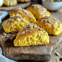 - 2 cups all-purpose flour - 1/2 cup packed brown sugar - 1 tablespoon baking powder - 1/2 teaspoon baking soda - 1/2 teaspoon fine sea salt - 1 teaspoon ground cinnamon - 1/2 teaspoon ground ginger - 1/4 teaspoon ground nutmeg - 1/2 cup unsalted butter, cold and cut into small cubes - 1/2 cup canned pumpkin puree - 1/4 cup heavy cream - 1 large egg, lightly beaten - 1 teaspoon vanilla extract - 1 cup powdered sugar (for glaze) - 2 tablespoons pure maple syrup Gathering the right ingredients is key to making these delicious maple glazed pumpkin scones. You will need basic items like flour and sugar. The pumpkin puree gives the scones a warm flavor and moist texture. The spices, like cinnamon and nutmeg, add that cozy fall feeling. - Mixing bowls - Whisk or fork - Pastry cutter (optional) - Knife or biscuit cutter - Baking sheet - Parchment paper You will need a few tools to make this recipe easy. Mixing bowls help combine the dry and wet ingredients. A whisk or fork mixes them well. A baking sheet lined with parchment paper keeps the scones from sticking. Each scone has about 200 calories. They contain about 10 grams of fat and 28 grams of carbs. These scones are a tasty treat but should be enjoyed in moderation. For a full breakdown, check the [Full Recipe]. Using fresh ingredients makes a big difference. When you bake, you want everything to taste great. Enjoy the process and have fun in the kitchen! - Preheat oven to 400°F (200°C) - Line the baking sheet with parchment paper First, you need to get the oven hot. Preheating is key for the best texture. While it heats, prepare your baking sheet. Parchment paper helps keep the scones from sticking. This simple step makes cleanup easier too. - Combine flour, sugar, baking powder, baking soda, salt, and spices In a big bowl, mix together the dry ingredients. Use a whisk to blend them well. You’ll need flour, brown sugar, baking powder, baking soda, salt, and spices like cinnamon and nutmeg. This mix gives the scones their lovely flavor. The spices bring warmth, perfect for fall. - Blend cold butter into the dry mixture until crumbly Next, it’s time for the butter. Cut cold butter into small cubes. Add it to the dry mix. Use your fingers or a pastry cutter to blend until it looks crumbly. You want little bits of butter to stay. This makes the scones flaky and tender. - Mix pumpkin puree, heavy cream, egg, and vanilla separately Now, grab another bowl. Combine pumpkin puree, heavy cream, an egg, and vanilla extract. This mix adds moisture and flavor. Stir until everything is well blended. The pumpkin gives a lovely color and taste to the scones. - Combine wet and dry ingredients, avoiding overmixing - Shape dough into a disc and cut into wedges Pour the wet mixture into the dry mix. Use a spatula to fold them together. Be gentle; don’t overmix. You want a soft dough, not tough scones. Once combined, turn the dough onto a floured surface. Shape it into a disc about one inch thick. Cut it into wedges for that classic scone look. - Transfer to baking sheet and bake for 15-18 minutes Place the scone wedges on the baking sheet. Make sure there’s space between them. Bake in the preheated oven for 15-18 minutes. Look for a light golden color on top. This means they're done! - Whisk powdered sugar and maple syrup together While the scones bake, let’s make the glaze. In a small bowl, whisk together powdered sugar and pure maple syrup. Mix until it’s smooth. This glaze adds sweetness and that lovely maple flavor. - Drizzle glaze over scones once cooled Once the scones are out of the oven, let them cool on a wire rack. When they are cool but still warm, drizzle the maple glaze over the top. This adds a sweet finish, making each bite a delight. You can find the full recipe for more detailed steps! To get the best texture, you must avoid overmixing the dough. When making scones, mix just until the dry and wet ingredients blend. Overmixing makes scones tough. You want them light and fluffy. Gently fold the mixture with a spatula. This keeps air in the dough, making your scones tender and soft. You can add even more flavor to your scones! Try mixing in chocolate chips or nuts for a tasty twist. Chopped pecans or walnuts give a nice crunch. If you love spice, add more cinnamon or a hint of cardamom. This can give your scones a unique taste that surprises everyone. Don't be shy to experiment with different ingredients! For the best experience, serve your scones with warm drinks. Coffee or tea pairs perfectly with the sweet glaze. A pumpkin spice latte or a chai tea can enhance the fall vibe. You can also enjoy them with a dollop of whipped cream. This makes for a cozy treat on a chilly morning. Set the scene with a lovely plate and a sprinkle of cinnamon for a touch of charm. {{image_4}} You can customize your scones by adding more spices. Try using cloves or allspice for extra warmth. You can even add flavored extracts like almond or orange. These small changes can create a whole new flavor profile. I like to play with these to find my favorite mix. If you want gluten-free scones, swap regular flour for a gluten-free blend. Look for blends that include rice flour, almond flour, or oat flour. These will help keep the texture light and fluffy. Just remember, using a gluten-free mix can change how the scones rise. To make vegan scones, replace the butter with coconut oil or vegan butter. Use a flax egg by mixing one tablespoon of flaxseed meal with three tablespoons of water. Let it sit until it thickens. Instead of heavy cream, you can use almond milk or coconut cream. These swaps keep the scones delicious and friendly for everyone! For the full recipe, check out the detailed instructions above. To keep your scones fresh, store them in an airtight container. This will prevent them from drying out. If you want to keep them for a few days, place a paper towel inside. This helps absorb moisture. Keep the container at room temperature, away from direct sunlight. The scones should stay good for about three days. If you want to save scones for later, freezing is a great option. Wrap each scone in plastic wrap. Then place them in a freezer-safe bag or container. Make sure to remove any air from the bag to prevent freezer burn. The scones can last up to three months in the freezer. When you're ready to eat, let them thaw in the fridge overnight. To enjoy your scones warm, you can reheat them in several ways. For a quick option, use the microwave for about 15-20 seconds. If you want a crispier texture, use the oven. Preheat it to 350°F (175°C) and heat the scones for about 10 minutes. This will bring back their fresh-baked feel. For the best taste, drizzle some extra maple glaze on top after reheating. Maple glazed pumpkin scones stay fresh for about 2 to 3 days. Keep them in an airtight container. This way, they won't dry out. If you want them to last longer, you can freeze them. Just wrap each scone well in plastic wrap before freezing. Yes, you can make these scones ahead of time. Prepare the dough and shape it into wedges. Then, wrap the scones in plastic wrap and chill them in the fridge. Bake them the next morning for fresh scones. This saves time and gives you hot scones for breakfast. If you don't have pumpkin puree, you can use sweet potato puree. Mashed butternut squash also works well. Both options give a similar flavor and texture. You can even use applesauce for a sweeter take on the scones. Yes, you can use other syrups for the glaze. Honey or agave syrup can be great alternatives. They both add sweetness, but the flavor will change a bit. If you want a richer taste, try using caramel sauce instead. Absolutely! Adding nuts like chopped pecans or walnuts gives a nice crunch. You can also mix in chocolate chips for sweetness. Just be careful not to add too much. Adding too many mix-ins can change the scone's texture. It's best to keep it balanced for the perfect bite. Making these pumpkin scones is fun and rewarding. You combine simple ingredients, bake them, and enjoy a tasty treat. Remember to handle the dough gently to keep it light and tender. Whether you stick to the main recipe or play with flavors, you’ll create something delicious. Follow the tips for storage and variations for the best results. I hope you try this recipe and enjoy it as much as I do!