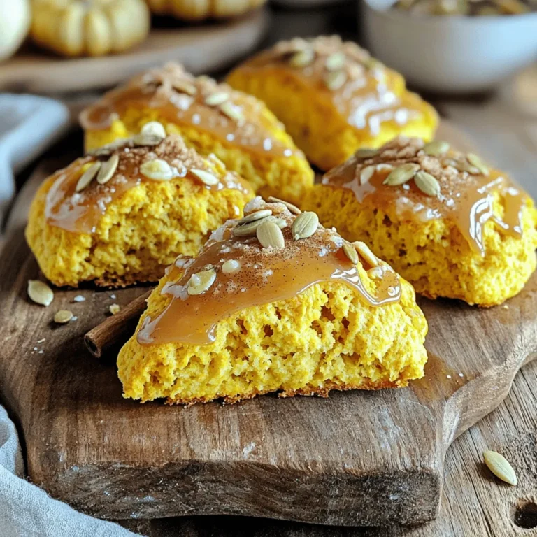 - 2 cups all-purpose flour - 1/2 cup packed brown sugar - 1 tablespoon baking powder - 1/2 teaspoon baking soda - 1/2 teaspoon fine sea salt - 1 teaspoon ground cinnamon - 1/2 teaspoon ground ginger - 1/4 teaspoon ground nutmeg - 1/2 cup unsalted butter, cold and cut into small cubes - 1/2 cup canned pumpkin puree - 1/4 cup heavy cream - 1 large egg, lightly beaten - 1 teaspoon vanilla extract - 1 cup powdered sugar (for glaze) - 2 tablespoons pure maple syrup Gathering the right ingredients is key to making these delicious maple glazed pumpkin scones. You will need basic items like flour and sugar. The pumpkin puree gives the scones a warm flavor and moist texture. The spices, like cinnamon and nutmeg, add that cozy fall feeling. - Mixing bowls - Whisk or fork - Pastry cutter (optional) - Knife or biscuit cutter - Baking sheet - Parchment paper You will need a few tools to make this recipe easy. Mixing bowls help combine the dry and wet ingredients. A whisk or fork mixes them well. A baking sheet lined with parchment paper keeps the scones from sticking. Each scone has about 200 calories. They contain about 10 grams of fat and 28 grams of carbs. These scones are a tasty treat but should be enjoyed in moderation. For a full breakdown, check the [Full Recipe]. Using fresh ingredients makes a big difference. When you bake, you want everything to taste great. Enjoy the process and have fun in the kitchen! - Preheat oven to 400°F (200°C) - Line the baking sheet with parchment paper First, you need to get the oven hot. Preheating is key for the best texture. While it heats, prepare your baking sheet. Parchment paper helps keep the scones from sticking. This simple step makes cleanup easier too. - Combine flour, sugar, baking powder, baking soda, salt, and spices In a big bowl, mix together the dry ingredients. Use a whisk to blend them well. You’ll need flour, brown sugar, baking powder, baking soda, salt, and spices like cinnamon and nutmeg. This mix gives the scones their lovely flavor. The spices bring warmth, perfect for fall. - Blend cold butter into the dry mixture until crumbly Next, it’s time for the butter. Cut cold butter into small cubes. Add it to the dry mix. Use your fingers or a pastry cutter to blend until it looks crumbly. You want little bits of butter to stay. This makes the scones flaky and tender. - Mix pumpkin puree, heavy cream, egg, and vanilla separately Now, grab another bowl. Combine pumpkin puree, heavy cream, an egg, and vanilla extract. This mix adds moisture and flavor. Stir until everything is well blended. The pumpkin gives a lovely color and taste to the scones. - Combine wet and dry ingredients, avoiding overmixing - Shape dough into a disc and cut into wedges Pour the wet mixture into the dry mix. Use a spatula to fold them together. Be gentle; don’t overmix. You want a soft dough, not tough scones. Once combined, turn the dough onto a floured surface. Shape it into a disc about one inch thick. Cut it into wedges for that classic scone look. - Transfer to baking sheet and bake for 15-18 minutes Place the scone wedges on the baking sheet. Make sure there’s space between them. Bake in the preheated oven for 15-18 minutes. Look for a light golden color on top. This means they're done! - Whisk powdered sugar and maple syrup together While the scones bake, let’s make the glaze. In a small bowl, whisk together powdered sugar and pure maple syrup. Mix until it’s smooth. This glaze adds sweetness and that lovely maple flavor. - Drizzle glaze over scones once cooled Once the scones are out of the oven, let them cool on a wire rack. When they are cool but still warm, drizzle the maple glaze over the top. This adds a sweet finish, making each bite a delight. You can find the full recipe for more detailed steps! To get the best texture, you must avoid overmixing the dough. When making scones, mix just until the dry and wet ingredients blend. Overmixing makes scones tough. You want them light and fluffy. Gently fold the mixture with a spatula. This keeps air in the dough, making your scones tender and soft. You can add even more flavor to your scones! Try mixing in chocolate chips or nuts for a tasty twist. Chopped pecans or walnuts give a nice crunch. If you love spice, add more cinnamon or a hint of cardamom. This can give your scones a unique taste that surprises everyone. Don't be shy to experiment with different ingredients! For the best experience, serve your scones with warm drinks. Coffee or tea pairs perfectly with the sweet glaze. A pumpkin spice latte or a chai tea can enhance the fall vibe. You can also enjoy them with a dollop of whipped cream. This makes for a cozy treat on a chilly morning. Set the scene with a lovely plate and a sprinkle of cinnamon for a touch of charm. {{image_4}} You can customize your scones by adding more spices. Try using cloves or allspice for extra warmth. You can even add flavored extracts like almond or orange. These small changes can create a whole new flavor profile. I like to play with these to find my favorite mix. If you want gluten-free scones, swap regular flour for a gluten-free blend. Look for blends that include rice flour, almond flour, or oat flour. These will help keep the texture light and fluffy. Just remember, using a gluten-free mix can change how the scones rise. To make vegan scones, replace the butter with coconut oil or vegan butter. Use a flax egg by mixing one tablespoon of flaxseed meal with three tablespoons of water. Let it sit until it thickens. Instead of heavy cream, you can use almond milk or coconut cream. These swaps keep the scones delicious and friendly for everyone! For the full recipe, check out the detailed instructions above. To keep your scones fresh, store them in an airtight container. This will prevent them from drying out. If you want to keep them for a few days, place a paper towel inside. This helps absorb moisture. Keep the container at room temperature, away from direct sunlight. The scones should stay good for about three days. If you want to save scones for later, freezing is a great option. Wrap each scone in plastic wrap. Then place them in a freezer-safe bag or container. Make sure to remove any air from the bag to prevent freezer burn. The scones can last up to three months in the freezer. When you're ready to eat, let them thaw in the fridge overnight. To enjoy your scones warm, you can reheat them in several ways. For a quick option, use the microwave for about 15-20 seconds. If you want a crispier texture, use the oven. Preheat it to 350°F (175°C) and heat the scones for about 10 minutes. This will bring back their fresh-baked feel. For the best taste, drizzle some extra maple glaze on top after reheating. Maple glazed pumpkin scones stay fresh for about 2 to 3 days. Keep them in an airtight container. This way, they won't dry out. If you want them to last longer, you can freeze them. Just wrap each scone well in plastic wrap before freezing. Yes, you can make these scones ahead of time. Prepare the dough and shape it into wedges. Then, wrap the scones in plastic wrap and chill them in the fridge. Bake them the next morning for fresh scones. This saves time and gives you hot scones for breakfast. If you don't have pumpkin puree, you can use sweet potato puree. Mashed butternut squash also works well. Both options give a similar flavor and texture. You can even use applesauce for a sweeter take on the scones. Yes, you can use other syrups for the glaze. Honey or agave syrup can be great alternatives. They both add sweetness, but the flavor will change a bit. If you want a richer taste, try using caramel sauce instead. Absolutely! Adding nuts like chopped pecans or walnuts gives a nice crunch. You can also mix in chocolate chips for sweetness. Just be careful not to add too much. Adding too many mix-ins can change the scone's texture. It's best to keep it balanced for the perfect bite. Making these pumpkin scones is fun and rewarding. You combine simple ingredients, bake them, and enjoy a tasty treat. Remember to handle the dough gently to keep it light and tender. Whether you stick to the main recipe or play with flavors, you’ll create something delicious. Follow the tips for storage and variations for the best results. I hope you try this recipe and enjoy it as much as I do!