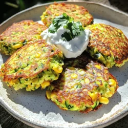 Here’s what you need to make these tasty zucchini corn fritters: - Zucchini: 2 medium grated, excess moisture squeezed out - Corn: 1 cup (fresh or canned) - Dry Ingredients: 1/2 cup all-purpose flour, 1/4 cup cornmeal, baking powder, garlic powder, onion powder, smoked paprika, salt, black pepper - Eggs: 2 large, beaten - Optional: 1/4 cup fresh cilantro, finely chopped - Cooking Oil: Olive oil for frying When gathering these ingredients, fresh zucchini and corn really shine. If you use canned corn, drain it well. It helps to keep the fritters crisp. Squeezing out the moisture from the zucchini is key. This ensures your fritters are not soggy. Remember, moisture leads to a soft texture. For the dry mix, the spices add great flavor. Smoked paprika gives a warm, smoky touch. If you want, cilantro can add a bright, fresh note. You can find the full recipe later in this article. Enjoy your cooking adventure! Start by grating the zucchinis into a large bowl. This adds great texture. After grating, take a clean kitchen towel. Squeeze the grated zucchini to remove excess moisture. This step is key for crispy fritters. Now, add the corn kernels to the bowl. Mix them in well with the zucchini. In another bowl, combine the flour, cornmeal, baking powder, garlic powder, onion powder, smoked paprika, salt, and black pepper. Make sure these dry ingredients mix evenly. This ensures that every fritter has full flavor. Next, beat the eggs in a separate bowl. Fold the beaten eggs into the zucchini and corn mixture. If you want, add chopped cilantro for a fresh taste. If the batter seems too wet, sprinkle in more flour. Mix until you reach a good, thick batter. Heat a non-stick skillet over medium heat. Pour in a thin layer of olive oil. Wait until the oil is hot and shimmering. Use a spoon or small ice cream scoop to drop the batter into the skillet. Flatten each fritter slightly with the back of the spoon. Cook them for about 3-4 minutes on each side. Look for a nice golden brown color. Once cooked, carefully place the fritters on a paper towel-lined plate. This helps soak up any extra oil. Continue cooking the rest of the batter. Add more olive oil to the skillet as needed. This keeps the fritters from sticking. For the full recipe, refer to the earlier section. To get crispy fritters, squeeze out the moisture from the zucchini. This step is key! Zucchini holds a lot of water, which can make your fritters soggy. Use a clean towel to remove as much liquid as possible. Next, heat your skillet to a medium temperature. This helps the fritters brown nicely without burning. You can boost the taste with spices or herbs. Some great options are cumin, cayenne, or fresh basil. These can add depth to your fritters. For dipping, try sour cream or spicy salsa. These pair well and add a nice kick! Avoid overcrowding the skillet. If you add too many fritters at once, they won’t cook evenly. Leave space for each fritter to crisp up. Also, don’t rush the cooking time. Let them brown for about 3-4 minutes on each side. This ensures a golden color and great texture. {{image_4}} You can make your fritters gluten-free by using almond flour or chickpea flour. Both options work well and keep the fritters light. If you want to add more crunch, try adding bell peppers or grated carrots. These veggies mix in well and add color to your dish. For a spicy kick, consider mixing in some finely chopped jalapeños. This gives the fritters a nice heat. If you love cheese, try adding crumbled feta or shredded cheddar. This adds creaminess and richness to each bite. Using seasonal vegetables makes a big difference in flavor. In summer, fresh corn and zucchini shine. In fall, try adding grated carrots or even sweet potatoes. Fresh herbs can also change the taste; use basil in summer and thyme in spring for a fresh twist. You can find these ideas in the full recipe for Zesty Zucchini Corn Fritters. To keep your zucchini corn fritters fresh, store them in the fridge. Place them in an airtight container. This keeps moisture out, helping them stay tasty. They can stay fresh for about three days. If you want to enjoy them later, you can freeze them. To freeze fritters, let them cool completely first. Then, layer them between parchment paper in a freezer-safe bag. This prevents them from sticking together. You can keep them in the freezer for up to three months. When it’s time to reheat, keep the texture and flavor in mind. The best method is to use a skillet. Heat a little olive oil over medium heat. Place the fritters in the skillet and cook for about two to three minutes on each side. This method makes them crispy again. If you prefer the oven, preheat it to 350°F (175°C). Place the fritters on a baking sheet and heat for about 10 minutes. This way, they stay warm without losing their crunch. Avoid microwaving them, as it can make them soggy. For more tips and the full recipe, check out the article! Yes, you can use frozen corn. It can change the texture of your fritters. Frozen corn often releases more water, which might make your fritters softer. To fix this, thaw and drain the corn well before using it. I love serving these fritters with sour cream or yogurt. You can also try salsa or a spicy mayo. Fresh herbs like cilantro or chives can add a nice touch too. To veganize this recipe, replace the eggs with flaxseed meal or chia seeds. Use a mix of one tablespoon of flaxseed meal with three tablespoons of water for each egg. For dairy, use plant-based yogurt or non-dairy milk. Fritters can fall apart if the batter is too wet. Make sure to squeeze out all the moisture from the zucchini. If they still crumble, add a bit more flour to help bind them. These fritters stay fresh for about three days when stored in the fridge. Keep them in an airtight container. You can also freeze them for up to three months. Just make sure to cool them first before freezing. Yes, you can bake them! Preheat your oven to 400°F (200°C). Place the fritters on a lined baking sheet, and brush them lightly with olive oil. Bake for about 20-25 minutes, flipping halfway through, until golden and crispy. For the full recipe, check the main section. Zucchini corn fritters are simple and fun to make. You start with fresh ingredients like zucchini and corn. Next, you mix dry ingredients and create a tasty batter. Then, cook until golden brown for the perfect snack or meal. In this blog, you learned tips for crispiness and flavor. You also discovered variations and storage advice. Enjoy experimenting with different sauces or spices. Keep these tips in mind for delicious fritters every time. Happy cooking!