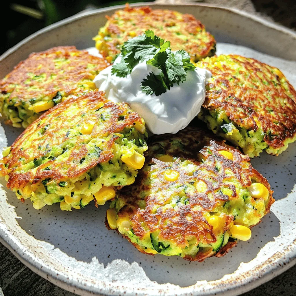Here’s what you need to make these tasty zucchini corn fritters: - Zucchini: 2 medium grated, excess moisture squeezed out - Corn: 1 cup (fresh or canned) - Dry Ingredients: 1/2 cup all-purpose flour, 1/4 cup cornmeal, baking powder, garlic powder, onion powder, smoked paprika, salt, black pepper - Eggs: 2 large, beaten - Optional: 1/4 cup fresh cilantro, finely chopped - Cooking Oil: Olive oil for frying When gathering these ingredients, fresh zucchini and corn really shine. If you use canned corn, drain it well. It helps to keep the fritters crisp. Squeezing out the moisture from the zucchini is key. This ensures your fritters are not soggy. Remember, moisture leads to a soft texture. For the dry mix, the spices add great flavor. Smoked paprika gives a warm, smoky touch. If you want, cilantro can add a bright, fresh note. You can find the full recipe later in this article. Enjoy your cooking adventure! Start by grating the zucchinis into a large bowl. This adds great texture. After grating, take a clean kitchen towel. Squeeze the grated zucchini to remove excess moisture. This step is key for crispy fritters. Now, add the corn kernels to the bowl. Mix them in well with the zucchini. In another bowl, combine the flour, cornmeal, baking powder, garlic powder, onion powder, smoked paprika, salt, and black pepper. Make sure these dry ingredients mix evenly. This ensures that every fritter has full flavor. Next, beat the eggs in a separate bowl. Fold the beaten eggs into the zucchini and corn mixture. If you want, add chopped cilantro for a fresh taste. If the batter seems too wet, sprinkle in more flour. Mix until you reach a good, thick batter. Heat a non-stick skillet over medium heat. Pour in a thin layer of olive oil. Wait until the oil is hot and shimmering. Use a spoon or small ice cream scoop to drop the batter into the skillet. Flatten each fritter slightly with the back of the spoon. Cook them for about 3-4 minutes on each side. Look for a nice golden brown color. Once cooked, carefully place the fritters on a paper towel-lined plate. This helps soak up any extra oil. Continue cooking the rest of the batter. Add more olive oil to the skillet as needed. This keeps the fritters from sticking. For the full recipe, refer to the earlier section. To get crispy fritters, squeeze out the moisture from the zucchini. This step is key! Zucchini holds a lot of water, which can make your fritters soggy. Use a clean towel to remove as much liquid as possible. Next, heat your skillet to a medium temperature. This helps the fritters brown nicely without burning. You can boost the taste with spices or herbs. Some great options are cumin, cayenne, or fresh basil. These can add depth to your fritters. For dipping, try sour cream or spicy salsa. These pair well and add a nice kick! Avoid overcrowding the skillet. If you add too many fritters at once, they won’t cook evenly. Leave space for each fritter to crisp up. Also, don’t rush the cooking time. Let them brown for about 3-4 minutes on each side. This ensures a golden color and great texture. {{image_4}} You can make your fritters gluten-free by using almond flour or chickpea flour. Both options work well and keep the fritters light. If you want to add more crunch, try adding bell peppers or grated carrots. These veggies mix in well and add color to your dish. For a spicy kick, consider mixing in some finely chopped jalapeños. This gives the fritters a nice heat. If you love cheese, try adding crumbled feta or shredded cheddar. This adds creaminess and richness to each bite. Using seasonal vegetables makes a big difference in flavor. In summer, fresh corn and zucchini shine. In fall, try adding grated carrots or even sweet potatoes. Fresh herbs can also change the taste; use basil in summer and thyme in spring for a fresh twist. You can find these ideas in the full recipe for Zesty Zucchini Corn Fritters. To keep your zucchini corn fritters fresh, store them in the fridge. Place them in an airtight container. This keeps moisture out, helping them stay tasty. They can stay fresh for about three days. If you want to enjoy them later, you can freeze them. To freeze fritters, let them cool completely first. Then, layer them between parchment paper in a freezer-safe bag. This prevents them from sticking together. You can keep them in the freezer for up to three months. When it’s time to reheat, keep the texture and flavor in mind. The best method is to use a skillet. Heat a little olive oil over medium heat. Place the fritters in the skillet and cook for about two to three minutes on each side. This method makes them crispy again. If you prefer the oven, preheat it to 350°F (175°C). Place the fritters on a baking sheet and heat for about 10 minutes. This way, they stay warm without losing their crunch. Avoid microwaving them, as it can make them soggy. For more tips and the full recipe, check out the article! Yes, you can use frozen corn. It can change the texture of your fritters. Frozen corn often releases more water, which might make your fritters softer. To fix this, thaw and drain the corn well before using it. I love serving these fritters with sour cream or yogurt. You can also try salsa or a spicy mayo. Fresh herbs like cilantro or chives can add a nice touch too. To veganize this recipe, replace the eggs with flaxseed meal or chia seeds. Use a mix of one tablespoon of flaxseed meal with three tablespoons of water for each egg. For dairy, use plant-based yogurt or non-dairy milk. Fritters can fall apart if the batter is too wet. Make sure to squeeze out all the moisture from the zucchini. If they still crumble, add a bit more flour to help bind them. These fritters stay fresh for about three days when stored in the fridge. Keep them in an airtight container. You can also freeze them for up to three months. Just make sure to cool them first before freezing. Yes, you can bake them! Preheat your oven to 400°F (200°C). Place the fritters on a lined baking sheet, and brush them lightly with olive oil. Bake for about 20-25 minutes, flipping halfway through, until golden and crispy. For the full recipe, check the main section. Zucchini corn fritters are simple and fun to make. You start with fresh ingredients like zucchini and corn. Next, you mix dry ingredients and create a tasty batter. Then, cook until golden brown for the perfect snack or meal. In this blog, you learned tips for crispiness and flavor. You also discovered variations and storage advice. Enjoy experimenting with different sauces or spices. Keep these tips in mind for delicious fritters every time. Happy cooking!
