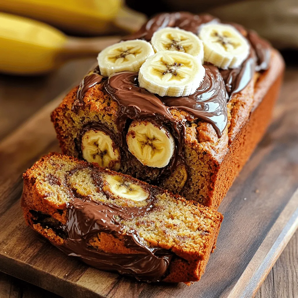 - 3 ripe bananas, well mashed - 1/3 cup unsalted butter, melted - 1 teaspoon pure vanilla extract - 1 teaspoon baking soda - A pinch of fine salt - 1/2 cup packed brown sugar - 1 large egg, lightly beaten - 1 cup all-purpose flour - 1/2 cup Nutella (plus additional for swirling) Using fresh ingredients makes a big difference in flavor. I always choose ripe bananas for this recipe. They should be spotted and soft. The natural sugars in ripe bananas add sweetness. Next, we use unsalted butter. It gives a rich taste without extra salt. Melting it helps it mix smoothly. Pure vanilla extract adds a warm, sweet scent. It lifts the overall flavor of the bread. Baking soda is essential; it helps the bread rise. A pinch of fine salt balances the sweetness and enhances the flavors. Brown sugar adds moisture and a deeper taste than white sugar. We need one large egg to bind everything. It helps the bread hold its shape. All-purpose flour is our base. It gives structure to the bread. Finally, Nutella is the star! It adds a creamy and rich cocoa flavor. You can use more for swirling if you like. This recipe is about balance and joy in every bite. For the full recipe, you can check the section above. Prepping the Oven and Pan - Preheat the oven to 350°F (175°C). - Grease a 9x5 inch loaf pan. Start by setting your oven to the right temperature. This step is key for even baking. Greasing the pan helps the bread come out easily after baking. You can use butter or cooking spray for this. Mixing Ingredients - Combine bananas and butter. - Add vanilla and egg, mix thoroughly. Next, mash the ripe bananas in a medium bowl. Mix in the melted butter until smooth. You want a creamy texture. Once that’s done, stir in the vanilla extract and the beaten egg. This adds flavor and moisture to your bread. Finalizing the Batter - Add baking soda and salt. - Mix in brown sugar and flour. - Swirl Nutella into batter. Now, sprinkle the baking soda and salt over your banana mix. This will help your bread rise. Then, add the brown sugar and flour. Stir gently until combined. Be careful not to over-mix. Finally, take half of the batter and pour it into your greased pan. Drizzle half of the Nutella over it. Use a butter knife to swirl the Nutella through the batter for that delicious marbled effect. Pour in the rest of the batter and repeat with the remaining Nutella. For the full recipe, check the detailed instructions above. - Avoid over-mixing the batter. Mix just until the flour disappears. Too much mixing makes the bread tough. - You can tell the bread is done when a toothpick comes out clean. The top should be golden brown. - Try adding nuts or chocolate chips for extra flavor. Cinnamon or nutmeg can also add warmth. - Use overripe bananas for the best sweetness. They should be spotty and soft to mash easily. - For serving, slice the bread with a sharp knife. This keeps the slices neat. - Consider drizzling extra Nutella on the slices. You can also top with fresh banana slices or powdered sugar for a lovely look. {{image_4}} You can make this banana bread nut-free easily. Try using alternative spreads like sunflower seed butter or almond butter. These options still give a creamy texture. When you switch spreads, reduce the sugar slightly. Some spreads are sweeter than Nutella. Want to make your banana bread more fun? Add nuts or chocolate chips to the batter. Walnuts or pecans add a nice crunch. Chocolate chips melt and create pockets of gooey goodness. You can also add spices like cinnamon or nutmeg. A sprinkle of these spices gives a warm, cozy flavor. This banana bread shines at breakfast. Pair it with a side of fresh fruit or yogurt. It also makes a great snack. Enjoy it with coffee or tea in the afternoon. For a treat, add a scoop of ice cream on top. This makes it a delightful dessert! To keep your Nutella swirl banana bread fresh, store it in an airtight container. This helps lock in moisture and flavor. You can also wrap it tightly in plastic wrap. Place it in a cool, dry spot, away from sunlight. It stays fresh for about 3 to 4 days at room temperature. If you want to keep it longer, consider refrigerating it. In the fridge, it can last up to a week. If you want to save your banana bread for later, freezing works great. First, let the bread cool completely. Then, slice it into pieces. Wrap each slice in plastic wrap tightly. Place the wrapped slices in a heavy-duty freezer bag. Label the bag with the date. Your banana bread can stay fresh in the freezer for up to 3 months. When you are ready to enjoy it, just thaw it at room temperature. To reheat your banana bread, avoid the microwave. It can dry out the bread. Instead, use the oven. Preheat it to 350°F (175°C). Place the slice on a baking sheet. Heat it for about 10 minutes. This keeps the bread soft and moist. You can also warm it in a toaster oven if you prefer. Enjoy it warm with a drizzle of Nutella for extra flavor. Nutella Swirl Banana Bread is a moist and sweet treat. It combines ripe bananas with rich Nutella. The bread has a soft texture with swirls of chocolate hazelnut goodness. Each bite offers a yummy mix of banana flavor and chocolate. This recipe is simple to make and perfect for breakfast or dessert. Yes, you can use frozen bananas! Just thaw them first. They will become very soft, which is perfect for mashing. Make sure to drain any excess liquid after thawing. This will help keep the bread from becoming too wet. Fresh bananas work great too, but frozen adds a nice sweetness. To check if your bread is done, insert a toothpick into the center. If it comes out clean or with a few moist crumbs, it's ready. Look for a golden-brown top and a slight spring when pressed. Let it cool in the pan for ten minutes before moving it to a rack. This helps it set and makes slicing easier. For the full recipe, check the earlier section. This blog post covered how to make delicious Nutella Swirl Banana Bread. We looked at the key ingredients and step-by-step instructions. I shared tips for the best texture and flavor, along with variations to try. Storing your banana bread properly ensures it stays fresh. Remember, baking is fun! Don’t shy away from experimenting with flavors. You now have the tools to whip up this tasty treat anytime. Enjoy your baking journey!