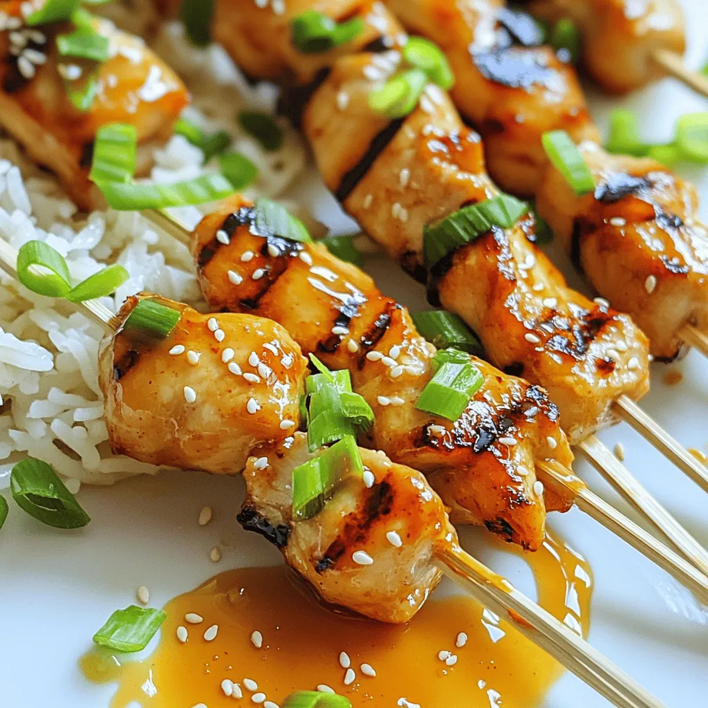 When making Honey Sriracha Chicken Skewers, gathering the right ingredients is key. Here is what you need: - Chicken Breast: 1 lb (450g), cut into 1-inch cubes - Marinade Components: - 1/4 cup (60ml) honey - 2 tablespoons (30ml) Sriracha sauce (adjust to taste) - 2 tablespoons (30ml) soy sauce - 1 tablespoon (15g) fresh ginger, grated - 3 cloves garlic, minced - 1 tablespoon (15ml) sesame oil - 1 teaspoon (5ml) lime juice - Salt and pepper to taste - Additional Items: - Bamboo skewers (soaked) or metal skewers - Sliced green onions, for garnish - Sesame seeds, for garnish These ingredients create a sweet and spicy blend that makes this dish a delight. The chicken absorbs the marinade well, making each bite flavorful. Using fresh ginger and garlic adds depth to the taste. Don't skip the garnishes; they add color and extra flavor. For the full recipe, you can check the details above. To make the marinade, gather your ingredients in a mixing bowl. You will need honey, Sriracha sauce, soy sauce, fresh ginger, minced garlic, sesame oil, lime juice, salt, and pepper. Combine all of these in the bowl. Whisk them together until smooth and well-blended. This marinade is key to infusing flavor into your chicken. Now, add the chicken cubes to the marinade. Make sure each piece gets a good coat. This helps lock in the flavor. Cover the bowl with plastic wrap or a lid. Place it in the fridge for at least 30 minutes. You can marinate it for up to 2 hours for a richer taste. The longer you wait, the more flavor seeps in. Next, preheat your grill or grill pan over medium-high heat. This should take about 5 minutes. While it heats, thread the marinated chicken onto the soaked bamboo skewers. Leave a little space between each piece. This ensures even cooking. Once your grill is ready, place the skewers on it. Grill for about 10-12 minutes. Turn them occasionally to get nice char marks. Check the doneness with a meat thermometer. The chicken should reach an internal temperature of 165°F (75°C). This ensures it’s safe to eat. After grilling, take the skewers off the heat. Let them rest for 5 minutes. This keeps the chicken juicy and tender. Just before serving, garnish with sliced green onions and sesame seeds for a nice crunch and color. For a full recipe, you can check the section above. Enjoy your delicious Honey Sriracha Chicken Skewers! Start with the right balance. Adjust the Sriracha level to match your spice preference. If you want more heat, add more Sriracha. For less spice, reduce the amount. Next, let the chicken marinate longer. This allows the flavors to soak in deeply. A longer marination, from 1 to 2 hours, enhances the taste. When grilling, space the chicken evenly on each skewer. This helps them cook uniformly. If you crowd the grill, you block heat. This can lead to uneven cooking. Aim for a few skewers at a time. This way, each piece gets the right amount of heat. Add a fun twist to your meal with garnishes. Sliced green onions add a fresh crunch. A sprinkle of sesame seeds gives a nice touch too. These small additions make your dish look appealing and taste even better. Serve the skewers with jasmine rice or a fresh salad for a complete meal. {{image_4}} You can switch the chicken for shrimp, beef, or tofu. Shrimp cooks quickly, so keep an eye on it. Beef adds a rich flavor that pairs well with the marinade. Tofu is great for a vegetarian option. Just press it to remove excess water and soak it in the marinade longer for the best taste. Want to take your skewers up a notch? Add pineapple or bell peppers. Pineapple gives a sweet twist and pairs well with the spicy heat of Sriracha. Bell peppers add crunch and color. Cut them into chunks and thread them on the skewer with the protein for a vibrant mix. If you don’t want to grill, try baking or broiling. Baking is easy and requires less attention. Just preheat your oven and place the skewers on a baking sheet. Broiling gives you that charred flavor without a grill. Adjust cooking times based on your method but ensure the chicken hits 165°F. For the full recipe, check the details provided. After enjoying your Honey Sriracha chicken skewers, let them cool down. Place the leftovers in airtight containers. This keeps the chicken fresh and tasty. Store them in the fridge for up to three days. You can freeze marinated raw chicken or cooked skewers. If freezing raw chicken, marinate it first, then place it in a freezer bag. Remove as much air as possible. This helps prevent freezer burn. For cooked skewers, let them cool, then wrap them tightly. You can freeze them for up to two months. To reheat, use an oven for the best results. Preheat your oven to 350°F (175°C). Place the skewers on a baking tray and cover them with foil. Heat for about 10-15 minutes. You can also use a microwave, but this may make them less crispy. Always check the chicken is heated through before enjoying again. Yes, you can swap Sriracha for other sauces. Try sweet chili sauce for a milder taste. You can also use gochujang for a deeper flavor. Each sauce changes the taste, making it unique. Just remember that the spice level will vary. To check if chicken is cooked, use a meat thermometer. The chicken should reach 165°F (75°C). You can also cut the chicken. Look for no pink inside and clear juices. This shows it is safe to eat. Serve these skewers with jasmine rice for a complete meal. Fresh green salad adds a nice crunch. You can also offer dipping sauces like extra Sriracha or soy sauce. These pair well with the sweet and spicy flavors. You can find the Full Recipe for Honey Sriracha Chicken Skewers in the article above. It has all the details you need to create this tasty dish. This post covered how to make delicious Honey Sriracha Chicken Skewers. We began with the key ingredients and moved to the marinade process. Next, we explored grilling steps and shared tips for perfecting flavor. We also discussed variations and storage tips. In conclusion, the right marinade and cooking methods can elevate your meals. Enjoy experimenting with different flavors and proteins. Keep these tips in mind for tasty results every time. Happy grilling!