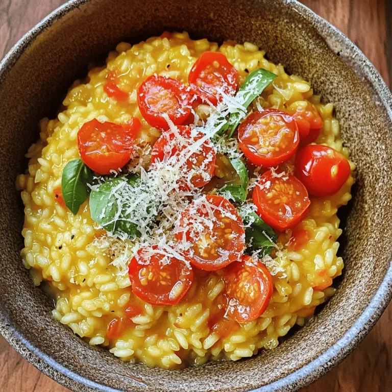 To make a creamy tomato basil risotto, you need to gather a few key ingredients. Here’s what you’ll need: - 1 cup arborio rice - 4 cups vegetable broth, warmed - 1 medium onion, finely chopped - 2 cloves garlic, minced - 1 can (14 oz) crushed tomatoes - 1/2 cup heavy cream (substitute coconut cream for a dairy-free option) - 1/2 cup grated Parmesan cheese (or nutritional yeast for a vegan alternative) - 1/4 cup fresh basil, chopped - 2 tablespoons olive oil - Salt and pepper, to taste - Cherry tomatoes, halved, for garnish (optional) Each ingredient plays a role in creating rich flavors. Arborio rice gives a creamy texture, while crushed tomatoes add a nice acidity. The heavy cream (or coconut cream) brings the dish together. Fresh basil adds brightness and aroma. Using high-quality ingredients makes a big difference in taste. You can find the full recipe, including detailed steps, in the reference section. 1. Warm the vegetable broth in a saucepan over low heat. This keeps the broth hot. 2. In a large skillet, heat olive oil over medium heat. 3. Sauté the onion for about 5 minutes. It should become soft and translucent. 4. Add minced garlic to the skillet. Cook it for about 1 minute until it smells great. 1. Pour in the arborio rice and stir it well. Toast the rice for about 2 minutes. 2. Add the can of crushed tomatoes. Mix it all together and let it simmer for 2 minutes. 3. Gradually add the warm vegetable broth using a ladle. Stir often and wait for the rice to absorb the liquid. Repeat this for 18-20 minutes until the risotto is creamy and the rice is tender. 1. Remove the skillet from heat. Fold in heavy cream, grated Parmesan cheese, and fresh basil. 2. Season with salt and pepper to taste. Let the risotto rest for a minute to thicken. 3. Serve hot, garnished with more basil and halved cherry tomatoes for a pop of color. For a detailed view, check the Full Recipe. - Create the perfect creamy texture: To achieve creaminess, use arborio rice. This rice releases starch, which makes risotto smooth. Stir often and add broth slowly. - Avoid mushy risotto: Do not rush the cooking process. Add broth gradually and let the rice absorb it. This helps keep the rice firm and al dente. - Ideal saucepan or skillet recommendations: Use a heavy-bottomed pot or a deep skillet. This type of pan spreads heat evenly. It prevents hot spots that can scorch the rice. - How to present risotto beautifully: Serve the risotto in shallow bowls. This allows for a nice spread. Add a sprig of basil on top for color. - Garnishing options for added flavor: Fresh basil adds taste and looks nice. You can also sprinkle extra Parmesan cheese on top. Halved cherry tomatoes add a pop of color and flavor. - Pairing suggestions with wine or sides: A light white wine works well with risotto. Try a Sauvignon Blanc or Pinot Grigio. For sides, consider a simple green salad or garlic bread to complete your meal. For the full recipe and more details, check out the [Full Recipe]. {{image_4}} You can easily change this risotto to fit your needs. For a vegan or dairy-free option, swap the heavy cream with coconut cream. Use nutritional yeast in place of Parmesan cheese for a cheesy flavor without dairy. If you need a gluten-free option, rest assured that arborio rice is naturally gluten-free. This makes it a great choice for anyone avoiding gluten. Just check your broth label to ensure it's gluten-free, too. Adding extra veggies can make your risotto even better! Toss in fresh spinach or peas for a pop of color and nutrients. You can sauté them briefly with the onion. If you want some protein, consider adding cooked chicken or shrimp. These pair nicely with the creamy tomato base. Just stir them in during the last few minutes of cooking. For more ideas on making this dish your own, check the Full Recipe for extra tips and variations. Store your creamy tomato basil risotto in an airtight container. Glass or plastic containers work great. Make sure they seal well to keep the risotto fresh. If you use a bowl, cover it tightly with plastic wrap. Your risotto lasts up to three days in the refrigerator. After that, it may lose its taste and texture. When reheating risotto, the best method is to use the stovetop. Add a splash of broth or water to keep it moist. Heat it over low to medium heat. Stir often to avoid sticking. You can also use a microwave if you’re in a hurry. Just cover it loosely and add a bit of liquid. To keep the creaminess, stir in a little extra cream or cheese while reheating. This will help revive the rich texture. Enjoy your risotto just like it was fresh! For the full recipe, check out the link. What can I substitute for arborio rice? You can use short-grain rice or sushi rice instead of arborio rice. Both options will give you a creamy texture. How to prevent risotto from sticking? Stirring often helps keep the rice from sticking. Make sure to use a heavy pot and enough broth. Can I make risotto in advance? Yes, you can make risotto ahead of time. Just reheat it on low heat with a bit of broth to keep it creamy. Is heavy cream necessary for the recipe? Heavy cream adds richness, but it is not necessary. You can use coconut cream for a dairy-free option instead. What are the best types of tomatoes to use? Crushed tomatoes work well, but you can also use fresh tomatoes or diced tomatoes for a brighter flavor. Why is stirring important in risotto? Stirring helps release starch from the rice, creating a creamy texture. It also prevents the rice from burning. What's the difference between risotto and other rice dishes? Risotto uses a specific type of rice and a slow-cooking method. It requires constant stirring and broth addition, making it creamy and rich. For a complete guide on making creamy tomato basil risotto, check out the [Full Recipe]. This dish is perfect for family dinners or special occasions. Let's dive into the details of this mouthwatering dish. Creamy tomato basil risotto uses a few simple ingredients. Here’s what you will need: - 1 cup arborio rice - 4 cups vegetable broth, warmed - 1 medium onion, finely chopped - 2 cloves garlic, minced - 1 can (14 oz) crushed tomatoes - 1/2 cup heavy cream (substitute coconut cream for a dairy-free option) - 1/2 cup grated Parmesan cheese (or nutritional yeast for a vegan alternative) - 1/4 cup fresh basil, chopped - 2 tablespoons olive oil - Salt and pepper, to taste - Cherry tomatoes, halved, for garnish (optional) This risotto shines with its creamy texture and fresh flavors. Arborio rice is key here; it holds up well and gives that lovely creaminess. The crushed tomatoes add a bright color and rich taste. Using fresh basil makes a big difference. It gives a fresh and fragrant touch to every bite. You can easily customize this dish. Add veggies like spinach or peas for extra nutrition. If you want protein, consider chicken or shrimp. The cooking method is essential. You need to stir often as you add broth. This helps the rice release its starch, creating that creamy result. My favorite part is folding in the heavy cream and cheese right at the end. It makes the risotto luxuriously creamy! Serve this dish in shallow bowls for a nice look. A sprinkle of fresh basil and a drizzle of olive oil add flair. Enjoy this comforting meal with a side salad or a glass of white wine for the perfect dinner. This blog post walked you through making the perfect risotto. We covered the key ingredients, step-by-step cooking, and valuable tips. You learned how to adjust for different diets and flavor preferences. Proper storage and reheating ensures your leftovers stay tasty. Remember, risotto is versatile and can be made your own. Enjoy creating and sharing this delightful dish with others. Your cooking skills will impress everyone at the table!