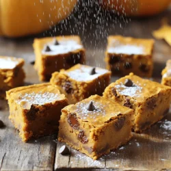 For my Pumpkin Chocolate Chip Blondies, I use simple and tasty ingredients. Here’s what you need: - 1 cup pumpkin puree - 1 cup packed brown sugar - 1/2 cup granulated sugar - 1/2 cup unsalted butter, melted - 2 large eggs at room temperature - 1 teaspoon pure vanilla extract - 1 1/2 cups all-purpose flour - 1 teaspoon baking powder - 1 teaspoon baking soda - 1 teaspoon ground cinnamon - 1/2 teaspoon ground nutmeg - 1/4 teaspoon salt - 1 cup semi-sweet chocolate chips The pumpkin puree gives these blondies a rich flavor and moist texture. The brown sugar adds a deep sweetness, while the granulated sugar balances it out. Melting the butter makes mixing easy. Eggs help bind everything together. The flour, baking powder, and baking soda create the right rise. The spices, cinnamon and nutmeg, bring warmth and that cozy fall vibe. Finally, the chocolate chips provide little bursts of sweetness. You can find the full recipe in this article for more detailed steps. Enjoy making these blondies! To make Pumpkin Chocolate Chip Blondies, follow these steps closely. Each step builds toward that sweet, rich treat. - Preheat oven to 350°F (175°C). - Prepare an 8x8-inch baking pan by greasing it lightly. Line it with parchment paper, leaving some overhang. This helps lift the blondies out later. - In a large mixing bowl, combine the melted butter, brown sugar, and granulated sugar. Stir until smooth and well blended. - Next, add the pumpkin puree, eggs, and vanilla extract to the sugar mixture. Mix until smooth with no lumps. - In a medium bowl, whisk together the flour, baking powder, baking soda, ground cinnamon, ground nutmeg, and salt. Ensure they are well mixed. - Gradually add the dry mix to the wet ingredients. Stir gently until just combined. Avoid overmixing to keep blondies light and airy. - Finally, fold in the chocolate chips evenly with a spatula. - Transfer the batter to your prepared baking pan. Use a spatula to spread it evenly. - Bake in the oven for 25-30 minutes. They’re ready when a toothpick comes out clean, with a few moist crumbs. - Let the blondies cool in the pan for about 10 minutes. Use the parchment overhang to lift them out onto a wire rack. Let them cool completely before cutting into squares. Following these steps will help you create delicious Pumpkin Chocolate Chip Blondies that everyone will love. For the complete recipe, refer to the [Full Recipe]. To get the best blondies, avoid overmixing the batter. Mix just until combined. This helps keep them light and soft. After baking, allow proper cooling time. Let them cool for at least 10 minutes in the pan. This makes cutting easier and keeps them from falling apart. If you don't have pumpkin puree, you can use applesauce or mashed banana. Both add moisture and flavor. For sugar substitutes, try coconut sugar or a sugar blend. These options can lower calories while keeping sweetness. For a lovely finish, serve the blondies with a dusting of powdered sugar. This simple step makes them look fancy. You can also pair them with ice cream. A scoop of vanilla or caramel ice cream adds a creamy touch. This makes for a perfect dessert experience. For the full recipe, see earlier sections. {{image_4}} You can add nuts or dried fruits to the batter. Pecans or walnuts bring a nice crunch. Dried cranberries or apricots add a sweet twist. Feel free to mix and match! Using different types of chocolate can change the game. Try dark chocolate for a rich taste. White chocolate adds a sweetness that balances the pumpkin. For a gluten-free option, swap all-purpose flour for almond flour. This keeps the blondies moist and soft. You can also try coconut flour, but adjust the liquid in the recipe. If you want a vegan version, replace the eggs with flax eggs or applesauce. Use plant-based butter instead of dairy butter. For the chocolate chips, look for dairy-free options. During the holidays, you can make Christmas spice blondies. Add ginger, cloves, and allspice for a festive flavor. For Thanksgiving, consider adding chopped pecans and a swirl of cream cheese. This adds a creamy texture and more flavor to your blondies. Check the Full Recipe for all the details on making these delicious treats! To keep your Pumpkin Chocolate Chip Blondies fresh, store them in an airtight container. You can keep them at room temperature for up to three days. Just make sure they stay away from heat and sunlight. If you want them to last longer, refrigerate them. This can extend their freshness for about a week. You can freeze these blondies for up to three months. First, cut the blondies into squares. Wrap each piece tightly in plastic wrap. Then, place them in a freezer-safe bag. When you want to enjoy a blondie, take it out of the freezer. Let it thaw in the fridge overnight for the best results. For optimal freshness, eat your blondies within a week if stored in the fridge. Watch for signs of spoilage, like a dry texture or a strange smell. If the blondies look hard or have mold, it’s best to toss them. Enjoy your sweet treat while it’s still delightful! For the full recipe, check out the complete details. What is the best way to cut blondies? Cutting blondies can be easy with the right tools. Use a sharp knife for clean edges. First, let the blondies cool completely. Then, lift them out by the parchment. Cut into squares for perfect pieces. Wipe the knife with a damp cloth between cuts. This keeps each piece neat and tidy. Can I use fresh pumpkin instead of canned? Yes, you can use fresh pumpkin! Just cook and puree the pumpkin until smooth. Use the same amount as canned, which is one cup. Fresh pumpkin can add a rich, natural flavor. It may also have a bit more moisture, so keep an eye on the bake time. Why are my blondies too dense? Dense blondies can happen for a few reasons. Overmixing the batter is a big one. When you mix too much, you add air and gluten. This can lead to a heavy texture. Make sure to mix gently until just combined. Also, check your baking powder and soda for freshness. How can I make blondies more moist? To keep blondies moist, try a few tips. Adding an extra egg can help create a softer texture. You can also reduce the flour slightly. Another option is to add a splash of milk or cream. Be careful not to overbake, as that dries them out too. Caloric content per serving Each blondie has about 180 calories. This can vary based on the exact ingredients used. The chocolate chips add some extra calories, but they also add joy! Health benefits of pumpkin in desserts Pumpkin is a great addition to desserts. It is low in calories and high in fiber. It contains vitamins A and C, which are good for your skin and eyes. Using pumpkin can boost the nutrition of your treats without losing taste. Enjoy your blondies while feeling good about your choice! This post shared a simple recipe for pumpkin chocolate chip blondies. You learned about the ingredients, prep steps, and baking instructions. Remember, the right mixing and cooling will give you the best texture. Don’t shy away from experimenting with flavors or dietary swaps. Store them well for lasting taste. Enjoy every bite and share your creations with friends. These blondies can be a sweet treat anytime. Happy baking!