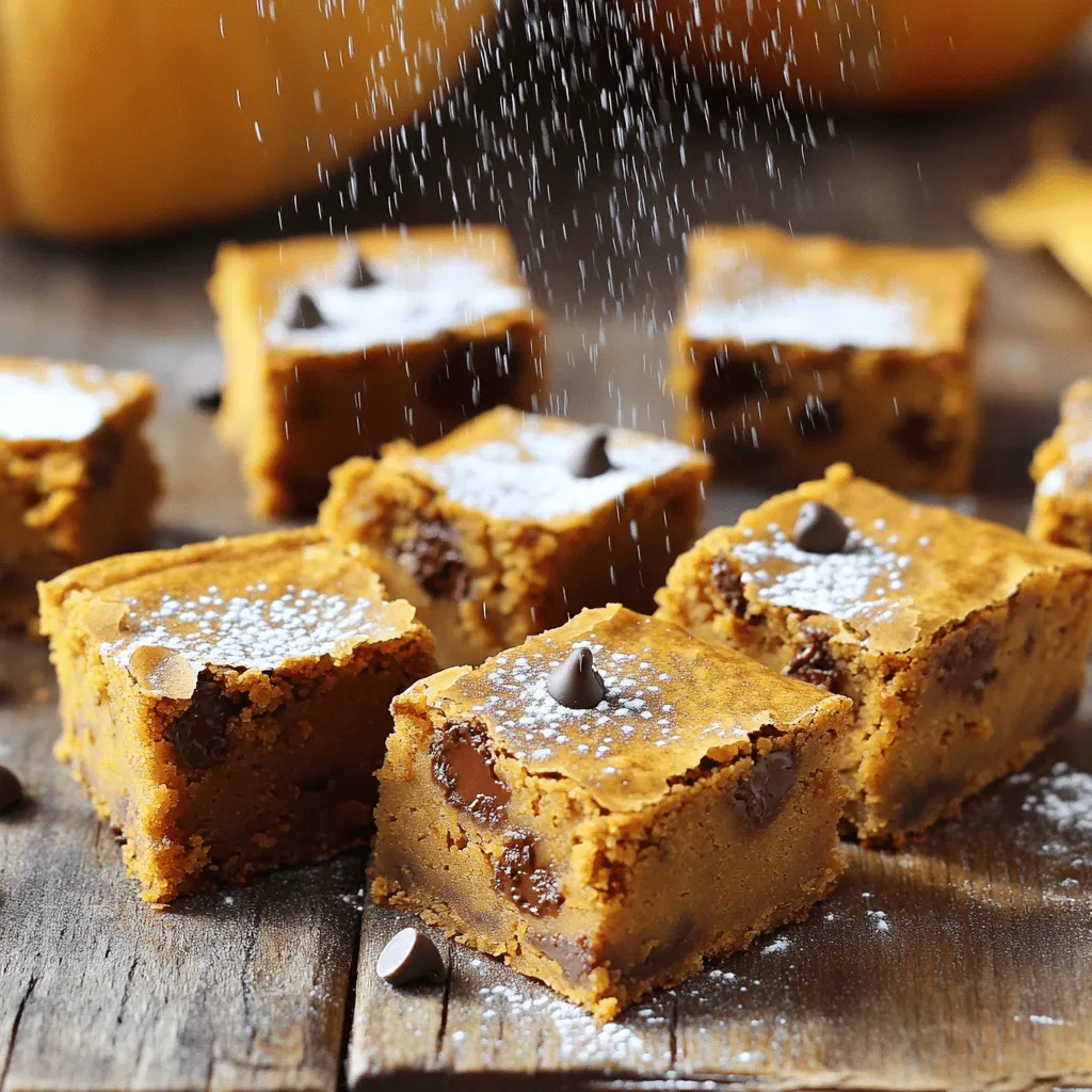 For my Pumpkin Chocolate Chip Blondies, I use simple and tasty ingredients. Here’s what you need: - 1 cup pumpkin puree - 1 cup packed brown sugar - 1/2 cup granulated sugar - 1/2 cup unsalted butter, melted - 2 large eggs at room temperature - 1 teaspoon pure vanilla extract - 1 1/2 cups all-purpose flour - 1 teaspoon baking powder - 1 teaspoon baking soda - 1 teaspoon ground cinnamon - 1/2 teaspoon ground nutmeg - 1/4 teaspoon salt - 1 cup semi-sweet chocolate chips The pumpkin puree gives these blondies a rich flavor and moist texture. The brown sugar adds a deep sweetness, while the granulated sugar balances it out. Melting the butter makes mixing easy. Eggs help bind everything together. The flour, baking powder, and baking soda create the right rise. The spices, cinnamon and nutmeg, bring warmth and that cozy fall vibe. Finally, the chocolate chips provide little bursts of sweetness. You can find the full recipe in this article for more detailed steps. Enjoy making these blondies! To make Pumpkin Chocolate Chip Blondies, follow these steps closely. Each step builds toward that sweet, rich treat. - Preheat oven to 350°F (175°C). - Prepare an 8x8-inch baking pan by greasing it lightly. Line it with parchment paper, leaving some overhang. This helps lift the blondies out later. - In a large mixing bowl, combine the melted butter, brown sugar, and granulated sugar. Stir until smooth and well blended. - Next, add the pumpkin puree, eggs, and vanilla extract to the sugar mixture. Mix until smooth with no lumps. - In a medium bowl, whisk together the flour, baking powder, baking soda, ground cinnamon, ground nutmeg, and salt. Ensure they are well mixed. - Gradually add the dry mix to the wet ingredients. Stir gently until just combined. Avoid overmixing to keep blondies light and airy. - Finally, fold in the chocolate chips evenly with a spatula. - Transfer the batter to your prepared baking pan. Use a spatula to spread it evenly. - Bake in the oven for 25-30 minutes. They’re ready when a toothpick comes out clean, with a few moist crumbs. - Let the blondies cool in the pan for about 10 minutes. Use the parchment overhang to lift them out onto a wire rack. Let them cool completely before cutting into squares. Following these steps will help you create delicious Pumpkin Chocolate Chip Blondies that everyone will love. For the complete recipe, refer to the [Full Recipe]. To get the best blondies, avoid overmixing the batter. Mix just until combined. This helps keep them light and soft. After baking, allow proper cooling time. Let them cool for at least 10 minutes in the pan. This makes cutting easier and keeps them from falling apart. If you don't have pumpkin puree, you can use applesauce or mashed banana. Both add moisture and flavor. For sugar substitutes, try coconut sugar or a sugar blend. These options can lower calories while keeping sweetness. For a lovely finish, serve the blondies with a dusting of powdered sugar. This simple step makes them look fancy. You can also pair them with ice cream. A scoop of vanilla or caramel ice cream adds a creamy touch. This makes for a perfect dessert experience. For the full recipe, see earlier sections. {{image_4}} You can add nuts or dried fruits to the batter. Pecans or walnuts bring a nice crunch. Dried cranberries or apricots add a sweet twist. Feel free to mix and match! Using different types of chocolate can change the game. Try dark chocolate for a rich taste. White chocolate adds a sweetness that balances the pumpkin. For a gluten-free option, swap all-purpose flour for almond flour. This keeps the blondies moist and soft. You can also try coconut flour, but adjust the liquid in the recipe. If you want a vegan version, replace the eggs with flax eggs or applesauce. Use plant-based butter instead of dairy butter. For the chocolate chips, look for dairy-free options. During the holidays, you can make Christmas spice blondies. Add ginger, cloves, and allspice for a festive flavor. For Thanksgiving, consider adding chopped pecans and a swirl of cream cheese. This adds a creamy texture and more flavor to your blondies. Check the Full Recipe for all the details on making these delicious treats! To keep your Pumpkin Chocolate Chip Blondies fresh, store them in an airtight container. You can keep them at room temperature for up to three days. Just make sure they stay away from heat and sunlight. If you want them to last longer, refrigerate them. This can extend their freshness for about a week. You can freeze these blondies for up to three months. First, cut the blondies into squares. Wrap each piece tightly in plastic wrap. Then, place them in a freezer-safe bag. When you want to enjoy a blondie, take it out of the freezer. Let it thaw in the fridge overnight for the best results. For optimal freshness, eat your blondies within a week if stored in the fridge. Watch for signs of spoilage, like a dry texture or a strange smell. If the blondies look hard or have mold, it’s best to toss them. Enjoy your sweet treat while it’s still delightful! For the full recipe, check out the complete details. What is the best way to cut blondies? Cutting blondies can be easy with the right tools. Use a sharp knife for clean edges. First, let the blondies cool completely. Then, lift them out by the parchment. Cut into squares for perfect pieces. Wipe the knife with a damp cloth between cuts. This keeps each piece neat and tidy. Can I use fresh pumpkin instead of canned? Yes, you can use fresh pumpkin! Just cook and puree the pumpkin until smooth. Use the same amount as canned, which is one cup. Fresh pumpkin can add a rich, natural flavor. It may also have a bit more moisture, so keep an eye on the bake time. Why are my blondies too dense? Dense blondies can happen for a few reasons. Overmixing the batter is a big one. When you mix too much, you add air and gluten. This can lead to a heavy texture. Make sure to mix gently until just combined. Also, check your baking powder and soda for freshness. How can I make blondies more moist? To keep blondies moist, try a few tips. Adding an extra egg can help create a softer texture. You can also reduce the flour slightly. Another option is to add a splash of milk or cream. Be careful not to overbake, as that dries them out too. Caloric content per serving Each blondie has about 180 calories. This can vary based on the exact ingredients used. The chocolate chips add some extra calories, but they also add joy! Health benefits of pumpkin in desserts Pumpkin is a great addition to desserts. It is low in calories and high in fiber. It contains vitamins A and C, which are good for your skin and eyes. Using pumpkin can boost the nutrition of your treats without losing taste. Enjoy your blondies while feeling good about your choice! This post shared a simple recipe for pumpkin chocolate chip blondies. You learned about the ingredients, prep steps, and baking instructions. Remember, the right mixing and cooling will give you the best texture. Don’t shy away from experimenting with flavors or dietary swaps. Store them well for lasting taste. Enjoy every bite and share your creations with friends. These blondies can be a sweet treat anytime. Happy baking!