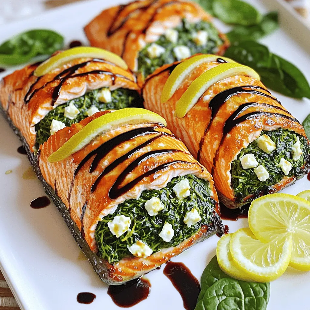 To make spinach feta stuffed salmon, gather these ingredients: - 4 salmon fillets (6 oz each) - 2 cups fresh spinach, finely chopped - 1 cup feta cheese, crumbled - ½ cup cream cheese, softened at room temperature - 2 cloves garlic, minced - 1 tablespoon fresh lemon juice - 1 teaspoon dried oregano - 2 tablespoons olive oil, divided - Salt and freshly ground black pepper, to taste - Lemon slices, for garnish You can switch a few ingredients for different flavors or diets. Try these options: - Use goat cheese instead of feta for a tangy taste. - Swap cream cheese for Greek yogurt to cut calories. - Use kale if you want a different green. - Replace salmon with chicken breast for a poultry option. - Choose fresh herbs like thyme or basil instead of oregano for a twist. This dish is not just tasty; it is also good for you. Here’s a rough idea of the nutrition per serving: - Calories: 350 - Protein: 30g - Fat: 23g - Carbohydrates: 4g - Fiber: 1g - Vitamin A: 80% of daily value - Calcium: 25% of daily value These numbers show that spinach feta stuffed salmon packs a healthy punch. This meal gives you protein, healthy fats, and vitamins, making it a great choice for lunch or dinner. For the full recipe, check out the [Full Recipe]. Start by preheating your oven to 375°F (190°C). This step is key for even cooking. While the oven heats, gather your ingredients. You will need salmon fillets, spinach, feta, cream cheese, garlic, lemon juice, oregano, olive oil, salt, and pepper. Make sure everything is ready before you start cooking. In a medium skillet, pour in one tablespoon of olive oil. Set the heat to medium. Add the minced garlic and cook for about one minute. Stir it often to keep it from burning. Next, toss in the chopped spinach. Cook for 2-3 minutes until it wilts. Once it looks nice and green, take it off the heat and let it cool for a minute. Now, in a mixing bowl, combine the cooked spinach with feta, cream cheese, lemon juice, oregano, and a pinch of salt and pepper. Mix it well until you have a creamy filling. Take each salmon fillet and make a slit on the top side. Be careful not to cut all the way through. This creates a pocket for the filling. Now, spoon the creamy spinach and feta mixture into each pocket. Press gently to secure the filling. In the same skillet, add the last tablespoon of olive oil and heat it over medium-high. Place the stuffed fillets in the skillet and sear for about 3-4 minutes until golden brown. Carefully flip the fillets to sear the other side quickly. Then, transfer the skillet to the preheated oven. Bake for 10-12 minutes. The salmon is done when it flakes easily with a fork. After baking, let it rest for a couple of minutes before serving. For a beautiful presentation, serve on a white platter and add lemon slices on top. You can find the full recipe above for all the details. To cook salmon perfectly, I recommend two main methods: searing and baking. Searing gives it a crispy skin while baking ensures it stays moist. Start by heating oil in a skillet. Place the salmon fillets skin-side down. Cook for about 3-4 minutes until golden brown. Flip the fillets and bake them in the oven at 375°F for 10-12 minutes. This mix of methods brings out the best in the fish. If your salmon is overcooked, it can become dry and tough. To avoid this, use a meat thermometer. Aim for an internal temperature of 145°F. If you find your salmon sticking to the pan, ensure the skillet is hot and well-oiled. Also, avoid moving the fish too soon. Let it sear properly before flipping. If your stuffing spills out, make sure to press it in gently when filling. For more flavor, consider adding fresh herbs like dill or parsley to your stuffing. A pinch of red pepper flakes can give it a nice kick. You can also replace some feta with cream cheese for a creamier texture. Drizzling a bit of balsamic reduction on top before serving adds a sweet tang. Each of these tips can turn your dish into a gourmet meal, making it special for any occasion. For the full recipe, check the detailed instructions above. {{image_4}} You can switch the feta cheese for other types. Try goat cheese for a tangy twist. Cream cheese also works well if you want a richer taste. If you love sharp flavors, use aged cheddar. Each cheese brings its own flair to the dish. You can add more veggies to the filling. Consider sun-dried tomatoes for a pop of color and taste. Artichoke hearts also add a nice flavor. If you want more crunch, try diced bell peppers. These options keep the dish exciting and fresh. Spice it up or tone it down based on what you like. Add crushed red pepper flakes for heat. If you prefer milder flavors, skip the spice altogether. You can also mix in fresh herbs like basil or parsley for extra flavor without the heat. Enjoy experimenting! To keep your spinach feta stuffed salmon fresh, store it in an airtight container. Place the salmon in the fridge within two hours of cooking. You can enjoy it for up to three days. If you want to keep it longer, freezing is a great option. When you're ready to enjoy leftovers, reheat your salmon gently. You can use the oven at 350°F (175°C) for about 10-15 minutes. This keeps the salmon moist. You can also use a microwave, but be careful not to overcook it. Heat it in 30-second intervals, checking often. If you plan to freeze your stuffed salmon, wrap each fillet tightly in plastic wrap. After that, place it in a freezer-safe bag or container. This way, it can last for up to three months. When you're ready to eat, thaw it overnight in the fridge before reheating. For more details, check out the full recipe. You should bake Spinach Feta Stuffed Salmon for 10-12 minutes at 375°F (190°C). This time allows the salmon to cook fully while keeping it moist. The fish will flake easily when done. Keep an eye out for a golden-brown color on the top. This dish pairs well with many sides. Here are some tasty options: - Steamed asparagus - Roasted potatoes - Quinoa salad - Garlic bread - Mixed greens with lemon vinaigrette These sides balance the rich flavors of the salmon and add color to your plate. Yes, you can prep this dish ahead. Make the filling and stuff the salmon up to a day in advance. Store it in the fridge, covered tightly. When you're ready, just sear and bake the salmon. This makes dinner quick and easy! For the full recipe, check out the Spinach & Feta Stuffed Salmon Delight. Spinach feta stuffed salmon is a tasty dish packed with nutrients. We covered key ingredients, cooking steps, and useful tips. Variations let you customize it to your taste. Proper storage ensures your meal lasts longer. Using the cooking methods shared can help you avoid common problems. Now, you’re ready to cook and enjoy this dish. Get creative and have fun in the kitchen!