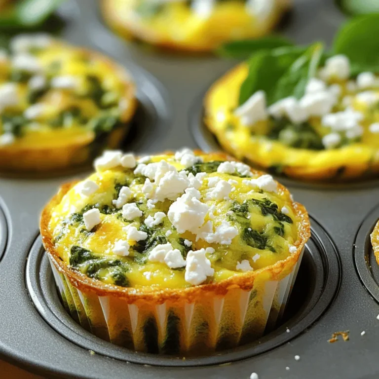 - 6 large eggs - 1 cup fresh spinach, chopped - 1/2 cup feta cheese, crumbled - 1/4 cup milk (dairy or dairy-free) - 1/4 cup red bell pepper, finely chopped - 1/4 cup onion, finely diced - 1 garlic clove, minced - 1/2 teaspoon salt - 1/4 teaspoon black pepper - 1/4 teaspoon red pepper flakes (optional) - Olive oil spray or muffin liners for greasing The key ingredients in Spinach Feta Egg Muffins create a tasty blend. First, we use six large eggs. They form the base and give the muffins structure. Next, one cup of fresh spinach adds color and nutrients. Feta cheese brings a salty, creamy flavor that pairs well with eggs. For added texture and taste, we mix in some chopped red bell pepper, onion, and garlic. These ingredients add sweetness and depth. The milk helps keep the muffins moist. Seasoning is crucial for flavor. Salt and black pepper enhance the taste of the eggs and veggies. If you like a hint of spice, try adding red pepper flakes. Finally, use olive oil spray or muffin liners to prevent sticking. This makes it easy to enjoy your muffins right out of the tin. You can find the full recipe for these delightful muffins at the beginning of this article. - Preheat oven to 350°F (175°C). - Grease muffin tin or line with muffin liners. - Whisk eggs thoroughly until blended. - Incorporate milk and seasonings. - Fold in spinach, feta, bell pepper, onion, and garlic. - Ensure even mixture for consistent flavor. - Pour mixture into muffin tins. - Bake for 18-20 minutes until set. - Allow muffins to cool before removal. - For a great look, serve muffins warm on a pretty platter. - Garnish with crumbled feta and fresh spinach leaves for color. You can follow the full recipe for more details! To ensure your muffins are perfect, use a toothpick for checking doneness. Insert it into the center of a muffin. If it comes out clean, your muffins are ready. If there's liquid egg, bake them a bit longer. Each oven works differently, so you might need to adjust the baking time. Keep an eye on them, especially the first time you bake. You can switch up the greens if you want. Kale or arugula work great in place of spinach. If you want a dairy-free option, try using plant-based cheese. These swaps let you cater to your taste and dietary needs without losing flavor. For the best texture, use separate bowls. Whisk the eggs in one bowl. In another, mix your dry ingredients. This helps blend everything well. Also, avoid overfilling your muffin tins. Fill them about three-quarters full. This allows the muffins to rise without spilling over, giving you that perfect dome shape. If you want to see how these tips come together, check out the Full Recipe for Spinach Feta Egg Muffins! {{image_4}} You can easily enhance the taste of your Spinach Feta Egg Muffins. Consider adding fresh herbs like dill or parsley. These herbs bring a burst of flavor that pairs well with the spinach. You might also try different cheeses. Goat cheese offers a tangy twist, while sharp cheddar adds a rich taste. Feel free to mix in other vegetables too. Chopped zucchini, mushrooms, or sweet cherry tomatoes can add great texture and flavor. The beauty of these muffins lies in their flexibility. Create your own unique combinations to suit your taste. This way, you can prepare a batch that matches your meal prep needs. If you have different dietary needs, these muffins can adapt. For a gluten-free option, use gluten-free flour. This keeps the muffins light and fluffy. Want a vegan version? You can substitute eggs with egg replacers like flaxseed or applesauce. Pair it with dairy-free cheese for a delicious plant-based treat. For the full recipe, check out the Spinach Feta Egg Muffins recipe. It’s simple and allows for endless creativity! After you bake your Spinach Feta Egg Muffins, let them cool completely. This step prevents moisture buildup in storage. Once cooled, store muffins in an airtight container. A good container keeps them fresh longer. You can place a piece of paper towel inside to absorb extra moisture. To freeze muffins, wrap each one tightly in plastic wrap. Then, place them in a freezer-safe bag or container. This method helps avoid freezer burn. When you want to eat them, just take out the muffins and let them thaw in the fridge overnight. You can also microwave them for a quick thaw. For the best texture, reheat muffins in the oven. Set your oven to 350°F (175°C) and warm muffins for about 10 minutes. This method keeps them fluffy. If you’re short on time, you can use a microwave. Heat muffins for about 30 seconds. However, the oven gives a better result. Enjoy your tasty muffins any time! For the full recipe, check the details above. The muffins are done when they puff up and turn golden. You can test them by inserting a toothpick. If it comes out clean, they are ready. This usually takes about 18 to 20 minutes in a preheated oven. The tops should look firm and set, not jiggly. Yes, you can make these muffins ahead of time. They store well in the fridge for up to five days. To meal prep, bake a batch on the weekend. Then, you can grab them for breakfast during the week. Just reheat them in the microwave or oven, and they taste fresh again. If you don’t have feta cheese, don’t worry! You can use goat cheese or cream cheese instead. These cheeses add different flavors and textures. Goat cheese gives a tangy taste, while cream cheese makes the muffins creamy. Both options work well in this recipe. The muffins will last in the fridge for about five days. Store them in an airtight container to keep them fresh. If you want to keep them longer, consider freezing them. They can last up to three months in the freezer. Just remember to thaw them overnight in the fridge before reheating. Absolutely! You can customize these muffins to fit many diets. For a gluten-free option, use gluten-free flour. If you want a vegan version, replace eggs with a mix of flaxseed and water. You can also add in different veggies like mushrooms or zucchini. Just adjust the cooking time if needed. These Spinach Feta Egg Muffins are simple and tasty. We covered all the key steps and tips, from choosing your ingredients to baking and enjoying. Remember, you can mix in different veggies or cheeses based on your taste. Make these muffins ahead for quick meals. They store well and freeze nicely. Now, you have a delicious, healthy snack or meal option ready to go. Enjoy experimenting with flavors, and don't hesitate to make them your own!