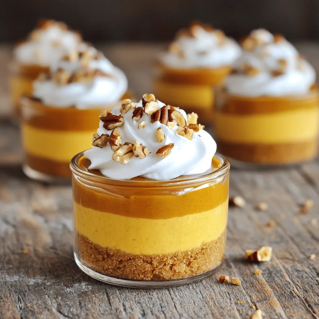 To make No Bake Pumpkin Cheesecake Cups, you need to gather these items: - 1 cup graham cracker crumbs - 1/4 cup unsalted butter, melted - 2 (8 oz) packages cream cheese, softened to room temperature - 1 cup pumpkin puree (not pumpkin pie filling) - 1 cup powdered sugar - 1 teaspoon vanilla extract - 1 teaspoon ground cinnamon - 1/2 teaspoon ground nutmeg - 1/2 cup heavy whipping cream - Whipped cream, for topping - Crushed pecans or walnuts, for garnish You can make this recipe your own with easy swaps. If you want a gluten-free crust, use gluten-free graham crackers. For a lighter option, try Greek yogurt instead of cream cheese. If you are out of pumpkin puree, mashed sweet potato works well. Always use fresh cream cheese for the best taste. Check your pumpkin puree for freshness, too. Look for cans that are not dented and are within the expiration date. Heavy cream should be cold when whipping for the best volume. First, gather your ingredients. You will need graham cracker crumbs, butter, cream cheese, pumpkin puree, and more. Make sure your cream cheese is soft. This will help it mix smoothly. In a medium bowl, mix the graham cracker crumbs and melted butter. Stir until all the crumbs are coated. This will be your crust. Next, in a large bowl, beat the cream cheese with an electric mixer. Mix until it’s smooth and creamy. Add the pumpkin puree, powdered sugar, vanilla, cinnamon, and nutmeg. Mix again until smooth. In another bowl, pour the heavy cream. Whip it until stiff peaks form. This step is key for a light filling. Gently fold the whipped cream into the pumpkin mixture. Use a spatula and be careful not to deflate it. Now it’s time to layer. Spoon the crumb mixture into six cups. Press it down firmly. This makes a solid base. Next, add the creamy pumpkin filling over the crusts. Fill each cup nearly to the top. Chill them in the fridge for at least four hours. This helps the mixture set. When ready, add a dollop of whipped cream on top. Sprinkle with crushed nuts for extra flavor. Enjoy your delicious no bake pumpkin cheesecake cups! For more details, check the Full Recipe. To make a light and fluffy filling, use cold heavy whipping cream. Whip it until you see stiff peaks. This step is key. Gently fold it into the pumpkin mix. Do not stir too hard. You want to keep the air in the whipped cream. This air makes the cheesecake light. Chilling is vital for the best texture. After you assemble the cups, place them in the fridge. Let them chill for at least four hours. This time helps the filling set well. If possible, overnight chilling is even better. It allows all the flavors to meld together. When ready to serve, add a dollop of whipped cream. This adds a lovely touch. You can also sprinkle crushed pecans or walnuts on top. This adds crunch and flavor. For a fun twist, use a piping bag to decorate the whipped cream. A sprinkle of cinnamon also looks nice. If you want a dessert to impress, these tips will help. For the full recipe, check the earlier section. {{image_4}} You can switch things up with flavors. Try chocolate for a rich twist. Use cocoa powder in place of pumpkin puree. Mix it in well with cream cheese and sugar. Maple can also be a great option. Just replace pumpkin with maple syrup. This gives a sweet, fall vibe that everyone loves. For a gluten-free version, use gluten-free graham crackers. They make a great base just like regular ones. If you need a dairy-free option, swap cream cheese for a vegan cream cheese. You can also use coconut cream instead of heavy cream. It will still taste rich and creamy without dairy. These cups are perfect for a party. You can serve them in small glasses or mason jars. If you want smaller bites, use mini cups. For a beautiful look, layer the filling and crust. Top with whipped cream and nuts for crunch. You can also add a cinnamon stick for a festive touch. For more ideas, check the Full Recipe for inspiration. After making your no bake pumpkin cheesecake cups, place them in the fridge. Cover each cup with plastic wrap or a lid. This helps keep them fresh and safe from odors. They taste best when chilled for at least four hours, but you can store them for up to three days. The longer they sit, the more the flavors blend. If you want to save some for later, freezing works great. First, let the cheesecake cups chill in the fridge for at least four hours. Then, wrap each cup in plastic wrap and foil. This keeps them safe from freezer burn. They can stay in the freezer for up to two months. When you're ready to eat, thaw them in the fridge overnight. These delightful cheesecake cups can last in the fridge for about three days. After that, they may lose their creamy texture and flavor. If you freeze them, they can last up to two months. But, for the best taste, enjoy them within a month. For the full recipe, check out the complete instructions to make these tasty treats! Yes, you can make these cups ahead of time. I often prepare them a day in advance. This allows the flavors to meld and the filling to set perfectly. Just cover them with plastic wrap and store them in the fridge. They will taste fresh and delicious when you serve them. If you need a cream cheese substitute, try using Greek yogurt. It gives a nice texture and tang. You can also use mascarpone cheese for a richer taste. Just keep in mind that the flavor may change slightly. For a dairy-free option, try cashew cream or coconut cream mixed with a bit of lemon juice. Check the filling after chilling for at least four hours. It should feel firm to the touch, not jiggly. If you press lightly, it should hold its shape. The filling will become creamier and smoother as it sets. If you're unsure, let it chill longer for the best results. For the complete recipe, check out the Full Recipe link above. You learned about making no-bake cheesecake cups. We covered ingredients, steps, and tips to ensure success. Remember to use fresh ingredients for the best taste. I also shared different flavor ideas and storage tips. These insights can help you create a delightful dessert. Enjoy crafting your cheesecake cups, and don’t forget to experiment with flavors and presentations. With practice, you’ll impress everyone with your tasty treats. Happy baking!
