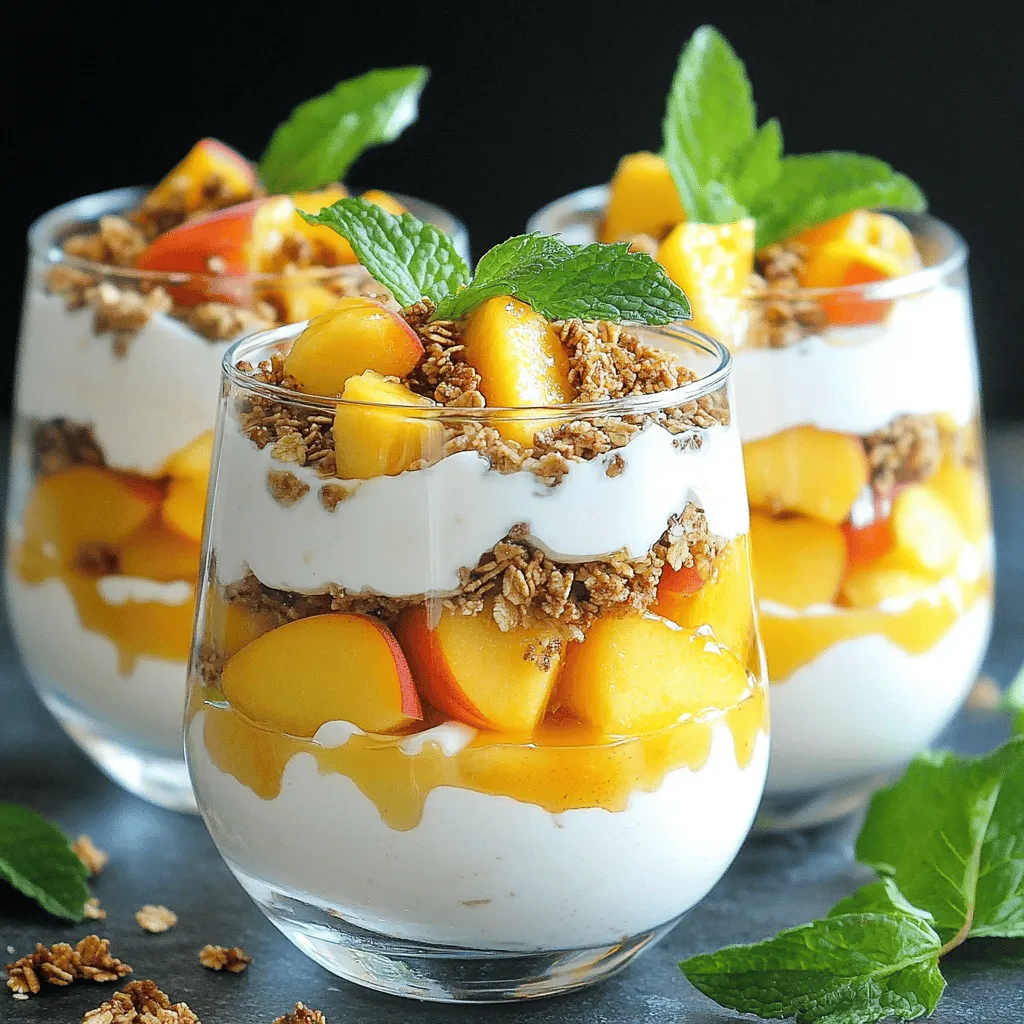 - Ripe peaches - Greek yogurt - Granola or nutty mix You need ripe peaches for this parfait. They add great flavor and sweetness. Choose peaches that feel slightly soft and smell fragrant. Greek yogurt is the star here. It gives a creamy texture and adds protein. You can use plain or vanilla yogurt based on your taste. Don't forget granola or a nutty mix for crunch. This adds a nice contrast to the soft yogurt and peaches. - Honey - Maple syrup Sweeteners bring balance to the parfait. You can use honey for a floral sweetness. Maple syrup adds a rich, earthy flavor. Both are great choices. Just remember to adjust the amount based on your own taste. - Vanilla extract - Ground cinnamon - Fresh mint leaves for garnish Vanilla extract enhances the yogurt's taste. It adds warmth and depth. A pinch of ground cinnamon gives a cozy flavor that pairs well with peaches. Finally, fresh mint leaves are not only pretty but also add a refreshing touch. They brighten up the dish and make it pop. For the Full Recipe, refer to the complete recipe details. To make the yogurt layer, gather your ingredients. You need Greek yogurt, honey or maple syrup, vanilla extract, and ground cinnamon. Start by placing the yogurt in a medium bowl. Next, add the sweetener and vanilla. Finally, sprinkle in the cinnamon. Mix everything together until smooth. This step creates a creamy and flavorful base for your parfait. Now, it’s time to layer. Grab four serving glasses or bowls. Begin with the yogurt mixture. Pour about 1/4 cup into the bottom of each glass. This is your first layer. Next, take your diced peaches. Use about 1/4 of the peaches for each serving. Spread them evenly over the yogurt layer. After the peaches, add the granola. Measure out about 2 tablespoons for each glass. Sprinkle it generously on top of the peaches. This adds a nice crunch and texture to your parfait. Repeat the layering. Start with another layer of the yogurt mixture. Then, add more peaches, followed by more granola. Keep going until you reach the top of your glasses. Finish with a layer of yogurt for a clean look. For a pretty touch, slice a few peach pieces. Place them on top of the final yogurt layer. Sprinkle a bit more granola on top as well. To make it even nicer, add fresh mint leaves for garnish. This adds color and a nice scent. Follow these steps, and you’ll create a beautiful Peach Yogurt Parfait. If you want the full details, check out the Full Recipe. When making a parfait, you can use plain or flavored yogurt. Plain yogurt has a creamy base that lets the peach flavor shine. Flavored yogurt, like vanilla, adds extra sweetness and depth. Choose what you like best! To create even layers, use a spoon or spatula. Start with a yogurt layer at the bottom of your glass. Then, add peaches, followed by granola. Repeat this process until you reach the top. For serving, clear glasses work best. They show off the colorful layers nicely. You can make your parfait even better with extra toppings. Try adding nuts, seeds, or coconut flakes. If you want more sweetness, drizzle a little honey or agave syrup. You can also swap honey for maple syrup, which adds a unique taste. {{image_4}} You can change up your parfait with different fruits. Try using berries like strawberries or blueberries. These fruits pair well with peaches. You can also use bananas or cherries for a sweet twist. Mixing fruits adds color and flavor to each bite. For a vegan version, use coconut yogurt instead of Greek yogurt. This keeps your parfait creamy and delicious. You can also choose almond milk yogurt for a lighter option. For those who need gluten-free choices, look for gluten-free granola. Many brands offer tasty options that fit this need. Adding spices can give your parfait a fun twist. A pinch of nutmeg or cardamom can enhance the flavor. You can also mix in chopped nuts or seeds for crunch. Try adding chia seeds or flaxseeds for extra nutrition. These mix-ins add texture and make your parfait even more enjoyable. To store your peach yogurt parfait, place it in an airtight container. This keeps it fresh and tasty. Use clear glass jars or plastic containers with tight lids. If you made the parfait in individual servings, you can just cover those glasses with plastic wrap. Avoid using metal containers, as they can affect flavor. Your peach yogurt parfait lasts up to three days in the fridge. After that, the yogurt may separate, and the peaches may lose their crunch. You should not freeze parfaits. Freezing can change the texture and taste of the yogurt and fruit. To freshen up stored parfaits, layer in some new granola. This adds crunch and makes them feel fresh again. You can also add a drizzle of honey or a sprinkle of cinnamon for extra flavor. Enjoy the leftovers cold or let them sit at room temperature for a few minutes. This helps bring back some of the peach flavor. To boost the nutrition of your peach yogurt parfait, add some seeds or nuts. Chia seeds or flaxseeds can add fiber and omega-3s. You might also mix in some berries like blueberries or strawberries. They are rich in vitamins and antioxidants. Another option is to use low-fat yogurt, which cuts down on calories but keeps the creamy taste. Greek yogurt is often the best choice. It is thick and creamy, making it perfect for layering. You can also try regular yogurt for a lighter option. Plant-based yogurts are great for those who are dairy-free. Look for ones that have added protein for a filling snack. Yes, you can! Prepare the yogurt mixture the night before and store it in the fridge. Layer the parfait in the morning for a fresh start to your day. Keep the granola separate until you're ready to eat. This keeps it crunchy and tasty. You can find the Full Recipe for Peach Yogurt Parfait in this article. It includes all the details you need to create this tasty treat. Enjoy making it and sharing with friends! This guide showed you how to make a delicious peach yogurt parfait. We covered fresh ingredients, layering tips, and fun variations. Remember to use ripe peaches and your favorite yogurt. You can mix in spices or other fruits for more flavor. Keep your parfaits fresh by storing them properly. Take your time to create beautiful layers. Enjoy making this treat, and don't hesitate to experiment! You’ll find joy in each spoonful of your delightful creation.