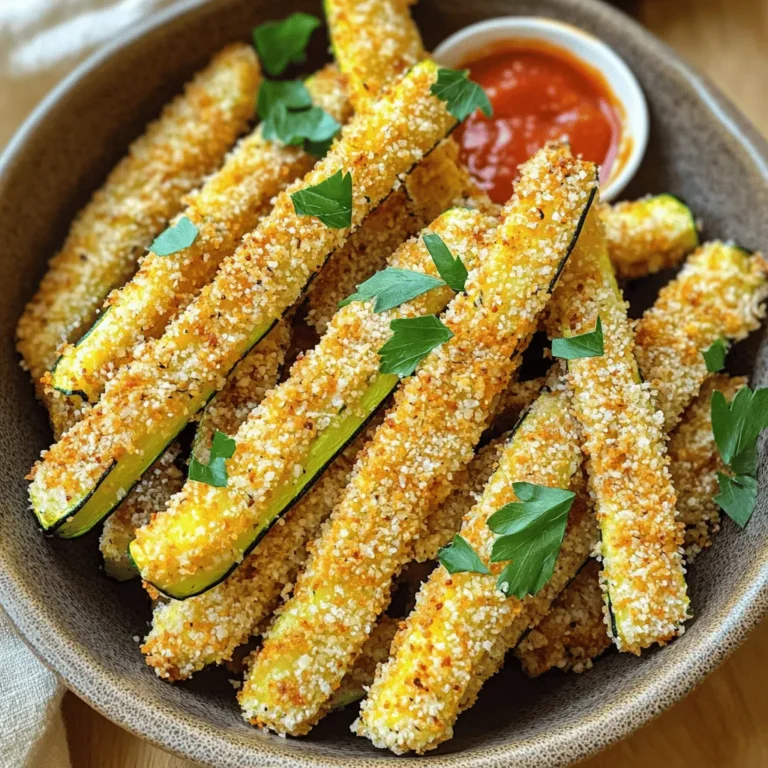 - 2 medium zucchinis - 1 cup whole wheat bread crumbs - 1/2 cup freshly grated Parmesan cheese - 1 teaspoon garlic powder - 1 teaspoon onion powder - 1/2 teaspoon smoked paprika - 1/2 teaspoon fine sea salt - 1/4 teaspoon freshly ground black pepper - 2 large eggs, well beaten - Olive oil spray You can easily swap ingredients to fit your needs. Use gluten-free bread crumbs if you need a gluten-free option. For a cheese alternative, try nutritional yeast. You can change the spices, too. Add your favorite herbs for extra flavor. Choosing fresh zucchinis makes a big difference. Look for firm zucchinis with smooth skin. Avoid any with soft spots or blemishes. Fresh ingredients enhance the taste of your fries. Always prioritize quality for the best results. - Wash and slice zucchinis. - Prepare the breadcrumb mixture. - Beat eggs until smooth. Start by washing the zucchinis under cold water. This step is key to remove any dirt. Next, slice them into fries about 1/4-inch thick. Uniform sizes help them cook evenly. In a shallow bowl, mix the whole wheat bread crumbs, grated Parmesan cheese, garlic powder, onion powder, smoked paprika, salt, and black pepper. Stir until everything is well combined. In another bowl, beat the eggs with a whisk or fork. You want them smooth and a bit frothy. This coating helps the breadcrumbs stick to the fries. - Preheat air fryer. - Coat zucchini fries. - Cooking zucchini fries to crispy perfection. Preheat your air fryer to 400°F (200°C) for about 3-5 minutes. This step helps cook the fries evenly. Take each zucchini fry, dip it into the beaten eggs, letting any extra egg drip off. Then, coat it in the breadcrumb mixture. Press gently to help the crumbs stick. Lightly spray the air fryer basket with olive oil to prevent sticking. Arrange the breaded zucchini fries in a single layer. Avoid overcrowding, as this can lead to uneven cooking. Spray a little olive oil on top of the fries. Cook the zucchini fries for 10-12 minutes. Halfway through, shake the basket gently to ensure even browning. They are done when golden brown and crispy. - Cooling and presentation tips. - Suggested dipping sauces. Once the fries are cooked, carefully remove them from the air fryer. Let them cool slightly on a plate. You can garnish with fresh parsley for a nice touch. Serve these crispy zucchini fries with your favorite dipping sauces. I recommend marinara or garlic aioli for added flavor. They make a simple and tasty snack that everyone will love! For the complete recipe, check out the full recipe section. - Ensuring even sizes for frying: Cut the zucchinis into fries that are the same size. This helps them cook evenly, giving you that perfect crunch on every fry. I like to aim for about 1/4-inch thick slices. - Importance of preheating the air fryer: Always preheat your air fryer to 400°F (200°C) for about 3-5 minutes. This step is crucial for getting that crispy texture. If you skip this, the fries may turn out soggy. - Recommended seasoning blends: For a delicious kick, mix garlic powder, onion powder, and smoked paprika into your breadcrumbs. This blend adds depth and warmth to your zucchini fries. - Using herbs for a fresh twist: Fresh herbs like parsley or oregano can brighten up the dish. Add them to your breadcrumb mix for a fresh flavor. You can also sprinkle them on top after cooking. - Overcrowding the basket: It can be tempting to fit as many fries as possible into the air fryer. However, overcrowding prevents proper air circulation. This can lead to uneven cooking and less crispiness. Always leave space between the fries. - Not enough oil for crispiness: A light spray of olive oil is key. If you don’t use enough, the fries won’t become golden brown. Make sure to spray both before and after placing the fries in the air fryer. {{image_4}} You can spice up zucchini fries in fun ways. For a kick, add cayenne pepper. This gives your fries heat without losing their crunch. Mix a teaspoon of cayenne into your breadcrumb mix. This adds zest and makes every bite exciting. Another option is to infuse your fries with Italian herbs. Use dried oregano, basil, or thyme. Mix these herbs into the breadcrumb mix. This will create a savory, aromatic flavor. The Italian twist pairs perfectly with marinara sauce. If you don’t have an air fryer, you can bake your zucchini fries in the oven. Preheat your oven to 425°F (220°C). Place your coated fries on a baking sheet. Bake for 20-25 minutes, flipping halfway. This method creates a crispy texture, though it may take a bit longer. For those who love traditional frying, you can deep fry the zucchini fries. Heat oil in a pot to 350°F (175°C). Fry the coated fries in batches until golden brown. This method gives a classic crispy finish, but watch them closely to avoid burning. Zucchini fries aren’t just a snack; they can be a meal addition too! Try using them as a salad topping. They add crunch and flavor to leafy greens. Toss them in with your favorite salad for a delightful twist. You can also use zucchini fries in wraps or sandwiches. They add a unique texture and fresh taste. Layer them inside a wrap with hummus and veggies. This makes for a fun, tasty lunch option. To keep your crispy zucchini fries fresh, store them in an airtight container. This will help maintain their texture and flavor. Place a paper towel in the container to absorb moisture. This simple step helps prevent sogginess. You can store them in the fridge for up to 3 days. After that, they may lose their crunch. If you want to enjoy these fries later, freezing is a great option. First, lay the cooked fries on a baking sheet in a single layer. Make sure they don’t touch each other. Freeze them for about 2 hours until solid. Then, transfer them to a freezer bag. This keeps them from sticking together. They can last in the freezer for up to 3 months. To reheat, preheat your air fryer to 400°F (200°C). Cook the frozen fries for about 8-10 minutes. This helps them regain their crispy texture. For the best results, use the air fryer to reheat your fries. It crisps them up nicely. Simply place them in the basket and cook for a few minutes. For a quick option, you can use the microwave. However, this method may make them a bit soggy. If you prefer crispiness, stick to the air fryer. Enjoy your tasty snack anytime! For the full recipe, refer to the [Full Recipe]. Air frying zucchini fries takes about 10 to 12 minutes. This can vary by air fryer brand. Some brands cook faster, while others may take longer. Always check for a crispy texture and golden color. Shake the basket halfway to ensure even cooking. If they need more time, add a minute or two. Yes, you can use frozen zucchini. Thaw them first and pat them dry. This helps prevent sogginess. Cut them into fries after thawing. The cooking time may change slightly. Keep an eye on them to achieve the right crispiness. These fries pair well with many dips. Try marinara sauce, ranch, or garlic aioli. You can also serve them as a side with grilled chicken or fish. Add a fresh salad on the side for a complete meal. They are great for snacking, too! Yes, zucchini fries are a healthier option than traditional fries. They are lower in calories and carbs. Zucchini is high in vitamins A and C. It also provides fiber, which is good for digestion. Using whole wheat bread crumbs adds extra nutrients. Enjoy them guilt-free! Zucchini fries are a tasty and healthy option that anyone can enjoy. From the fresh ingredients to simple cooking steps, making them is easy. Remember to choose quality zucchinis and don’t overcrowd your air fryer. You can customize flavors and even store leftovers for later use. Experimenting with different spices or cooking methods makes it fun. Enjoy your crispy zucchini fries as a snack or side dish. Your taste buds will thank you!