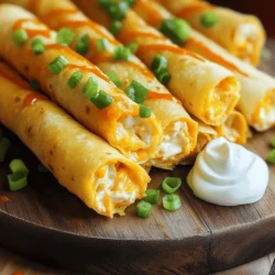 To create Cheesy Buffalo Chicken Taquitos, you need the following ingredients: - 2 cups cooked chicken, shredded - 1/2 cup buffalo sauce - 1 cup shredded cheddar cheese - 1/2 cup cream cheese, softened to room temperature - 1/2 cup green onions, finely chopped - 8 small flour tortillas - 1 cup vegetable oil (for frying) - Salt and freshly ground black pepper to taste - Optional: sour cream, for serving These ingredients are key to making your taquitos rich and flavorful. Use cooked chicken for ease. Shredded rotisserie chicken works great here. The buffalo sauce gives that perfect kick. Cream cheese adds creaminess while cheddar gives that cheesy goodness. Don't forget fresh green onions for a nice crunch and flavor boost. Choosing small flour tortillas helps hold all that goodness inside. A bit of oil is essential for frying. It helps achieve that crispy texture we love. You can serve the taquitos with a side of sour cream for extra flavor. Check out the Full Recipe for all the details on preparation and cooking. To start, grab a large bowl. Combine the shredded chicken, buffalo sauce, and both cheeses. Mix them until smooth and creamy. It's important to taste the filling. Add salt and pepper to make it just right. This step ensures every bite is packed with flavor. Next, you need to soften the tortillas. Warm them in a skillet over low heat for about 30 seconds on each side. You can also use a microwave. Just wrap them in a damp paper towel and heat for 15 seconds. This makes rolling much easier. Now, it's time to fill the tortillas. Lay one on a flat surface. Scoop 2-3 tablespoons of the creamy chicken mixture onto one end. Roll the tortilla tightly around the filling. Tuck in the sides as you roll. If they seem loose, use a toothpick to hold them together. In a large skillet, pour in the vegetable oil. Heat it over medium heat until it shimmers. This should take about 3-5 minutes. When it's ready, gently place the taquitos seam-side down in the oil. Fry for 3-4 minutes on each side until they are golden brown and crispy. Avoid overcrowding the skillet to ensure even cooking. Once they are crispy, use tongs to remove the taquitos from the oil. Place them on a plate lined with paper towels. This helps drain any extra oil. Serve them hot with a side of sour cream for dipping. Enjoy the crunchy, cheesy goodness of your Cheesy Buffalo Chicken Taquitos! For more details, check the Full Recipe. Using cooked rotisserie chicken makes things easy. It saves time and adds flavor. I like to mix in extra spices, like garlic powder or onion powder. Fresh herbs, such as cilantro or parsley, also boost the taste. Keep a close eye on the oil temperature. It should be hot but not smoking. A good test is to drop in a small piece of tortilla. If it sizzles, the oil is ready. Avoid overcrowding the skillet. Fry in batches to ensure even cooking. For a beautiful display, use a colorful platter. Arrange the taquitos in a circle or fan shape. Sprinkle extra green onions on top for contrast. Drizzle buffalo sauce over the taquitos for flair. Serve with a bowl of sour cream, garnished with paprika for color. This makes every bite appealing and tasty. For the full recipe, check the section above. {{image_4}} You can switch out the chicken for ground beef or turkey. These meats mix well with buffalo sauce too. Just cook them in a pan, then follow the same steps as the chicken. If you want a vegetarian option, try black beans. They add great texture and flavor. Mash them a bit, then blend with the cream cheese and spices. Buffalo sauce is a classic choice, but don't stop there! You can use honey garlic sauce for a sweet twist. BBQ sauce gives a smoky flavor that many love. Ranch-style sauces can add a creamy touch. Mix and match to find your favorite! These taquitos shine with sides and dips. Serve them with fresh veggies like carrot and celery sticks. A cool dip, like ranch or blue cheese, works great too. You can even create a taquito platter with different sauces for dipping. This makes sharing fun! Check out the Full Recipe to get started on these tasty Cheesy Buffalo Chicken Taquitos! To keep your cheesy buffalo chicken taquitos fresh, store leftovers in the fridge. Place them in an airtight container. They can last up to three days. If you want to save them longer, consider freezing. You can freeze taquitos both before and after frying. To freeze before frying, lay them on a baking sheet. Make sure they are not touching. Freeze them for about 30 minutes. Then, transfer them to a freezer bag. For frozen taquitos after frying, let them cool first. Place them in an airtight container or bag. They will stay good for about two months. To reheat taquitos, use an oven for the best texture. Preheat your oven to 375°F (190°C). Place the taquitos on a baking sheet. Heat them for 10-15 minutes until they are hot and crispy. You can also use an air fryer for quicker reheating. Cook at 350°F (175°C) for about 5-7 minutes. Enjoy your taquitos like they are fresh! For more details, check the Full Recipe. Yes, you can make these taquitos ahead of time. Prepare the filling and fill the tortillas. Then, store them in the fridge for up to 24 hours before frying. This way, you save time when you want to serve them. Just remember to fry them fresh for that crispy texture! If you don’t have buffalo sauce, you can use hot sauce or BBQ sauce. You can also mix hot sauce with melted butter for a similar taste. Adjust the amount to get the heat you like. This keeps your taquitos flavorful even without buffalo sauce. To get crispy taquitos, make sure the oil is hot enough before adding your taquitos. Heat the oil until it shimmers but isn’t smoking. Fry them in small batches to avoid lowering the oil temperature. This will help achieve that perfect golden-brown outside. Yes, you can bake the taquitos! Preheat your oven to 400°F (200°C). Arrange the taquitos on a baking sheet and brush them lightly with oil. Bake for about 15-20 minutes until they are golden and crispy. This is a healthier option without sacrificing flavor. To serve leftovers, store them in an airtight container in the fridge. Reheat them in the oven for the best texture. Place them on a baking sheet and warm them at 350°F (175°C) for about 10-15 minutes. This way, they stay crispy and tasty. For the full recipe, check out the detailed instructions above! These cheesy buffalo chicken taquitos are a tasty treat that’s simple to make. We started with easy ingredients and followed clear steps to create a yummy dish. I shared tips for a perfect filling and ways to fry them right. You learned about fun variations to try and how to store extras. Enjoy experimenting with flavors and serving ideas. Whether as a snack or main dish, these taquitos will impress everyone. Keep this recipe handy for your next gathering or family meal!