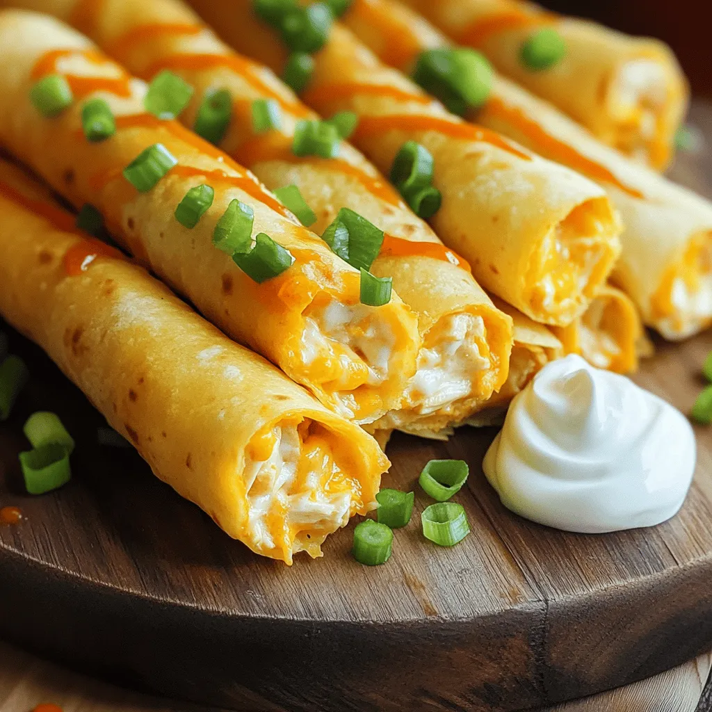 To create Cheesy Buffalo Chicken Taquitos, you need the following ingredients: - 2 cups cooked chicken, shredded - 1/2 cup buffalo sauce - 1 cup shredded cheddar cheese - 1/2 cup cream cheese, softened to room temperature - 1/2 cup green onions, finely chopped - 8 small flour tortillas - 1 cup vegetable oil (for frying) - Salt and freshly ground black pepper to taste - Optional: sour cream, for serving These ingredients are key to making your taquitos rich and flavorful. Use cooked chicken for ease. Shredded rotisserie chicken works great here. The buffalo sauce gives that perfect kick. Cream cheese adds creaminess while cheddar gives that cheesy goodness. Don't forget fresh green onions for a nice crunch and flavor boost. Choosing small flour tortillas helps hold all that goodness inside. A bit of oil is essential for frying. It helps achieve that crispy texture we love. You can serve the taquitos with a side of sour cream for extra flavor. Check out the Full Recipe for all the details on preparation and cooking. To start, grab a large bowl. Combine the shredded chicken, buffalo sauce, and both cheeses. Mix them until smooth and creamy. It's important to taste the filling. Add salt and pepper to make it just right. This step ensures every bite is packed with flavor. Next, you need to soften the tortillas. Warm them in a skillet over low heat for about 30 seconds on each side. You can also use a microwave. Just wrap them in a damp paper towel and heat for 15 seconds. This makes rolling much easier. Now, it's time to fill the tortillas. Lay one on a flat surface. Scoop 2-3 tablespoons of the creamy chicken mixture onto one end. Roll the tortilla tightly around the filling. Tuck in the sides as you roll. If they seem loose, use a toothpick to hold them together. In a large skillet, pour in the vegetable oil. Heat it over medium heat until it shimmers. This should take about 3-5 minutes. When it's ready, gently place the taquitos seam-side down in the oil. Fry for 3-4 minutes on each side until they are golden brown and crispy. Avoid overcrowding the skillet to ensure even cooking. Once they are crispy, use tongs to remove the taquitos from the oil. Place them on a plate lined with paper towels. This helps drain any extra oil. Serve them hot with a side of sour cream for dipping. Enjoy the crunchy, cheesy goodness of your Cheesy Buffalo Chicken Taquitos! For more details, check the Full Recipe. Using cooked rotisserie chicken makes things easy. It saves time and adds flavor. I like to mix in extra spices, like garlic powder or onion powder. Fresh herbs, such as cilantro or parsley, also boost the taste. Keep a close eye on the oil temperature. It should be hot but not smoking. A good test is to drop in a small piece of tortilla. If it sizzles, the oil is ready. Avoid overcrowding the skillet. Fry in batches to ensure even cooking. For a beautiful display, use a colorful platter. Arrange the taquitos in a circle or fan shape. Sprinkle extra green onions on top for contrast. Drizzle buffalo sauce over the taquitos for flair. Serve with a bowl of sour cream, garnished with paprika for color. This makes every bite appealing and tasty. For the full recipe, check the section above. {{image_4}} You can switch out the chicken for ground beef or turkey. These meats mix well with buffalo sauce too. Just cook them in a pan, then follow the same steps as the chicken. If you want a vegetarian option, try black beans. They add great texture and flavor. Mash them a bit, then blend with the cream cheese and spices. Buffalo sauce is a classic choice, but don't stop there! You can use honey garlic sauce for a sweet twist. BBQ sauce gives a smoky flavor that many love. Ranch-style sauces can add a creamy touch. Mix and match to find your favorite! These taquitos shine with sides and dips. Serve them with fresh veggies like carrot and celery sticks. A cool dip, like ranch or blue cheese, works great too. You can even create a taquito platter with different sauces for dipping. This makes sharing fun! Check out the Full Recipe to get started on these tasty Cheesy Buffalo Chicken Taquitos! To keep your cheesy buffalo chicken taquitos fresh, store leftovers in the fridge. Place them in an airtight container. They can last up to three days. If you want to save them longer, consider freezing. You can freeze taquitos both before and after frying. To freeze before frying, lay them on a baking sheet. Make sure they are not touching. Freeze them for about 30 minutes. Then, transfer them to a freezer bag. For frozen taquitos after frying, let them cool first. Place them in an airtight container or bag. They will stay good for about two months. To reheat taquitos, use an oven for the best texture. Preheat your oven to 375°F (190°C). Place the taquitos on a baking sheet. Heat them for 10-15 minutes until they are hot and crispy. You can also use an air fryer for quicker reheating. Cook at 350°F (175°C) for about 5-7 minutes. Enjoy your taquitos like they are fresh! For more details, check the Full Recipe. Yes, you can make these taquitos ahead of time. Prepare the filling and fill the tortillas. Then, store them in the fridge for up to 24 hours before frying. This way, you save time when you want to serve them. Just remember to fry them fresh for that crispy texture! If you don’t have buffalo sauce, you can use hot sauce or BBQ sauce. You can also mix hot sauce with melted butter for a similar taste. Adjust the amount to get the heat you like. This keeps your taquitos flavorful even without buffalo sauce. To get crispy taquitos, make sure the oil is hot enough before adding your taquitos. Heat the oil until it shimmers but isn’t smoking. Fry them in small batches to avoid lowering the oil temperature. This will help achieve that perfect golden-brown outside. Yes, you can bake the taquitos! Preheat your oven to 400°F (200°C). Arrange the taquitos on a baking sheet and brush them lightly with oil. Bake for about 15-20 minutes until they are golden and crispy. This is a healthier option without sacrificing flavor. To serve leftovers, store them in an airtight container in the fridge. Reheat them in the oven for the best texture. Place them on a baking sheet and warm them at 350°F (175°C) for about 10-15 minutes. This way, they stay crispy and tasty. For the full recipe, check out the detailed instructions above! These cheesy buffalo chicken taquitos are a tasty treat that’s simple to make. We started with easy ingredients and followed clear steps to create a yummy dish. I shared tips for a perfect filling and ways to fry them right. You learned about fun variations to try and how to store extras. Enjoy experimenting with flavors and serving ideas. Whether as a snack or main dish, these taquitos will impress everyone. Keep this recipe handy for your next gathering or family meal!