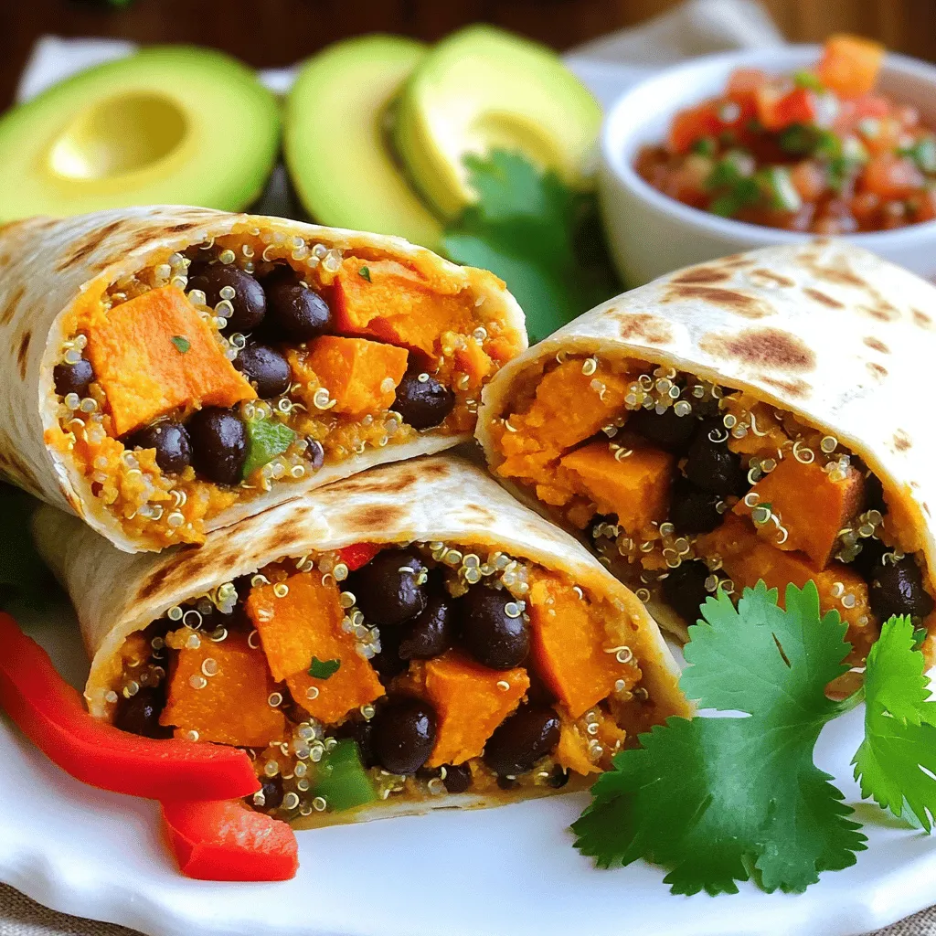 To make tasty vegan sweet potato black bean burritos, you need: - 2 medium sweet potatoes, peeled and diced into ½-inch cubes - 1 can (15 oz) black beans, rinsed and drained thoroughly - 1 cup cooked quinoa, preferably cooled - 1 red bell pepper, diced - 1 small red onion, diced finely - 2 cloves garlic, minced - 1 teaspoon ground cumin - 1 teaspoon smoked paprika - ½ teaspoon chili powder - Juice of 1 lime (approximately 2 tablespoons) - Salt and freshly ground pepper to taste - 4 large whole wheat tortillas - Fresh cilantro, chopped (for garnish) - Ripe avocado, sliced (for serving) - Salsa (for serving) Each serving of these burritos has about 400 calories. The macronutrients are roughly: - Protein: 12g - Carbohydrates: 65g - Fat: 10g This makes them a filling and balanced meal. These burritos can easily fit into many diets. They are naturally: - Gluten-free if you use gluten-free tortillas. - Nut-free, making them safe for most allergen concerns. Always check the labels of your ingredients to ensure they meet your dietary needs. For more details, refer to the Full Recipe. First, preheat your oven to 400°F (200°C). This temperature helps the sweet potatoes cook evenly. Next, peel and dice your sweet potatoes into ½-inch cubes. Toss them on a baking sheet with a little olive oil. Make sure to season with salt and pepper. Spread the cubes out in one layer. Roast them for about 20-25 minutes. Stir halfway through to ensure they cook well. They should be tender and golden brown when done. While the sweet potatoes roast, grab a large skillet. Heat a tablespoon of olive oil over medium heat. Once hot, add the diced red onion and red bell pepper. Sauté these veggies for 4-5 minutes until they soften. Then, add minced garlic and cook for one more minute. The garlic should smell good and be lightly golden. Now, add your roasted sweet potatoes to the skillet. Mix in the rinsed black beans, cooked quinoa, ground cumin, smoked paprika, chili powder, and lime juice. Season with salt and pepper. Stir everything well and heat it for 3-5 minutes until warm. Now it’s time to assemble your burritos! Lay out the whole wheat tortillas on a flat surface. Spoon a good amount of the sweet potato and black bean mix into the center of each tortilla. Be careful not to overfill. To fold, lift the bottom edge of the tortilla over the filling. Then, fold in the sides. Finally, roll tightly from the bottom up to close the burrito. Repeat this with the remaining tortillas and filling until all are wrapped. If you want extra crispiness, heat a skillet over medium heat. Add the burritos seam-side down for 2-3 minutes on each side until golden brown. Enjoy your delicious Vegan Sweet Potato Black Bean Burritos with fresh cilantro, sliced avocado, and salsa! For the full recipe, follow the instructions above. To get sweet potatoes just right, roast them at 400°F (200°C). Cut them into ½-inch cubes for even cooking. Toss with olive oil, salt, and pepper. Spread them in a single layer on a baking sheet. This helps them brown well. Roast for 20-25 minutes. Stir halfway to ensure they cook evenly. You want them tender and golden. This caramelization boosts the flavor. Add spices to make the filling pop. Use ground cumin for warmth and a smoky taste. Smoked paprika adds depth, while chili powder gives a kick. You can also add fresh herbs like cilantro. Lime juice brightens the dish, balancing the sweetness of the potatoes. Experiment with your favorite spices to find your perfect mix! Make your burritos appealing by slicing them in half. This shows off the colorful filling. Garnish with fresh cilantro for a pop of green. Serve with avocado slices on the side. A dollop of salsa enhances flavor and adds a fun touch. These little details make your meal look great and taste even better. For the full recipe, check out the complete guide to making these delicious burritos! {{image_4}} You can change the sweet potatoes or black beans if you want. Try using butternut squash or chickpeas. Both add great flavor and nutrition. You can also mix in other veggies like spinach or corn for extra texture and taste. The more colorful your filling, the more fun it looks! Want to spice it up? You can turn these burritos into different styles. For a Mexican twist, add some jalapeños and fresh cilantro. For a Southwest vibe, mix in some corn and a touch of chipotle. You can even experiment with Asian flavors by adding ginger and soy sauce. The options are endless! Pair your burritos with tasty dips and sides. Guacamole makes everything better. You can also serve them with a fresh salad or some salsa for a zesty kick. If you want to keep it simple, a side of rice works well too. Enjoy your meal with friends for a fun dinner! For the full recipe, check the details above. To store leftover burritos, wrap each one in foil or plastic wrap. Place them in an airtight container or a resealable bag. This helps keep them fresh and prevents drying out. Store the burritos in the fridge for up to four days. When you're ready to eat, just reheat them in the microwave or oven until hot. To freeze your burritos, wrap each one tightly in plastic wrap. Then, place them in a freezer-safe bag or container. This keeps out air and prevents freezer burn. You can freeze burritos for up to three months. To reheat, thaw them in the fridge overnight. Then, heat them in the microwave, or bake them in the oven at 350°F (175°C) for about 20 minutes. When stored properly, these burritos stay fresh for four days in the fridge. In the freezer, they can last up to three months while keeping their taste and quality. Always check for signs of spoilage, like strange odors or discoloration, before eating. Enjoy your vegan sweet potato black bean burritos anytime! You can find the complete recipe [Full Recipe]. To make these burritos gluten-free, use gluten-free tortillas. Many brands offer these in stores. Look for options made from brown rice or corn. Check the label to ensure they are certified gluten-free. This will help you enjoy the same great taste without gluten. Yes, you can make these burritos ahead of time! Prepare the filling and let it cool. Then, wrap the burritos in plastic wrap or foil. Store them in the fridge for up to three days. For reheating, place them in a skillet over medium heat. Cook each side for about five minutes until warm. You can also microwave them for about 2-3 minutes, but this may make the tortilla soft. Toppings can make your burritos even better! Here are some great ideas: - Fresh salsa for a zesty kick - Sliced avocado or guacamole for creaminess - Chopped cilantro for a fresh flavor - Dairy-free sour cream or yogurt for richness - Hot sauce for those who love spice Feel free to mix and match these toppings to find your favorite combination! For the full recipe, check out the Vegan Sweet Potato Black Bean Burritos. In this blog post, we explored how to make delicious burritos using sweet potatoes, black beans, and quinoa. I provided step-by-step instructions for cooking and assembling them, plus tips for perfect flavor and presentation. We also discussed variations, storage options, and common questions. Burritos can be fun, healthy meals that fit various diets. By mixing ingredients and flavors, you can create a dish that everyone will enjoy. Try these ideas and enjoy your tasty creations!
