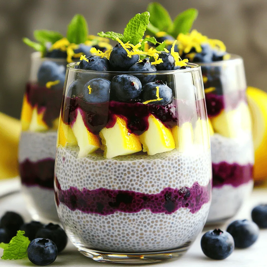 To make the perfect Lemon Blueberry Chia Pudding, gather these simple ingredients: - 1 cup almond milk (or your preferred milk) - 1/4 cup chia seeds - 2 tablespoons maple syrup (or honey) - Zest and juice from 1 large lemon - 1/2 teaspoon pure vanilla extract - 1 cup fresh blueberries - A pinch of salt Each ingredient plays a key role in creating that fresh flavor and smooth texture. Chia seeds are the star, absorbing liquid and thickening the mix. The almond milk gives a creamy base, while lemon adds a bright zing. Fresh blueberries bring sweetness and color, making your pudding both tasty and pretty. You can tweak these ingredients to match your taste. Want it sweeter? Add more maple syrup. Prefer a different milk? Go for oat or coconut milk. This recipe provides a great starting point, but don’t hesitate to make it your own. For the full recipe, check out the details above! - In a medium bowl or jar, whisk all ingredients well. - Let the mixture rest for about 10 minutes. - Mix again to ensure it is smooth and creamy. The resting time is key. It helps the chia seeds soak up the liquid. This makes the pudding thick and satisfying. If you skip this step, your pudding may not set well. - Cover the bowl or jar and refrigerate for a minimum of 4 hours. - For the best results, chill it overnight. Chilling allows the flavors to blend. It also gives the pudding time to thicken. You can serve it right after chilling, but overnight is ideal. - Before serving, stir the pudding well to mix. - Layer it with fresh blueberries for a lovely look. I love to use clear glasses for serving. This way, you can see the beautiful layers of pudding and blueberries. Add a sprinkle of lemon zest or a mint leaf on top for extra flair. It makes each serving feel special! For the full recipe, visit our [Full Recipe] section. You can easily make this pudding your own. Adjust the sweetness by adding more maple syrup or honey. If you want to try something new, experiment with different milk alternatives. Almond milk is great, but coconut or oat milk also works well. To avoid clumps in your chia seeds, whisk the mixture well after the initial resting time. If your pudding is too thick, simply add a splash of almond milk. This small step can make a big difference in how smooth your pudding feels. Use clear glasses to serve your pudding. This shows off the pretty layers of chia and blueberries. For a pop of color, top each serving with fresh mint leaves or extra lemon zest. This adds both flavor and a pleasing look. For the full recipe, check out the detailed instructions I provided earlier. Enjoy making this simple and fresh delight! {{image_4}} You can add fun flavors to your lemon blueberry chia pudding. Vanilla extract gives a warm touch. Just add a teaspoon in the mix. Almond extract also works well. It brings a nutty taste that pairs nicely with blueberries. If you want to mix fruits, try strawberries or raspberries. They add a nice twist to the dish. You can even add diced peaches for a summer vibe. The key is to balance the flavors so they complement each other. This recipe is easy to adapt for different diets. To keep it vegan, use maple syrup instead of honey. You can also switch the almond milk for coconut or oat milk. These substitutes keep your pudding creamy and delicious. For gluten-free needs, this pudding is perfect as is. Chia seeds and fruits are naturally gluten-free. If you have nut allergies, use soy or rice milk. These options ensure everyone can enjoy this tasty treat. You can change this pudding based on the season. In summer, add fresh berries for a refreshing taste. In fall, mix in pumpkin puree and spices like cinnamon. This creates a warm, cozy dessert. In winter, consider using citrus fruits like oranges or grapefruits. Their bright flavors can brighten up cold days. You can also add warm spices like nutmeg for a festive touch. The possibilities are endless! Enjoy exploring these variations in your lemon blueberry chia pudding. For the full recipe, check out the link provided. To store leftover lemon blueberry chia pudding, place it in an airtight container. This will keep it fresh and tasty. The pudding lasts about 5 days in the fridge. Just remember to check for any changes in smell or texture before eating. You can freeze chia pudding! To freeze, pour it into a freezer-safe container. Leave some space at the top for expansion. When you're ready to enjoy it, thaw it overnight in the fridge. Stir well before serving to restore its creamy texture. Use leftover almond milk in smoothies or coffee. Chia seeds can add crunch to oatmeal or yogurt. Fresh blueberries are great in salads or as a topping on pancakes. This way, you can avoid waste and enjoy delicious meals! Lemon blueberry chia pudding stays fresh for about 5 days in the fridge. Store it in an airtight container. This helps keep the flavors bright and the texture creamy. After a few days, the blueberries may lose some firmness. Yes, you can use any milk you like. Cow’s milk, oat milk, or coconut milk all work well. Each option adds its unique taste to the pudding. Just remember to use the same amount as the recipe calls for. Chia pudding is very healthy. Chia seeds are full of fiber, protein, and omega-3 fatty acids. They can help with digestion and keep you feeling full. Plus, this pudding has fresh blueberries, which are rich in antioxidants. Absolutely! You can use strawberries, raspberries, or mango. Each fruit will change the flavor a bit. Mix and match to find your favorite combo. Just make sure to chop larger fruits into small pieces for even mixing. Your chia pudding should be thick and gel-like when it sets. If it looks runny, it may need more chilling time. Give it a good stir before serving. You can also check if the chia seeds have expanded and absorbed the liquid. You now have a simple guide to making lemon blueberry chia pudding. We covered the ingredients, step-by-step instructions, tips for perfect texture, variations, and storage info. You can easily adjust flavors or try new fruits. This pudding is healthy and can fit many diets. Enjoy your delicious creation, and don’t hesitate to experiment! Whether for yourself or loved ones, chia pudding is a treat that satisfies. Keep sharing ideas and enjoy making this recipe your own!