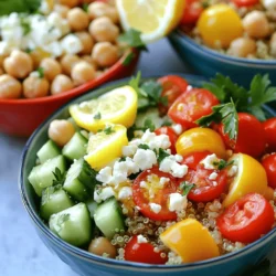 Quinoa vs. Farro Quinoa and farro are both great grains for your bowls. Quinoa cooks fast and is light. It has a nutty taste and is gluten-free. Farro is chewy and hearty. It is an ancient grain packed with fiber. Nutritional Benefits - Quinoa: High in protein and all nine amino acids. - Farro: Rich in iron and magnesium, great for energy. Cherry Tomatoes and Cucumber Cherry tomatoes add sweetness and color. They are juicy and fun to eat. Cucumbers bring a cool crunch. They also add hydration to your meal. Bell Peppers and Red Onion Bell peppers come in many colors and add a sweet flavor. Red onion gives a sharp taste. Together, they enhance the dish with crunchy texture. Chickpeas and Feta Cheese Chickpeas are tasty and full of protein. They make the bowl filling. Feta cheese adds creaminess and a salty kick. It melts slightly when warm, making it delicious. Kalamata Olives and Parsley Kalamata olives bring a briny flavor that brightens each bite. Fresh parsley adds a pop of green and freshness. Together, they make the bowl colorful and full of flavor. For the full recipe, check out the detailed cooking steps. To start, you need to cook your grains. First, bring 2 cups of water or vegetable broth to a boil in a medium pot. This adds flavor to the grains. Once the water is boiling, add 1 cup of rinsed quinoa or farro. Stir it briefly. Then, reduce the heat to a gentle simmer. Cover the pot and let it cook for 15-20 minutes. The grains should be tender and absorb all the liquid. After cooking, take the pot off the heat. Let it sit covered for 5 minutes. Fluff the grains with a fork. While the grains cook, it is time to chop your vegetables. Start with the cherry tomatoes. Cut them in half. Next, dice the cucumber and bell pepper into small pieces. Thinly slice the red onion for a nice crunch. In a large mixing bowl, combine all the chopped veggies. Add 1 can of drained chickpeas, 1/2 cup of Kalamata olives, 1/4 cup of chopped parsley, and 1/2 cup of crumbled feta cheese. Mixing these ingredients creates a colorful and fresh base for your bowl. Now let’s make the dressing! In a small bowl, gather your ingredients. You will need 3 tablespoons of olive oil, 2 tablespoons of fresh lemon juice, and 1 teaspoon of dried oregano. Add a pinch of salt and pepper to taste. Whisk these together until they blend well. Tasting is key! Adjust the seasoning as needed to find the balance you enjoy. Once your dressing is ready, it’s time to combine everything for a beautiful meal. For the full recipe, follow the steps provided earlier to guide you through the process! Fluffing grains is key. After cooking, let the grains sit for a few minutes. Use a fork to gently separate them. This step keeps them light and airy. Choosing quality olive oil matters. Look for extra virgin olive oil for the best taste. It adds richness and depth to your dish. A good oil can elevate flavors in your grain bowl. Adjusting seasoning to your taste is important. Start with salt and pepper, then taste. Add more until you reach your desired flavor. Remember, you can always add more, but you can't take it away. Adding spices for extra depth can make a big difference. Consider using cumin or smoked paprika. These spices add warmth and complexity. Experiment with different combinations for unique flavors each time. Serving in vibrant dishes makes your grain bowl pop. Use colorful plates or bowls that highlight your meal. A beautiful presentation makes the dish more enjoyable. Garnishes for visual appeal enhance your dish's look. Fresh herbs, like parsley or mint, add color. A sprinkle of crumbled feta on top adds texture and taste. For a fun touch, add a lemon wedge on the side. For the full recipe, check the Mediterranean Grain Bowls section. Enjoy creating your perfect meal! {{image_4}} You can easily switch up the protein in your Mediterranean grain bowl. Grilled chicken or shrimp adds a satisfying bite. These options cook quickly and pair well with fresh flavors. If you want a plant-based choice, try tofu or tempeh. Both soak up flavors and add a nice texture. For a vegetarian version, you can simply remove any dairy elements. Omit the feta cheese or replace it with a vegan alternative. This keeps the dish light and fresh. You can also add more vegetables for extra nutrients and color. Try adding roasted zucchini, spinach, or artichokes to boost flavor. The dressing can change the whole dish. A lemon-tahini dressing offers a creamy, zesty touch. It’s easy to make and goes well with the grains and veggies. For a kick of heat, use a spicy harissa dressing. This adds depth and a punch of flavor, making your bowl even more exciting. Check out the Full Recipe to explore all these variations! You can store leftover Mediterranean grain bowls in the fridge. Use an airtight container for best results. Make sure the bowl cools down before sealing it. This helps keep the grains fresh. Leftovers can last for about three to four days. If you want to keep them longer, try freezing them. Divide the grain bowl into smaller portions. Use freezer-safe containers or bags. This makes it easy to grab a meal later. When it comes to reheating, you have two main options: microwave or stovetop. The microwave is quick and easy. Just place the bowl in and heat for 1-2 minutes. Stir halfway to ensure even heat. The stovetop method helps preserve flavor. Warm a pan over low heat, add a splash of water, and stir until heated through. This keeps the grains from drying out. Grain bowls can last up to four days in the fridge. If you freeze them, they can stay good for about three months. Always check for signs of spoilage. Look for a change in color or smell. If the grains feel slimy or off, it’s best to throw them away. Enjoy your meals, but be smart about storage for safety! Quinoa and farro are both excellent choices. Quinoa is gluten-free and high in protein. It has a light, fluffy texture. Farro has a nutty flavor and chewy texture. Both grains offer unique tastes and benefits. - Quinoa - High in protein - Gluten-free - Cooks quickly - Farro - Chewy texture - Rich in fiber - Contains gluten Choosing the right grain depends on your dietary needs and taste preference. Both add great nutrition to your bowl. Yes, you can prepare these bowls in advance. This makes them perfect for meal prep. Cook the grains and chop the vegetables ahead of time. Store them separately in the fridge. - Grain Storage - Cooked grains last up to 5 days in the fridge. - Veggie Storage - Chopped veggies stay fresh for 3-4 days. When you're ready to eat, combine the grains, veggies, and dressing. This keeps everything fresh and tasty. Yes, grain bowls are very healthy. They provide balanced nutrition. You get fiber from grains and veggies. Protein from chickpeas and feta cheese boosts energy. - Nutritional Benefits - Supports digestion - Aids in weight control - Packed with vitamins Eating grain bowls regularly can improve your overall health. They are versatile, so you can mix ingredients to keep meals interesting. Try the Full Recipe for a delicious start! In this article, we explored how to create a tasty Mediterranean grain bowl. We discussed key grains like quinoa and farro, and their health perks. Fresh veggies like cherry tomatoes and cucumbers enhance flavor, while proteins like chickpeas and feta add nutrition. I shared simple steps for cooking grains, prepping veggies, and making a balanced dressing. Also, I included tips for perfecting your bowl and suggested fun variations. Mediterranean grain bowls are not just healthy; they're also versatile. Enjoy experimenting with flavors and textures!