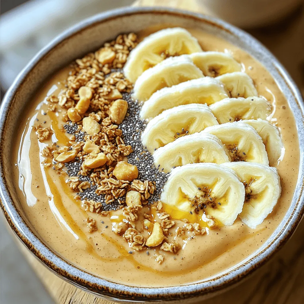 - 2 ripe bananas - 1/2 cup creamy peanut butter - 1 cup almond milk The main ingredients create a rich and creamy base. Ripe bananas add natural sweetness. They also provide a smooth texture. Creamy peanut butter brings a nutty flavor. Almond milk keeps the bowl light and tasty. - 1 tablespoon honey or maple syrup - 1/2 teaspoon vanilla extract Sweeteners like honey or maple syrup boost the flavor. They make the smoothie bowl sweeter. Vanilla extract adds a warm touch. You can adjust these to fit your taste. - Sliced banana - Granola - Chia seeds - Crushed nuts Toppings give your smoothie bowl extra crunch and flavor. Sliced bananas look pretty and taste great. Granola adds a nice texture. Chia seeds are packed with nutrients. Crushed nuts give a satisfying bite. Customize your bowl with these toppings for a unique twist. For the full recipe, check out the complete guide. - Peel and slice one banana. - Gather all ingredients. Start by peeling your banana. This banana will blend into the smoothie. Slice it into rounds and put the slices in your blender. Next, gather all your ingredients. You’ll need the second banana for topping and other fun goodies. - Add ingredients to the blender. - Blend on high until smooth. Now it’s time to blend! Add the sliced banana, peanut butter, almond milk, honey, vanilla extract, and rolled oats into the blender. Make sure all ingredients are in the blender. Blend on high until you have a smooth and creamy mixture. If it feels too thick, add a splash more almond milk. Blend again until it’s just right. - Pour the mixture into a bowl. - Arrange sliced banana and toppings. Once your smoothie is smooth, pour it into a wide bowl. This bowl is the base for your toppings. Next, take the second banana and slice it. Arrange the banana slices on top of the smoothie. Now, add your favorite toppings like granola, chia seeds, and crushed nuts. These make your bowl fun and tasty! If you like, drizzle a bit of honey on top for sweetness. Enjoy your colorful Peanut Butter Banana Bliss Smoothie Bowl! To get the right thickness for your smoothie bowl, use almond milk. Start with one cup of almond milk. If you prefer a thicker texture, add less milk. Blend on high for about 30 seconds. If it's too thick, add a splash more milk and blend again until smooth. You can spice things up with cinnamon or nutmeg. A pinch can add warmth to your bowl. For extra sweetness, try a bit of honey or maple syrup. If you love chocolate, mix in cocoa powder. You can also switch fruits; try berries or mangoes for a fun twist. Make your bowl pop with colorful toppings. Use bright granola, vibrant fruits, or even edible flowers. Arrange sliced banana in a fan shape for a beautiful look. Drizzle honey in a zigzag for added flair. Serve it with a fun spoon to make breakfast even more exciting. {{image_4}} If you want to skip peanut butter, try sunflower seed butter. It has a similar taste. You can also use soy nut butter. Both options are tasty and nut-free. Feel free to mix in other fruits. Berries, mangoes, or peaches add great flavor. You can also try seasonal fruits. In summer, use fresh strawberries. In fall, add apples or pears. Each fruit brings a unique twist to your smoothie bowl. Want more protein? Add a scoop of protein powder. Look for plant-based options if you prefer dairy-free. You can also mix in Greek yogurt for creaminess. It makes your bowl richer and more filling. To keep your Peanut Butter Banana Smoothie Bowl fresh, store leftovers in the refrigerator. Use an airtight container to prevent air from getting in. This helps maintain the creamy texture and flavor. It is best to eat leftovers within 24 hours for optimal taste. If you have extra toppings, store them separately to keep them crisp. If you want to save the smoothie bowl for later, you can freeze the mixture. Pour the smoothie into a freezer-safe container. Leave some space at the top, as liquids expand when frozen. To enjoy later, defrost it in the fridge overnight. If you need it faster, you can microwave it on low. Stir well after heating to make sure it mixes evenly. Fresh bananas last about 2 to 7 days, depending on ripeness. Keep them in a cool, dry place. Nut butter can last for several months if stored properly. Keep it in a cool pantry or refrigerator. For toppings like granola and nuts, check for their best-by dates. Store them in airtight containers to keep them fresh longer. A Peanut Butter Banana Smoothie Bowl has about 500 calories. This number can change based on your choice of toppings and add-ins. Here’s the breakdown of the main ingredients: - Banana (1 medium): 105 calories - Peanut butter (1/2 cup): 750 calories - Almond milk (1 cup): 30 calories - Honey (1 tablespoon): 64 calories - Rolled oats (1/4 cup): 77 calories When you mix these, the total is around 500 calories. You can make it lighter by using less peanut butter or skipping the honey. Yes, you can prepare the smoothie bowl ahead of time. Just blend your ingredients and store the mixture in a sealed container in the fridge. It stays fresh for up to 24 hours. When ready to eat, pour it into a bowl and add your favorite toppings. This makes busy mornings easier! You can use different types of milk in this recipe. Here are some alternatives: - Soy milk: Good for a creamy texture. - Oat milk: Adds a mild flavor and thickness. - Coconut milk: Gives a tropical taste and richness. - Cow's milk: If you prefer dairy, this works too. Each option will change the flavor slightly, so choose what you like best! To make a smoothie bowl thicker, try these tips: - Use less liquid: Start with half the almond milk, then add more if needed. - Add ice: Throw in a handful of ice cubes before blending. - Incorporate frozen fruit: Using frozen bananas instead of fresh ones adds thickness. - Blend longer: Mixing for a bit more time can help achieve the right texture. These methods will help you create a thick, creamy base for your toppings. In this blog post, I covered how to make a Peanut Butter Banana Smoothie Bowl. You learned the key ingredients, step-by-step instructions, and tips for the best flavor. I also shared variations, storage tips, and answered common questions. I hope you feel ready to create your own delicious smoothie bowl. Enjoy the fresh taste and healthy benefits!