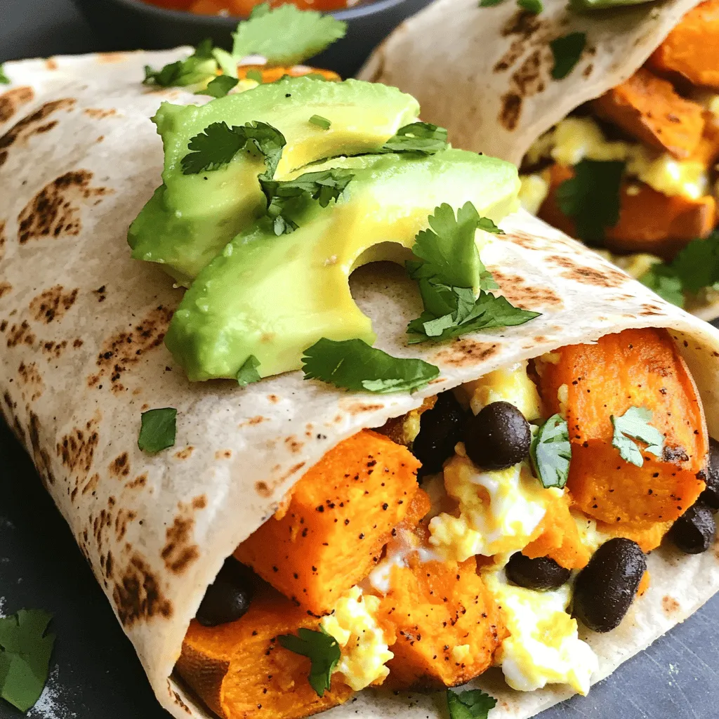 - Sweet potatoes - Eggs - Black beans - Tortillas - Cheese options - Avocado slices - Salsa for serving - Olive oil - Spices (smoked paprika, salt, pepper) For these sweet potato breakfast burritos, you need a few key ingredients. Sweet potatoes are the star of the show. Their natural sweetness pairs well with savory flavors. I like to use medium sweet potatoes, about two should be enough. Next, you’ll need eggs. They add protein and fluffiness. I recommend using large eggs to get the best texture. Black beans are a great addition too. They provide fiber and a hearty feel. Don’t forget the tortillas! I prefer whole wheat for a wholesome bite. You can also customize your burritos. Cheese adds creaminess; cheddar or pepper jack works great. For a fresh twist, add avocado slices. You can serve with salsa for an extra kick. Now, let’s talk about seasonings. Olive oil helps roast the sweet potatoes beautifully. I add smoked paprika for depth and a pinch of salt and pepper for flavor. You can find the full recipe at the end to help you gather everything you need. - Preheat the oven: Start by preheating your oven to 400°F (200°C). This makes sure it's hot for roasting. - Roast the sweet potatoes: In a large bowl, mix the diced sweet potatoes with olive oil, salt, pepper, and smoked paprika. Toss well to coat. Spread the sweet potatoes on a baking sheet in one layer. Roast them for 25-30 minutes. Flip them halfway to ensure even cooking. They should be tender and caramelized. - Scramble the eggs: While the sweet potatoes roast, crack the eggs into a bowl. Whisk in the milk, salt, and pepper. Heat a non-stick skillet over medium heat. Pour in the egg mix. Cook gently, stirring often, until the eggs are fluffy. - Warm the tortillas: Next, warm your tortillas. Heat a dry skillet on low and place the tortillas inside. Heat for about 30 seconds on each side. You can also wrap them in a damp paper towel and microwave for 20-30 seconds until soft. - Layering ingredients: Take a warm tortilla and layer it with roasted sweet potatoes, scrambled eggs, black beans, and a sprinkle of cheese. Add a few avocado slices on top for creaminess. - Wrapping technique: To wrap the burrito, fold in the sides of the tortilla first, then roll it up tightly from the bottom to the top. This keeps all the tasty fillings inside. Enjoy creating this dish! You can find the Full Recipe for more details. To achieve perfectly roasted sweet potatoes, start by cutting them into even cubes. This helps them roast evenly. Toss them with olive oil, salt, pepper, and smoked paprika in a bowl. Spread them on a baking sheet. Roast at 400°F for 25-30 minutes. Flip them halfway through to get that nice caramelized look. When scrambling eggs, whisk them with milk for fluffiness. Heat a non-stick skillet over medium heat. Pour in your egg mix and stir gently. Cook until they are soft and fluffy. Remove them from the heat when they are just set. This keeps them creamy! The best method for wrapping burritos is to fold the sides in first. Then, roll from the bottom up tightly. This keeps all the filling inside. Make sure to not overfill. It helps prevent spills. To avoid spills when wrapping, use a large tortilla. Ensure it is warm and pliable. This makes wrapping easier. If it feels stiff, warm it in a skillet or microwave before filling. Garnishing with cilantro adds color and flavor. Sprinkle chopped cilantro on top of each burrito for a fresh touch. It makes the dish pop visually! For serving ideas, pair your burritos with salsa. A side of fresh salsa adds a nice kick. It also complements the sweetness of the potatoes. Enjoy with your favorite drink for a full meal experience. {{image_4}} You can change the beans in your burritos. Use pinto beans or lentils for variety. If you want to add protein, try chicken or turkey. You can even use tofu for a plant-based option. Different veggies can also change the taste. Spinach, bell peppers, or zucchini work well. Just chop them and add them to the mix. If you need gluten-free options, use corn tortillas. They taste great and hold the filling well. You can also make vegan burritos. Replace eggs with scrambled tofu and use plant-based cheese. This way, everyone can enjoy these tasty burritos. Want more flavor? Add spices like cumin or chili powder. They bring warmth and depth. You can also try hot sauce or salsa verde. Drizzle some on top before serving. This adds a kick and makes each bite exciting. To keep your Sweet Potato Breakfast Burritos fresh, follow these tips: - Refrigeration tips: Place any leftover burritos in an airtight container. They will stay good for about 3-4 days in the fridge. Make sure to let them cool down before sealing the container. - Freezing for longer storage: For longer storage, wrap each burrito tightly in plastic wrap. Then, place them in a freezer bag. They can last up to 3 months in the freezer. Just remember to label the bag with the date. When it's time to enjoy your leftovers, use these methods: - Best methods to reheat the burritos: The microwave is quick and easy. Heat each burrito for about 1-2 minutes. Alternatively, you can reheat them in a skillet over medium heat. This will give them a crispy outside. - Keeping the texture intact: If using a microwave, cover the burrito with a damp paper towel. This helps keep the tortilla soft and prevents it from drying out. Get creative with your leftover burritos: - Creative ways to enjoy leftover burritos: You can slice them into bite-sized pieces and serve them as a fun appetizer. Another idea is to chop them up and mix them into a breakfast hash with eggs and veggies. - Ideas for side dishes to complement: Pair your burritos with a simple salad or fresh fruit. A side of yogurt or sour cream can add creaminess, too. Enjoy them with a refreshing drink like iced tea or lemonade. You can prepare these burritos in advance. Start by roasting the sweet potatoes. Once cooked, let them cool. Next, scramble the eggs and mix in the beans and cheese. - Storage: Wrap each burrito tightly in foil or plastic wrap. - Refrigerate: Store in the fridge for up to three days. - Freezing: For longer storage, freeze the wrapped burritos. They can last up to three months. When ready to eat, just reheat in the microwave or oven. This makes breakfast easy on busy mornings. Yes! Feel free to get creative with the veggies. You can swap sweet potatoes for: - Bell peppers - Spinach - Zucchini - Mushrooms These options add flavor and nutrition. Just chop and sauté them before adding to your burrito. These burritos pair well with many sides. Consider serving with: - Fresh fruit (like berries or melon) - A green salad with light dressing - Yogurt for a creamy side - Smoothies for a refreshing drink Each option adds a nice touch to your meal. Enjoy experimenting with what you like! This blog covered how to make Sweet Potato Breakfast Burritos. We explored key ingredients, step-by-step instructions, and helpful tips. I shared ideas for variations and storage tips, too. Incorporating sweet potatoes and black beans makes these burritos tasty and filling. You can easily adjust the recipe to fit your diet and spice preference. Enjoy making these burritos at home, and use your favorite flavors to make them unique!