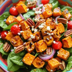 - 2 medium sweet potatoes, peeled and cut into 1-inch cubes - 1 tablespoon extra virgin olive oil - 1 teaspoon smoked paprika - 1 teaspoon garlic powder - Sea salt and freshly cracked black pepper to taste - 1 cup fresh spinach leaves, rinsed and dried - ½ cup cherry tomatoes, halved - ¼ cup red onion, thinly sliced - ⅓ cup feta cheese, crumbled - ¼ cup pecans, roughly chopped - 2 tablespoons balsamic vinegar - 1 tablespoon honey When I make this roasted sweet potato salad, I love how simple the ingredients are. You start with sweet potatoes. They are sweet, creamy, and packed with nutrients. The olive oil adds a nice richness. Smoked paprika gives a warm, smoky flavor. Garlic powder adds depth, while salt and pepper enhance everything. Next, fresh spinach brings a burst of green. Cherry tomatoes add a juicy pop. The red onion gives a nice crunch and a bit of bite. Feta cheese brings creaminess and tang. Pecans add a wonderful crunch and nutty flavor. Finally, balsamic vinegar and honey create a sweet and tangy dressing. - Additional toppings for flavor - Substitute ingredients for dietary preferences You can get creative with toppings. Add more nuts or seeds for extra crunch. You can swap feta for avocado if you prefer. The options are endless! - Baking sheet and parchment paper - Large mixing bowl - Small whisk or bowl for dressing Having the right tools makes cooking easier. A baking sheet lined with parchment paper helps with clean-up. A mixing bowl allows you to toss everything together easily. A small whisk or bowl helps you mix the dressing well. For the full recipe, check out the guide to see how to combine these ingredients into a delicious dish! To start, preheat your oven to 400°F (200°C). This step warms the oven for perfect roasting. Next, take your sweet potatoes. Peel them and cut them into 1-inch cubes. This size helps them cook evenly and get that nice caramelization. In a large bowl, add your sweet potato cubes. Drizzle in one tablespoon of extra virgin olive oil. Then, sprinkle in one teaspoon of smoked paprika and one teaspoon of garlic powder. Add sea salt and freshly cracked black pepper to taste. Toss everything together until the sweet potatoes are well coated. Now, spread the sweet potatoes on a baking sheet lined with parchment paper. Make sure they are in a single layer. This helps them cook evenly. Roast them in the oven for about 25 to 30 minutes. Turn them halfway through to help them brown nicely. You want them to be fork-tender and golden. While the sweet potatoes roast, prepare your salad base. In a large bowl, mix one cup of fresh spinach leaves, half a cup of halved cherry tomatoes, a quarter cup of thinly sliced red onion, and a third cup of crumbled feta cheese. Add a quarter cup of roughly chopped pecans for crunch. Gently combine these ingredients. Next, let’s make the dressing. In a small bowl, whisk together two tablespoons of balsamic vinegar and one tablespoon of honey. This dressing adds a sweet and tangy flavor to your salad. When the sweet potatoes finish roasting, let them cool for about five minutes. Then, add them to your salad mixture. Drizzle the balsamic dressing over everything and toss gently. Taste your salad and adjust the seasoning as needed with more salt and pepper. For the full recipe, refer to the complete guide provided. Enjoy every bite of this delicious roasted sweet potato salad! To ensure even cooking of sweet potatoes, cut them into uniform 1-inch cubes. This helps them roast at the same rate. Spread them out on the baking sheet. Avoid overcrowding, as this can cause them to steam instead of roast. For seasoning, use extra virgin olive oil, smoked paprika, and garlic powder. This combo adds rich flavor. Don't forget to season with sea salt and black pepper for a taste boost. Toss them well to coat before roasting. This salad pairs well with grilled chicken or fish for a full meal. You can also serve it with warm quinoa or rice for extra texture. For a lighter option, enjoy it with a side of soup. To get creative, try serving it in jars for a picnic or potluck. This makes it easy to share and looks great! For an attractive display, use a large, colorful bowl. This draws the eye and makes the dish pop. Top the salad with extra pecans and crumbled feta for added texture. Garnish with fresh herbs like parsley or cilantro. This adds a splash of color and freshness. Drizzle a bit more balsamic vinegar on top just before serving for extra flavor. {{image_4}} You can switch sweet potatoes with other root veggies. Try using butternut squash or carrots when they are in season. Both options add unique flavors. For nuts, consider walnuts or almonds. They both give a nice crunch and taste. For greens, kale is a great choice. It holds up well and brings a hearty feel. You can also mix in arugula for a peppery bite. If you want to change the dressing, go for a tahini sauce. It adds a creamy texture and nutty flavor. You can also make a lemon vinaigrette. Just mix lemon juice, olive oil, and a bit of mustard. This gives a bright and zesty taste. Experimenting with different vinegars is easy too. Apple cider vinegar can add a sweet twist, while red wine vinegar gives it a sharper taste. You can sweeten your dressing with agave syrup instead of honey for a vegan option. To make this salad vegan, skip the feta cheese and use a plant-based cheese. You can also replace honey with maple syrup. For a gluten-free version, all the ingredients work well. To boost protein, add chickpeas or black beans. They make the salad heartier and more filling. You can also sprinkle hemp seeds on top for extra protein and a nice crunch. For more details, see the Full Recipe. To keep your roasted sweet potato salad fresh, store leftovers in the fridge. Use an airtight container to prevent moisture loss. This helps maintain the salad's taste and texture. I recommend keeping the sweet potatoes separate from the greens if possible. This way, the greens stay crisp and do not wilt. When reheating, treat the roasted sweet potatoes and salad greens differently. Heat sweet potatoes in the oven or microwave until warm. This keeps them soft and flavorful. For the greens, enjoy them cold for the best taste. If you must heat them, do it briefly to avoid sogginess. Your roasted sweet potato salad can last up to three days in the fridge. Always check for signs of spoilage. Look for off smells, slimy greens, or mold. If you notice any of these, toss it out. Enjoy your salad while it’s still fresh! Yes, you can add other roasted vegetables. Try carrots, bell peppers, or zucchini. These veggies add color and taste. They also mix well with sweet potatoes. Roasting brings out their natural sweetness. Just cut them into similar sizes for even cooking. To make this salad vegan, swap out the feta cheese. Use avocado or a vegan cheese instead. For honey, replace it with maple syrup or agave nectar. These changes keep the flavor rich and sweet without using animal products. This salad pairs well with grilled chicken or fish. You can also serve it with a hearty soup. A slice of crusty bread makes a great side too. For a light meal, enjoy it with a fruit salad or yogurt. To prep this salad, roast the sweet potatoes ahead of time. Store them in a sealed container. Mix the salad ingredients and dressing separately. Combine them just before serving. This keeps everything fresh and crunchy. You can enjoy a tasty meal all week long. You can find the Full Recipe for Roasted Sweet Potato Salad in the main section of this article. It has all the steps and details you need to make this dish. In summary, this blog post details a delicious Roasted Sweet Potato Salad. You learned about the tasty ingredients, easy steps for preparation, and helpful tips for cooking and serving. Remember, this salad is versatile with many variations for dietary needs. You can mix and match toppings or switch ingredients based on what you have. Enjoy this fresh, vibrant dish and impress your friends with your cooking skills. Start enjoying better meals today!