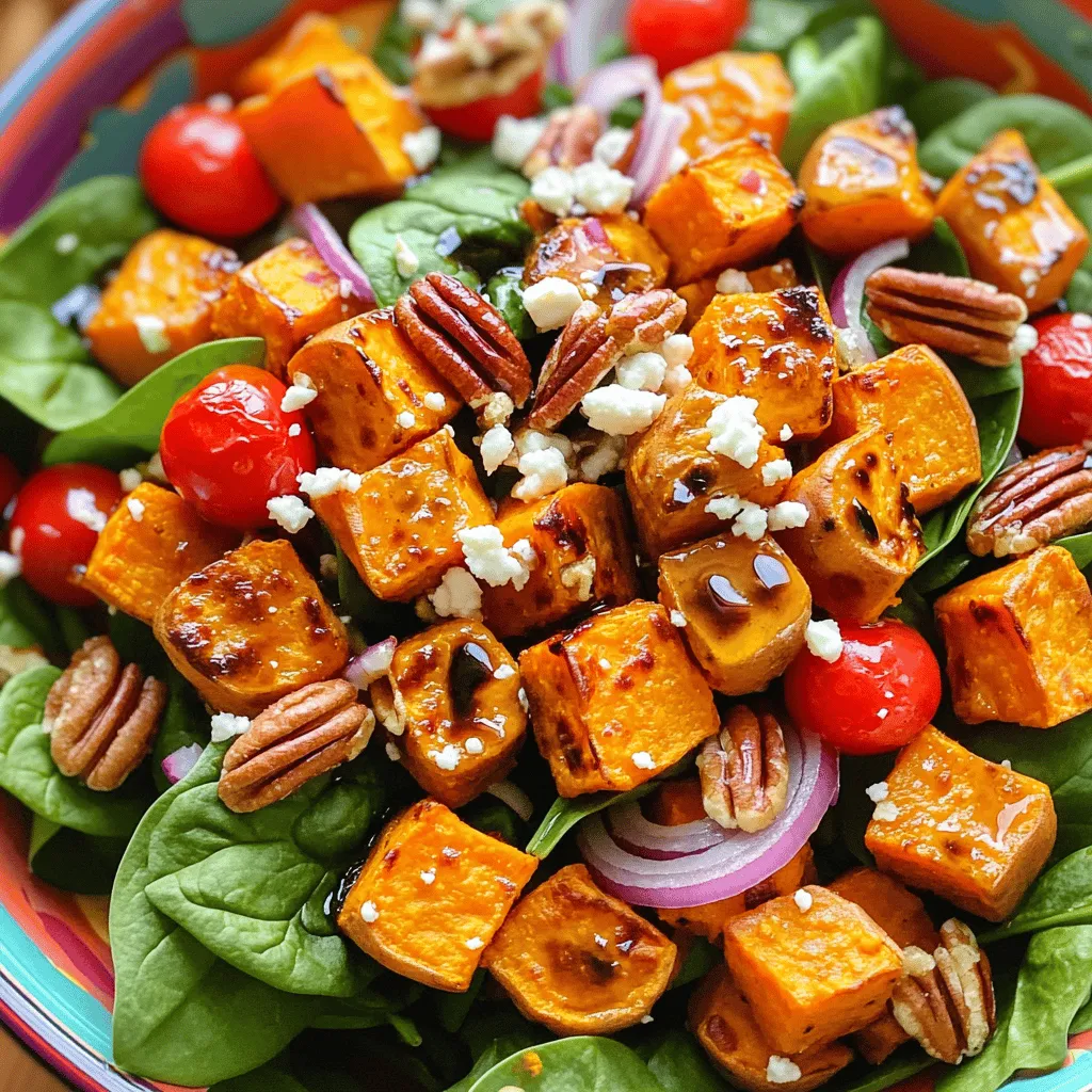 - 2 medium sweet potatoes, peeled and cut into 1-inch cubes - 1 tablespoon extra virgin olive oil - 1 teaspoon smoked paprika - 1 teaspoon garlic powder - Sea salt and freshly cracked black pepper to taste - 1 cup fresh spinach leaves, rinsed and dried - ½ cup cherry tomatoes, halved - ¼ cup red onion, thinly sliced - ⅓ cup feta cheese, crumbled - ¼ cup pecans, roughly chopped - 2 tablespoons balsamic vinegar - 1 tablespoon honey When I make this roasted sweet potato salad, I love how simple the ingredients are. You start with sweet potatoes. They are sweet, creamy, and packed with nutrients. The olive oil adds a nice richness. Smoked paprika gives a warm, smoky flavor. Garlic powder adds depth, while salt and pepper enhance everything. Next, fresh spinach brings a burst of green. Cherry tomatoes add a juicy pop. The red onion gives a nice crunch and a bit of bite. Feta cheese brings creaminess and tang. Pecans add a wonderful crunch and nutty flavor. Finally, balsamic vinegar and honey create a sweet and tangy dressing. - Additional toppings for flavor - Substitute ingredients for dietary preferences You can get creative with toppings. Add more nuts or seeds for extra crunch. You can swap feta for avocado if you prefer. The options are endless! - Baking sheet and parchment paper - Large mixing bowl - Small whisk or bowl for dressing Having the right tools makes cooking easier. A baking sheet lined with parchment paper helps with clean-up. A mixing bowl allows you to toss everything together easily. A small whisk or bowl helps you mix the dressing well. For the full recipe, check out the guide to see how to combine these ingredients into a delicious dish! To start, preheat your oven to 400°F (200°C). This step warms the oven for perfect roasting. Next, take your sweet potatoes. Peel them and cut them into 1-inch cubes. This size helps them cook evenly and get that nice caramelization. In a large bowl, add your sweet potato cubes. Drizzle in one tablespoon of extra virgin olive oil. Then, sprinkle in one teaspoon of smoked paprika and one teaspoon of garlic powder. Add sea salt and freshly cracked black pepper to taste. Toss everything together until the sweet potatoes are well coated. Now, spread the sweet potatoes on a baking sheet lined with parchment paper. Make sure they are in a single layer. This helps them cook evenly. Roast them in the oven for about 25 to 30 minutes. Turn them halfway through to help them brown nicely. You want them to be fork-tender and golden. While the sweet potatoes roast, prepare your salad base. In a large bowl, mix one cup of fresh spinach leaves, half a cup of halved cherry tomatoes, a quarter cup of thinly sliced red onion, and a third cup of crumbled feta cheese. Add a quarter cup of roughly chopped pecans for crunch. Gently combine these ingredients. Next, let’s make the dressing. In a small bowl, whisk together two tablespoons of balsamic vinegar and one tablespoon of honey. This dressing adds a sweet and tangy flavor to your salad. When the sweet potatoes finish roasting, let them cool for about five minutes. Then, add them to your salad mixture. Drizzle the balsamic dressing over everything and toss gently. Taste your salad and adjust the seasoning as needed with more salt and pepper. For the full recipe, refer to the complete guide provided. Enjoy every bite of this delicious roasted sweet potato salad! To ensure even cooking of sweet potatoes, cut them into uniform 1-inch cubes. This helps them roast at the same rate. Spread them out on the baking sheet. Avoid overcrowding, as this can cause them to steam instead of roast. For seasoning, use extra virgin olive oil, smoked paprika, and garlic powder. This combo adds rich flavor. Don't forget to season with sea salt and black pepper for a taste boost. Toss them well to coat before roasting. This salad pairs well with grilled chicken or fish for a full meal. You can also serve it with warm quinoa or rice for extra texture. For a lighter option, enjoy it with a side of soup. To get creative, try serving it in jars for a picnic or potluck. This makes it easy to share and looks great! For an attractive display, use a large, colorful bowl. This draws the eye and makes the dish pop. Top the salad with extra pecans and crumbled feta for added texture. Garnish with fresh herbs like parsley or cilantro. This adds a splash of color and freshness. Drizzle a bit more balsamic vinegar on top just before serving for extra flavor. {{image_4}} You can switch sweet potatoes with other root veggies. Try using butternut squash or carrots when they are in season. Both options add unique flavors. For nuts, consider walnuts or almonds. They both give a nice crunch and taste. For greens, kale is a great choice. It holds up well and brings a hearty feel. You can also mix in arugula for a peppery bite. If you want to change the dressing, go for a tahini sauce. It adds a creamy texture and nutty flavor. You can also make a lemon vinaigrette. Just mix lemon juice, olive oil, and a bit of mustard. This gives a bright and zesty taste. Experimenting with different vinegars is easy too. Apple cider vinegar can add a sweet twist, while red wine vinegar gives it a sharper taste. You can sweeten your dressing with agave syrup instead of honey for a vegan option. To make this salad vegan, skip the feta cheese and use a plant-based cheese. You can also replace honey with maple syrup. For a gluten-free version, all the ingredients work well. To boost protein, add chickpeas or black beans. They make the salad heartier and more filling. You can also sprinkle hemp seeds on top for extra protein and a nice crunch. For more details, see the Full Recipe. To keep your roasted sweet potato salad fresh, store leftovers in the fridge. Use an airtight container to prevent moisture loss. This helps maintain the salad's taste and texture. I recommend keeping the sweet potatoes separate from the greens if possible. This way, the greens stay crisp and do not wilt. When reheating, treat the roasted sweet potatoes and salad greens differently. Heat sweet potatoes in the oven or microwave until warm. This keeps them soft and flavorful. For the greens, enjoy them cold for the best taste. If you must heat them, do it briefly to avoid sogginess. Your roasted sweet potato salad can last up to three days in the fridge. Always check for signs of spoilage. Look for off smells, slimy greens, or mold. If you notice any of these, toss it out. Enjoy your salad while it’s still fresh! Yes, you can add other roasted vegetables. Try carrots, bell peppers, or zucchini. These veggies add color and taste. They also mix well with sweet potatoes. Roasting brings out their natural sweetness. Just cut them into similar sizes for even cooking. To make this salad vegan, swap out the feta cheese. Use avocado or a vegan cheese instead. For honey, replace it with maple syrup or agave nectar. These changes keep the flavor rich and sweet without using animal products. This salad pairs well with grilled chicken or fish. You can also serve it with a hearty soup. A slice of crusty bread makes a great side too. For a light meal, enjoy it with a fruit salad or yogurt. To prep this salad, roast the sweet potatoes ahead of time. Store them in a sealed container. Mix the salad ingredients and dressing separately. Combine them just before serving. This keeps everything fresh and crunchy. You can enjoy a tasty meal all week long. You can find the Full Recipe for Roasted Sweet Potato Salad in the main section of this article. It has all the steps and details you need to make this dish. In summary, this blog post details a delicious Roasted Sweet Potato Salad. You learned about the tasty ingredients, easy steps for preparation, and helpful tips for cooking and serving. Remember, this salad is versatile with many variations for dietary needs. You can mix and match toppings or switch ingredients based on what you have. Enjoy this fresh, vibrant dish and impress your friends with your cooking skills. Start enjoying better meals today!