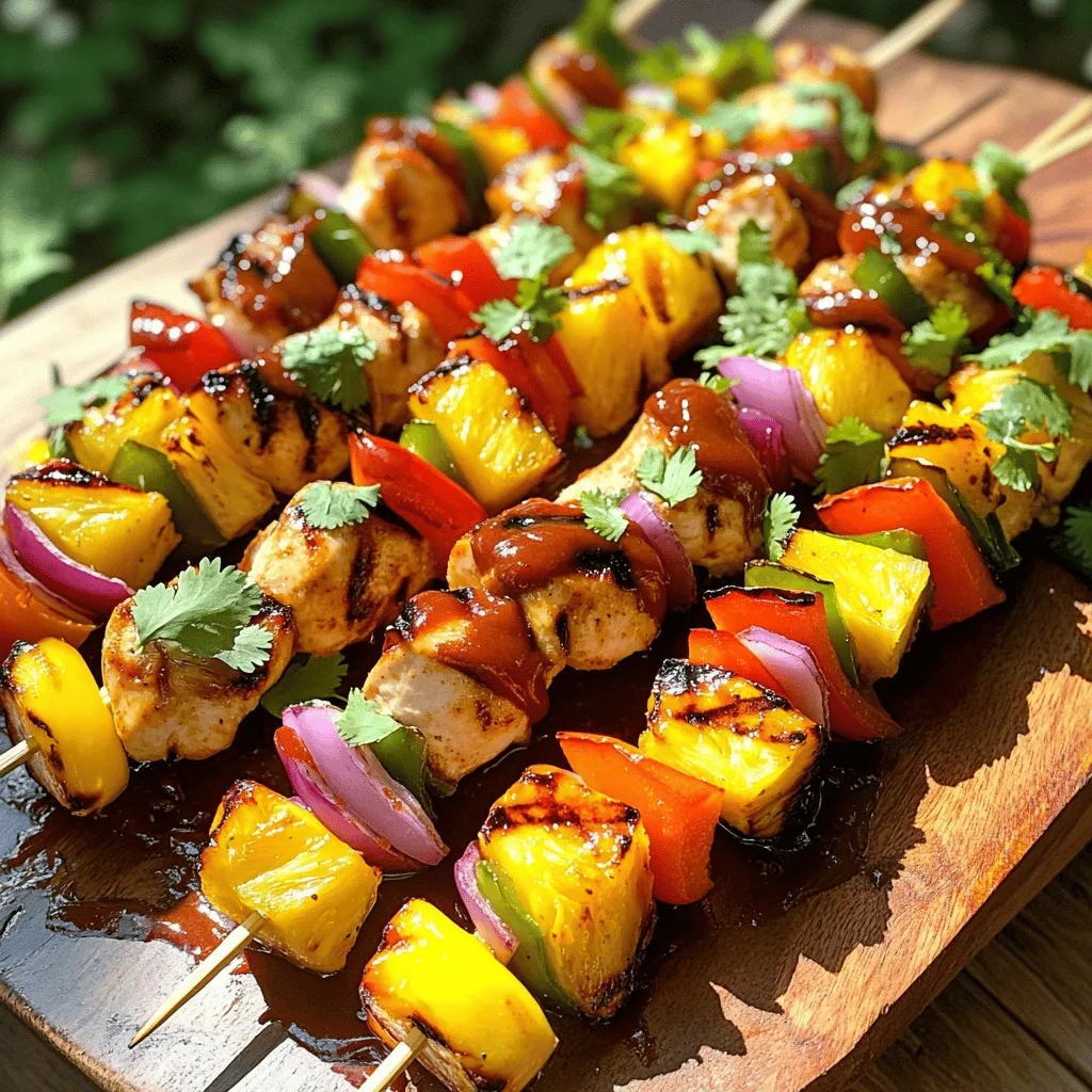 - 1 pound boneless, skinless chicken breast, cut into 1-inch cubes - 1 cup pineapple chunks (fresh or canned, drained if canned) - 1 red bell pepper, cut into 1-inch pieces - 1 yellow bell pepper, cut into 1-inch pieces - 1 medium red onion, cut into wedges - 1/3 cup BBQ sauce (choose your favorite brand) - 2 tablespoons soy sauce - 1 tablespoon honey - 1 teaspoon garlic powder - 1 teaspoon smoked paprika - 1/2 teaspoon freshly ground black pepper - Wooden or metal skewers - Soaking wooden skewers technique When you gather these ingredients, you set the stage for a tasty meal. The chicken brings protein, while the pineapple adds sweetness. The bell peppers and red onion add crunch and color. Together, they create a great balance. Next, the marinade is key. BBQ sauce gives that smoky flavor. Soy sauce adds saltiness. Honey offers a touch of sweetness. Garlic powder and smoked paprika add depth. Black pepper gives a bit of heat. Mix these in a bowl, and you have a flavorful marinade that makes the chicken juicy and tender. For the skewers, you can use wooden or metal ones. If you pick wooden skewers, soak them in water for at least 30 minutes before grilling. This helps to prevent them from burning. Now you are ready for some fun in the kitchen. You can find the full recipe for Tropical Grilled BBQ Chicken Skewers to guide you further. Start by making the marinade. In a medium bowl, combine the BBQ sauce, soy sauce, honey, garlic powder, smoked paprika, and black pepper. Whisk well until you blend everything smoothly. This mix adds great flavor to the chicken. Next, add the cubed chicken breast to the marinade. Make sure each piece is coated well. Then, cover the bowl with plastic wrap or a lid. Place it in the fridge for at least 30 minutes. You can marinate it for up to 2 hours too. The longer it sits, the better it tastes! Now it's time to fire up the grill. Preheat it to medium-high heat. This setting helps create a nice char without overcooking the chicken. A good grill temperature ensures your chicken cooks evenly for that perfect bite. While the grill heats, start assembling the skewers. Take your marinated chicken cubes and thread them onto the skewers. Alternate with pineapple chunks, red bell pepper pieces, yellow bell pepper pieces, and red onion wedges. This not only adds flavor but also makes the skewers look colorful and fun. When the grill is hot, place the skewers on it. Grill for about 10-15 minutes. Remember to flip them every few minutes. This helps them cook evenly and gives nice grill marks. To check if the chicken is done, make sure it reaches an internal temperature of 165°F. In the last few minutes of grilling, brush on some extra BBQ sauce. This adds a tasty glaze to your skewers. After grilling, let the skewers rest for a few minutes before serving. This resting time helps the juices redistribute, making the chicken juicy and tender. For the full recipe, check out the Tropical Grilled BBQ Chicken Skewers. Enjoy your delicious creation! Choose a BBQ sauce that you love. You might prefer sweet, tangy, or spicy. Popular brands like Sweet Baby Ray's or Stubb's work well. You can also make your own sauce with simple ingredients. Mix ketchup, brown sugar, vinegar, and spices to create your unique blend. For added flavor, consider extra seasonings like cayenne pepper, chili powder, or even fresh herbs. A touch of lemon juice can brighten your dish too. These small tweaks can elevate your skewers to a whole new level. Always ensure your chicken reaches 165°F. Use a meat thermometer for accuracy. Insert it into the thickest part of the chicken for the best reading. This step keeps your meal safe and delicious. To prevent burning, keep an eye on your grill. Avoid placing skewers directly over high flames. Turn them every few minutes and watch for flare-ups. This way, you can enjoy beautifully charred chicken without the worry of a burnt meal. Garnish your skewers with fresh herbs, like cilantro or parsley. This adds a pop of color and freshness. You can also add a sprinkle of sesame seeds for some crunch. Serve your skewers on a vibrant platter. Include a small bowl of extra BBQ sauce for dipping. Pair with sides like rice, salad, or grilled veggies. These ideas make your meal both tasty and attractive. For the full recipe, check out the Tropical Grilled BBQ Chicken Skewers section above. {{image_4}} You can swap chicken for shrimp or tofu. Shrimp cooks quickly, so only grill for 3-4 minutes. Tofu needs a little more time and should be pressed to remove excess water. This helps it soak up flavor better. Mix in mushrooms, zucchini, or cherry tomatoes for variety. Seasonal veggies like asparagus in spring or eggplant in summer work well. Keep colors bright and flavors fresh for a tasty skewer. Want some heat? Add chili powder or cayenne to your marinade. For a sweet twist, try adding pineapple juice or brown sugar. Both changes will give your skewers a whole new taste. If you love tangy flavors, add vinegar or lime juice to your mix. To keep your grilled BBQ chicken skewers fresh, use airtight containers. Glass or plastic containers work well. Make sure to cool the skewers to room temperature first. Then, seal them tightly. Store them in the fridge for up to three days. This way, you can enjoy your meal later without losing flavor. When you're ready to eat your leftovers, reheating is key. The best way is to use an oven or a grill. Set your oven to 350°F (175°C). Place the skewers on a baking sheet. Heat for about 10 minutes, or until warm. If using a grill, preheat it and grill the skewers for 5 minutes. This keeps the chicken juicy and the veggies crisp. Yes, you can freeze grilled skewers! To do this, wrap each skewer tightly in plastic wrap. Then, place the wrapped skewers in a freezer bag. They can last for up to three months. When you want to eat them, move the skewers to the fridge to thaw overnight. After thawing, follow the reheating guidelines to enjoy. Marinate the chicken for at least 30 minutes. For better flavor, try 2 hours. This time allows the chicken to soak up all the tasty marinade. You can use a bowl to cover it with plastic wrap. Yes, you can make the skewers ahead. Assemble them up to 24 hours in advance. Store them in the fridge until you’re ready to grill. Just keep them covered to maintain freshness. After grilling, let the grates cool slightly. Use a grill brush to remove the stuck bits. You can also soak a cloth in water and wipe them down. This keeps your grill clean and ready for the next meal. You can use a grill pan if you don't have a grill. A grill pan gives nice grill marks and helps cook evenly. Just preheat it well and follow the same cooking times. You can create delicious BBQ chicken skewers with simple steps. We covered all the key parts: choosing the right ingredients, marinating the chicken, and grilling techniques. I shared tips for flavor, safety, and how to vary your recipe. Finally, I explained how to store and reheat leftovers. You can enjoy these skewers with friends and family anytime. Cooking should be fun, and I hope you’re excited to try this at home!