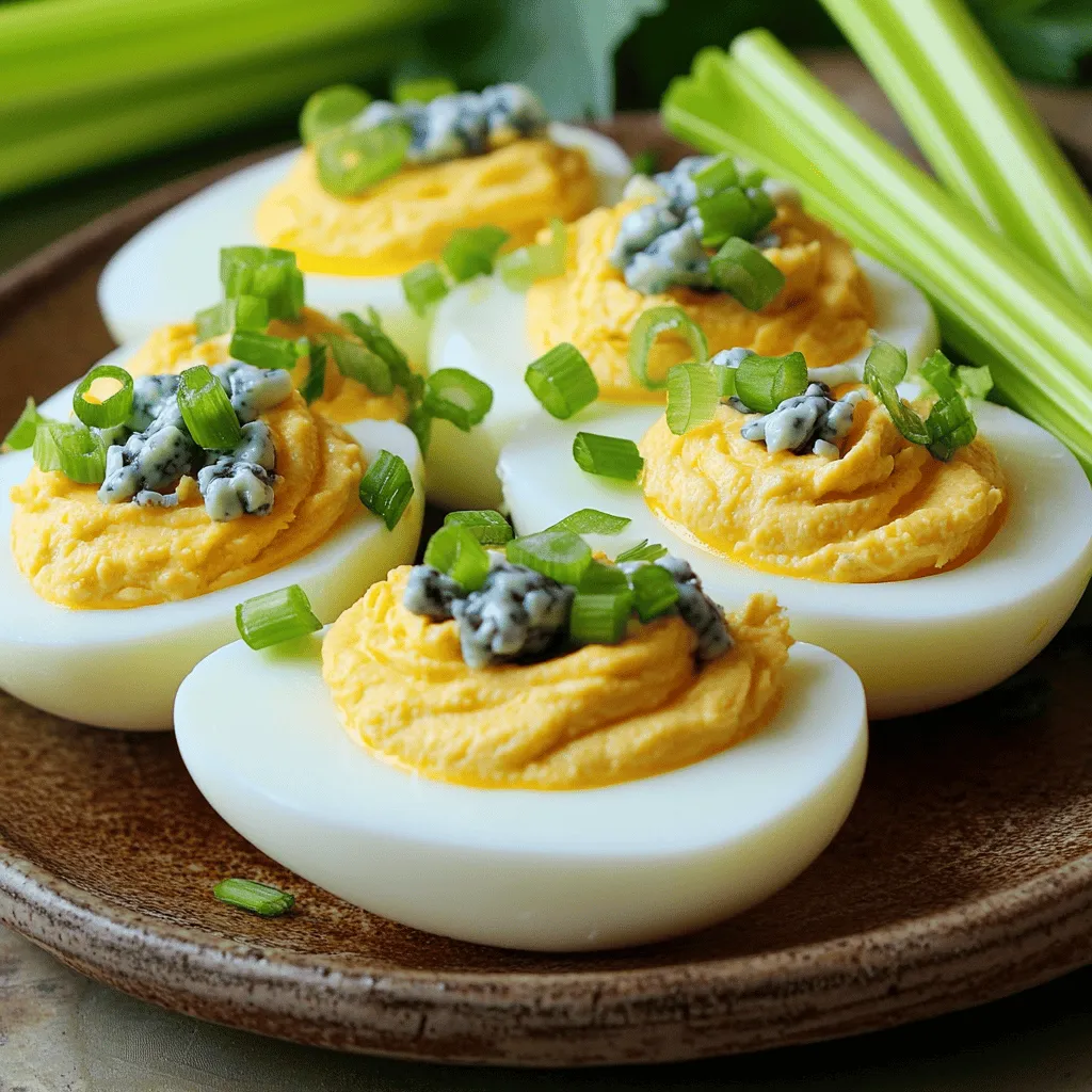 - 6 large eggs - 3 tablespoons mayonnaise - 1 tablespoon Greek yogurt - 2 tablespoons hot sauce (such as Frank's RedHot) - 1 teaspoon Dijon mustard - 1/4 teaspoon garlic powder - Salt and freshly cracked black pepper, to taste - 2 tablespoons crumbled blue cheese (plus additional for garnish) - Chopped green onions for garnish - Optional: crunchy celery sticks for serving Buffalo deviled eggs start with simple, tasty ingredients. The eggs give a rich base, while mayonnaise and Greek yogurt add creaminess. Hot sauce brings heat, and Dijon mustard offers a tangy kick. Garlic powder enhances flavor without being overpowering. Season your filling with salt and pepper to taste. The blue cheese adds a bold flavor that pairs perfectly with the hot sauce. Chopped green onions add a fresh touch and vibrant color. For a fun twist, serve the eggs with crunchy celery sticks for dipping. For the full recipe, check out the details in the earlier section. Enjoy these flavorful bites at your next gathering! To start, you need to boil and cool the eggs. Place six large eggs in a saucepan. Cover them with cold water, making sure the water is about an inch above the eggs. Bring the water to a rolling boil over medium-high heat. Once it boils, cover the pot and remove it from the heat. Let the eggs sit in the hot water for 12 to 15 minutes. After the time is up, cool the eggs quickly. Transfer them to a bowl filled with ice water. This stops the cooking process and helps with peeling. Let them cool for about five minutes. Once cooled, gently tap each egg on a hard surface. Peel them under running water for easier removal of the shell. Slice each egg in half lengthwise. Next, scoop out the yolks from the egg whites. Place all yolks in a mixing bowl. Add the remaining ingredients to this bowl: three tablespoons of mayonnaise, one tablespoon of Greek yogurt, two tablespoons of hot sauce, one teaspoon of Dijon mustard, and a quarter teaspoon of garlic powder. Season with salt and freshly cracked black pepper to taste. Using a fork, mash the yolk mixture until it is smooth and creamy. Once the mixture is well combined, gently fold in two tablespoons of crumbled blue cheese. Mix until just combined. This adds a rich flavor to your filling. Now it's time to fill the egg whites. Use a piping bag or a small spoon to fill each egg white half with the yolk mixture. Aim for a generous amount, creating a lovely mound on top of each half. For a beautiful presentation, garnish the filled eggs. Sprinkle additional crumbled blue cheese and chopped green onions over the top. This not only adds flavor but also makes the dish look appealing. For an extra treat, serve the Buffalo deviled eggs with crunchy celery sticks on the side. To cook hard-boiled eggs just right, start with cold water. Place the eggs in a pot and cover them with water. Make sure the water is about an inch above the eggs. Bring the water to a rolling boil. When it boils, cover the pot and take it off the heat. Let the eggs sit for 12 to 15 minutes. This time gives you a creamy yolk without the green ring. Once the time is up, cool the eggs quickly. Transfer them to a bowl filled with ice water. Let them rest for about 5 minutes. This step stops the cooking and makes peeling easier. Buffalo deviled eggs shine with the right hot sauce. If you want more heat, add an extra tablespoon of hot sauce. You can also adjust the flavor by adding more garlic powder or a squeeze of lemon. These small tweaks can change the taste quite a bit. Think about adding other seasonings too. A pinch of smoked paprika or cayenne pepper can give a fun twist. These flavors mix well with the creamy filling of the eggs. How you present Buffalo deviled eggs can impress your guests. Use a nice platter to arrange the eggs. You can place celery sticks around the eggs for a colorful touch. For garnishing, sprinkle extra blue cheese and chopped green onions on top. This adds flavor and looks great. You can also drizzle a little more hot sauce for a splash of color. These simple ideas make your deviled eggs stand out. For more detailed steps, check out the Full Recipe. {{image_4}} To make your Buffalo deviled eggs even spicier, add more hot sauce. This gives them a bold kick. You can also add a pinch of cayenne pepper or chopped jalapeños for extra heat. These little tweaks can take your dish from mild to wild! If you’re not a fan of blue cheese, try feta or cheddar instead. Both cheeses work well and add great flavor. For those with dairy allergies, use non-dairy cream cheese or mashed avocado. These substitutes keep the creamy texture while catering to dietary needs. Buffalo deviled eggs shine as a party snack. Pair them with crunchy veggies like celery or carrots. They also go great with chips or crackers. This makes them perfect finger food for gatherings. Place them on a platter for guests to grab easily. Your guests will love these tasty bites! For a complete guide on making these delicious treats, check out the Full Recipe. To keep your Buffalo deviled eggs fresh, store them in the fridge. Place them in an airtight container. This keeps the eggs from drying out. They will taste best if eaten within 2-3 days. If you need to cover them, use plastic wrap. Make sure the wrap is tight to stop air from getting in. You can freeze deviled eggs, but they may lose some texture. If you have leftovers, scoop out the yolk filling and freeze it separately. This way, the egg whites will stay intact. When you're ready to eat, defrost the filling in the fridge overnight. Use the egg whites within a week for best taste. Generally, you do not need to reheat deviled eggs. They taste best cold. If you do want to warm them, use a low heat setting in the oven. Place them in a dish and cover with foil. Heat for about 10 minutes. This helps keep their taste and texture. Enjoy your flavorful Buffalo deviled eggs straight from the fridge or at room temperature. For the full recipe, check the earlier sections! To peel hard-boiled eggs easily, start with fresh eggs. After boiling, cool the eggs in ice water. This helps the shell loosen. Gently tap the egg on a hard surface. Then, roll it to crack the shell all over. Peel under running water to wash away small bits. This method helps make peeling smooth and simple. Yes, you can make Buffalo deviled eggs ahead of time. Prepare the eggs and filling, then store them separately. Keep the egg whites in one container. Place the yolk mixture in another. When you are ready to serve, fill the whites just before eating. This keeps everything fresh and tasty. To adjust the spice in Buffalo deviled eggs, change the amount of hot sauce. For less heat, use one tablespoon of hot sauce. For more spice, add extra hot sauce or use a spicier brand. You can also mix in diced jalapeños or add cayenne pepper to the yolk mix for extra kick. These deviled eggs are simple yet packed with flavor. We covered key ingredients, step-by-step prep, and tasty variations. You learned handy tips for cooking and serving. Remember, the right garnishes make a big difference! Experiment with flavors that fit your taste. Make them ahead for parties or keep them for snacks. With these tricks, your deviled eggs will impress everyone. Enjoy creating your perfect dish!