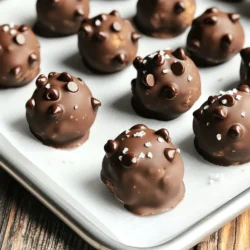 To make Chocolate Chip Cookie Dough Truffles, you need the following key ingredients: - 1 cup all-purpose flour - ½ cup unsalted butter, softened to room temperature - ½ cup brown sugar, tightly packed - ¼ cup granulated sugar - 2 tablespoons milk - 1 teaspoon vanilla extract - ½ cup mini chocolate chips - 1 ½ cups milk chocolate chips (for coating) - Sea salt (for garnish) These ingredients create a rich and creamy dough that tastes just like cookie dough. If you're looking for substitutions, you can use dairy-free butter and plant-based milk to make the truffles vegan. For a gluten-free option, swap the all-purpose flour for a 1:1 gluten-free flour blend. Measuring flour and butter accurately is key for great consistency. - Flour: Spoon the flour into a measuring cup and level it off with a knife. Avoid packing it down, as this can add too much flour. - Butter: Use softened butter straight from room temperature. If your butter is too cold, it won't mix well. The temperature of your ingredients matters too. Room temperature butter blends more easily with sugars. Cold butter can lead to a lumpy dough. Make sure to let your butter sit out for about 30 minutes before you start. For the best results, follow the Full Recipe closely and enjoy your sweet treats! To make the cookie dough, start with a medium bowl. Use an electric mixer to blend the softened butter, brown sugar, and granulated sugar. Mix until it is creamy. Next, pour in the milk and vanilla extract. Mix again until everything is combined. Now, it's time to add the flour. Sift in the all-purpose flour gradually. Use a spatula to mix until the dough is smooth. This helps avoid lumps. Then, fold in the mini chocolate chips. Make sure they spread evenly throughout the dough. Chilling the dough is key. It helps the dough firm up, making it easier to shape. Cover the bowl tightly with plastic wrap. Refrigerate the dough for about 30 minutes. This step is vital for the right consistency. After chilling, take the dough out. Use a tablespoon or cookie scoop to portion it. Roll each portion into a round ball. Place the balls on a parchment-lined baking sheet. This keeps them from sticking. Now comes the fun part—melting the chocolate! Use a microwave-safe bowl for this step. Microwave the milk chocolate chips in 30-second bursts. Stir after each interval. Be careful not to overheat. You want it smooth and melted. Once melted, dip each cookie dough ball into the chocolate. Use a fork to help with this. Let any excess chocolate drip back into the bowl. Place the coated truffles back on the baking sheet. Before the chocolate sets, sprinkle a little sea salt on top. This adds a nice flavor contrast. Finally, chill the truffles again for about 15 minutes. This helps the chocolate harden perfectly. Enjoy your delicious Chocolate Chip Cookie Dough Truffles! To make your Chocolate Chip Cookie Dough Truffles stand out, consider these tips: - Add Espresso Powder: A teaspoon of espresso powder gives a rich, deep flavor. - Cinnamon Twist: A dash of cinnamon adds warmth and spice to the dough. - Chewy vs. Crunchy: For a chewy texture, use more butter. For crunch, add chopped nuts. These small changes can transform your truffles into something special. Garnishing your truffles can be fun and creative. Here are some ideas: - Sprinkles: Add colorful sprinkles for a festive look. - Drizzle: Use melted white chocolate to drizzle over the top for flair. - Different Chocolates: Try coating with dark or white chocolate for variety. These toppings can make your truffles look as good as they taste. For the full recipe, see above. {{image_4}} You can easily change the flavor of your truffles. Try adding peanut butter for a nutty twist. Just mix in 1/4 cup of creamy peanut butter when blending the butter and sugars. For a fresh taste, add mint extract instead of vanilla. Start with 1/4 teaspoon and adjust to your liking. You can also make different types of truffles using the same dough base. For a fun twist, roll the dough in crushed nuts or sprinkles after coating in chocolate. Another option is to dip them in white chocolate for a sweeter treat. Each variation adds a new layer of flavor to enjoy. If you need a gluten-free version, substitute all-purpose flour with almond flour or a gluten-free blend. This change keeps the truffles tasty and safe for those with gluten allergies. For a nut-free recipe, skip any added nuts and choose chocolate chips that are free from cross-contamination. If you want to make vegan truffles, use coconut oil instead of butter and a non-dairy milk. Look for vegan chocolate chips for coating. These swaps let everyone enjoy the deliciousness of chocolate chip cookie dough truffles without worry. For the full recipe, check out the ingredients and steps to create these tasty treats! To keep your Chocolate Chip Cookie Dough Truffles fresh, store them in an airtight container. This helps to prevent them from drying out. I recommend using a glass or plastic container with a secure lid. Place parchment paper between layers of truffles if stacking them. This avoids sticking and keeps them intact. Store the container in a cool, dry place. The fridge is a good option, especially in warmer weather. If you want to save some truffles for later, freezing is easy. First, place the truffles on a baking sheet in a single layer. Freeze them for about an hour. Once firm, transfer them to a freezer-safe container. You can also use a zip-top bag for this. Ensure to remove as much air as possible before sealing. When you're ready to eat, take them out and let them thaw in the fridge for a few hours. This helps keep the texture nice. Enjoy your truffles any time with these simple storage tips! How long do the truffles last before going bad? Chocolate Chip Cookie Dough Truffles stay fresh for about one week. Keep them in an airtight container in the fridge. This helps maintain their taste and texture. After a week, the truffles may lose their flavor and become dry. Can I use store-bought cookie dough instead? Yes, you can use store-bought cookie dough. It saves time and makes it easy to enjoy these truffles. Just ensure that the dough is safe to eat raw. Many brands now offer cookie dough made for eating raw, which is perfect for this recipe. What to do if the chocolate coating is not smooth? If the chocolate coating is not smooth, try reheating it slowly. Use short bursts in the microwave. Stir well after each burst. This helps get rid of lumps and ensures a smooth finish. You can also add a small amount of vegetable oil to make it thinner. Solutions for dough that is too crumbly or too sticky If your dough is too crumbly, add a little milk, one teaspoon at a time, until it comes together. If it is too sticky, add a bit more flour. Chill the dough again to help it firm up, making it easier to shape into truffles. Information on purchasing pre-made Chocolate Chip Cookie Dough Truffles You can find pre-made Chocolate Chip Cookie Dough Truffles at many dessert shops or online. Look for local stores that specialize in gourmet treats. Some grocery stores may also carry them in the frozen or bakery section. Suggestions for local bakeries or online options Explore local bakeries for fresh truffles. Many bakeries love to offer unique flavors. If you want to shop online, websites like Etsy or specialty food sites might have what you need. Always check reviews to find the best options. You now have all the tools to make delicious Chocolate Chip Cookie Dough Truffles. We covered the key ingredients, how to measure them, and the steps to prepare. You'll also find tips for chilling, shaping, and coating your truffles. With the variations and storage tips, you can customize your treats. These truffles are fun to make and share. Enjoy exploring flavors and impressing friends with your new skill!
