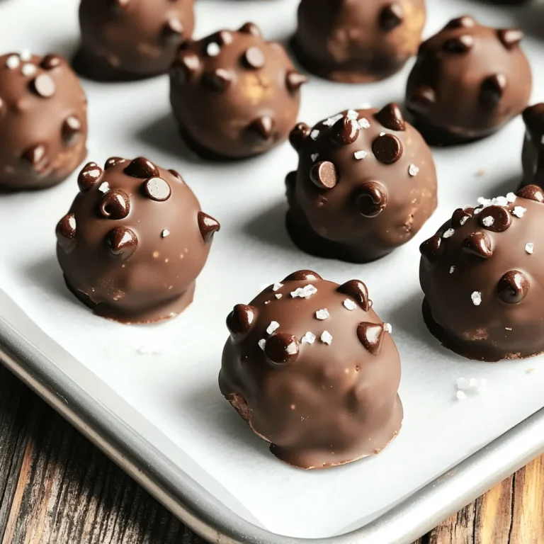 To make Chocolate Chip Cookie Dough Truffles, you need the following key ingredients: - 1 cup all-purpose flour - ½ cup unsalted butter, softened to room temperature - ½ cup brown sugar, tightly packed - ¼ cup granulated sugar - 2 tablespoons milk - 1 teaspoon vanilla extract - ½ cup mini chocolate chips - 1 ½ cups milk chocolate chips (for coating) - Sea salt (for garnish) These ingredients create a rich and creamy dough that tastes just like cookie dough. If you're looking for substitutions, you can use dairy-free butter and plant-based milk to make the truffles vegan. For a gluten-free option, swap the all-purpose flour for a 1:1 gluten-free flour blend. Measuring flour and butter accurately is key for great consistency. - Flour: Spoon the flour into a measuring cup and level it off with a knife. Avoid packing it down, as this can add too much flour. - Butter: Use softened butter straight from room temperature. If your butter is too cold, it won't mix well. The temperature of your ingredients matters too. Room temperature butter blends more easily with sugars. Cold butter can lead to a lumpy dough. Make sure to let your butter sit out for about 30 minutes before you start. For the best results, follow the Full Recipe closely and enjoy your sweet treats! To make the cookie dough, start with a medium bowl. Use an electric mixer to blend the softened butter, brown sugar, and granulated sugar. Mix until it is creamy. Next, pour in the milk and vanilla extract. Mix again until everything is combined. Now, it's time to add the flour. Sift in the all-purpose flour gradually. Use a spatula to mix until the dough is smooth. This helps avoid lumps. Then, fold in the mini chocolate chips. Make sure they spread evenly throughout the dough. Chilling the dough is key. It helps the dough firm up, making it easier to shape. Cover the bowl tightly with plastic wrap. Refrigerate the dough for about 30 minutes. This step is vital for the right consistency. After chilling, take the dough out. Use a tablespoon or cookie scoop to portion it. Roll each portion into a round ball. Place the balls on a parchment-lined baking sheet. This keeps them from sticking. Now comes the fun part—melting the chocolate! Use a microwave-safe bowl for this step. Microwave the milk chocolate chips in 30-second bursts. Stir after each interval. Be careful not to overheat. You want it smooth and melted. Once melted, dip each cookie dough ball into the chocolate. Use a fork to help with this. Let any excess chocolate drip back into the bowl. Place the coated truffles back on the baking sheet. Before the chocolate sets, sprinkle a little sea salt on top. This adds a nice flavor contrast. Finally, chill the truffles again for about 15 minutes. This helps the chocolate harden perfectly. Enjoy your delicious Chocolate Chip Cookie Dough Truffles! To make your Chocolate Chip Cookie Dough Truffles stand out, consider these tips: - Add Espresso Powder: A teaspoon of espresso powder gives a rich, deep flavor. - Cinnamon Twist: A dash of cinnamon adds warmth and spice to the dough. - Chewy vs. Crunchy: For a chewy texture, use more butter. For crunch, add chopped nuts. These small changes can transform your truffles into something special. Garnishing your truffles can be fun and creative. Here are some ideas: - Sprinkles: Add colorful sprinkles for a festive look. - Drizzle: Use melted white chocolate to drizzle over the top for flair. - Different Chocolates: Try coating with dark or white chocolate for variety. These toppings can make your truffles look as good as they taste. For the full recipe, see above. {{image_4}} You can easily change the flavor of your truffles. Try adding peanut butter for a nutty twist. Just mix in 1/4 cup of creamy peanut butter when blending the butter and sugars. For a fresh taste, add mint extract instead of vanilla. Start with 1/4 teaspoon and adjust to your liking. You can also make different types of truffles using the same dough base. For a fun twist, roll the dough in crushed nuts or sprinkles after coating in chocolate. Another option is to dip them in white chocolate for a sweeter treat. Each variation adds a new layer of flavor to enjoy. If you need a gluten-free version, substitute all-purpose flour with almond flour or a gluten-free blend. This change keeps the truffles tasty and safe for those with gluten allergies. For a nut-free recipe, skip any added nuts and choose chocolate chips that are free from cross-contamination. If you want to make vegan truffles, use coconut oil instead of butter and a non-dairy milk. Look for vegan chocolate chips for coating. These swaps let everyone enjoy the deliciousness of chocolate chip cookie dough truffles without worry. For the full recipe, check out the ingredients and steps to create these tasty treats! To keep your Chocolate Chip Cookie Dough Truffles fresh, store them in an airtight container. This helps to prevent them from drying out. I recommend using a glass or plastic container with a secure lid. Place parchment paper between layers of truffles if stacking them. This avoids sticking and keeps them intact. Store the container in a cool, dry place. The fridge is a good option, especially in warmer weather. If you want to save some truffles for later, freezing is easy. First, place the truffles on a baking sheet in a single layer. Freeze them for about an hour. Once firm, transfer them to a freezer-safe container. You can also use a zip-top bag for this. Ensure to remove as much air as possible before sealing. When you're ready to eat, take them out and let them thaw in the fridge for a few hours. This helps keep the texture nice. Enjoy your truffles any time with these simple storage tips! How long do the truffles last before going bad? Chocolate Chip Cookie Dough Truffles stay fresh for about one week. Keep them in an airtight container in the fridge. This helps maintain their taste and texture. After a week, the truffles may lose their flavor and become dry. Can I use store-bought cookie dough instead? Yes, you can use store-bought cookie dough. It saves time and makes it easy to enjoy these truffles. Just ensure that the dough is safe to eat raw. Many brands now offer cookie dough made for eating raw, which is perfect for this recipe. What to do if the chocolate coating is not smooth? If the chocolate coating is not smooth, try reheating it slowly. Use short bursts in the microwave. Stir well after each burst. This helps get rid of lumps and ensures a smooth finish. You can also add a small amount of vegetable oil to make it thinner. Solutions for dough that is too crumbly or too sticky If your dough is too crumbly, add a little milk, one teaspoon at a time, until it comes together. If it is too sticky, add a bit more flour. Chill the dough again to help it firm up, making it easier to shape into truffles. Information on purchasing pre-made Chocolate Chip Cookie Dough Truffles You can find pre-made Chocolate Chip Cookie Dough Truffles at many dessert shops or online. Look for local stores that specialize in gourmet treats. Some grocery stores may also carry them in the frozen or bakery section. Suggestions for local bakeries or online options Explore local bakeries for fresh truffles. Many bakeries love to offer unique flavors. If you want to shop online, websites like Etsy or specialty food sites might have what you need. Always check reviews to find the best options. You now have all the tools to make delicious Chocolate Chip Cookie Dough Truffles. We covered the key ingredients, how to measure them, and the steps to prepare. You'll also find tips for chilling, shaping, and coating your truffles. With the variations and storage tips, you can customize your treats. These truffles are fun to make and share. Enjoy exploring flavors and impressing friends with your new skill!