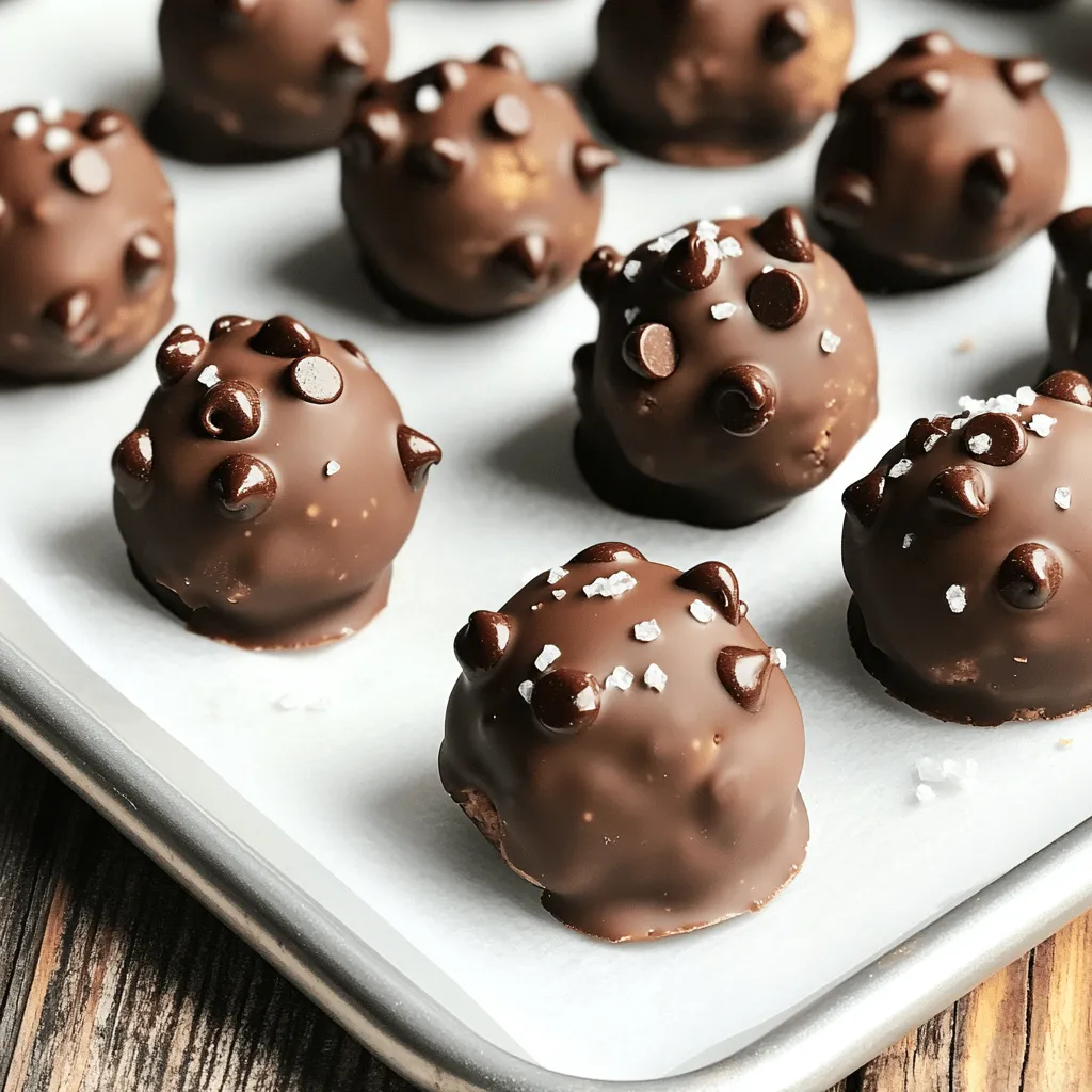 To make Chocolate Chip Cookie Dough Truffles, you need the following key ingredients: - 1 cup all-purpose flour - ½ cup unsalted butter, softened to room temperature - ½ cup brown sugar, tightly packed - ¼ cup granulated sugar - 2 tablespoons milk - 1 teaspoon vanilla extract - ½ cup mini chocolate chips - 1 ½ cups milk chocolate chips (for coating) - Sea salt (for garnish) These ingredients create a rich and creamy dough that tastes just like cookie dough. If you're looking for substitutions, you can use dairy-free butter and plant-based milk to make the truffles vegan. For a gluten-free option, swap the all-purpose flour for a 1:1 gluten-free flour blend. Measuring flour and butter accurately is key for great consistency. - Flour: Spoon the flour into a measuring cup and level it off with a knife. Avoid packing it down, as this can add too much flour. - Butter: Use softened butter straight from room temperature. If your butter is too cold, it won't mix well. The temperature of your ingredients matters too. Room temperature butter blends more easily with sugars. Cold butter can lead to a lumpy dough. Make sure to let your butter sit out for about 30 minutes before you start. For the best results, follow the Full Recipe closely and enjoy your sweet treats! To make the cookie dough, start with a medium bowl. Use an electric mixer to blend the softened butter, brown sugar, and granulated sugar. Mix until it is creamy. Next, pour in the milk and vanilla extract. Mix again until everything is combined. Now, it's time to add the flour. Sift in the all-purpose flour gradually. Use a spatula to mix until the dough is smooth. This helps avoid lumps. Then, fold in the mini chocolate chips. Make sure they spread evenly throughout the dough. Chilling the dough is key. It helps the dough firm up, making it easier to shape. Cover the bowl tightly with plastic wrap. Refrigerate the dough for about 30 minutes. This step is vital for the right consistency. After chilling, take the dough out. Use a tablespoon or cookie scoop to portion it. Roll each portion into a round ball. Place the balls on a parchment-lined baking sheet. This keeps them from sticking. Now comes the fun part—melting the chocolate! Use a microwave-safe bowl for this step. Microwave the milk chocolate chips in 30-second bursts. Stir after each interval. Be careful not to overheat. You want it smooth and melted. Once melted, dip each cookie dough ball into the chocolate. Use a fork to help with this. Let any excess chocolate drip back into the bowl. Place the coated truffles back on the baking sheet. Before the chocolate sets, sprinkle a little sea salt on top. This adds a nice flavor contrast. Finally, chill the truffles again for about 15 minutes. This helps the chocolate harden perfectly. Enjoy your delicious Chocolate Chip Cookie Dough Truffles! To make your Chocolate Chip Cookie Dough Truffles stand out, consider these tips: - Add Espresso Powder: A teaspoon of espresso powder gives a rich, deep flavor. - Cinnamon Twist: A dash of cinnamon adds warmth and spice to the dough. - Chewy vs. Crunchy: For a chewy texture, use more butter. For crunch, add chopped nuts. These small changes can transform your truffles into something special. Garnishing your truffles can be fun and creative. Here are some ideas: - Sprinkles: Add colorful sprinkles for a festive look. - Drizzle: Use melted white chocolate to drizzle over the top for flair. - Different Chocolates: Try coating with dark or white chocolate for variety. These toppings can make your truffles look as good as they taste. For the full recipe, see above. {{image_4}} You can easily change the flavor of your truffles. Try adding peanut butter for a nutty twist. Just mix in 1/4 cup of creamy peanut butter when blending the butter and sugars. For a fresh taste, add mint extract instead of vanilla. Start with 1/4 teaspoon and adjust to your liking. You can also make different types of truffles using the same dough base. For a fun twist, roll the dough in crushed nuts or sprinkles after coating in chocolate. Another option is to dip them in white chocolate for a sweeter treat. Each variation adds a new layer of flavor to enjoy. If you need a gluten-free version, substitute all-purpose flour with almond flour or a gluten-free blend. This change keeps the truffles tasty and safe for those with gluten allergies. For a nut-free recipe, skip any added nuts and choose chocolate chips that are free from cross-contamination. If you want to make vegan truffles, use coconut oil instead of butter and a non-dairy milk. Look for vegan chocolate chips for coating. These swaps let everyone enjoy the deliciousness of chocolate chip cookie dough truffles without worry. For the full recipe, check out the ingredients and steps to create these tasty treats! To keep your Chocolate Chip Cookie Dough Truffles fresh, store them in an airtight container. This helps to prevent them from drying out. I recommend using a glass or plastic container with a secure lid. Place parchment paper between layers of truffles if stacking them. This avoids sticking and keeps them intact. Store the container in a cool, dry place. The fridge is a good option, especially in warmer weather. If you want to save some truffles for later, freezing is easy. First, place the truffles on a baking sheet in a single layer. Freeze them for about an hour. Once firm, transfer them to a freezer-safe container. You can also use a zip-top bag for this. Ensure to remove as much air as possible before sealing. When you're ready to eat, take them out and let them thaw in the fridge for a few hours. This helps keep the texture nice. Enjoy your truffles any time with these simple storage tips! How long do the truffles last before going bad? Chocolate Chip Cookie Dough Truffles stay fresh for about one week. Keep them in an airtight container in the fridge. This helps maintain their taste and texture. After a week, the truffles may lose their flavor and become dry. Can I use store-bought cookie dough instead? Yes, you can use store-bought cookie dough. It saves time and makes it easy to enjoy these truffles. Just ensure that the dough is safe to eat raw. Many brands now offer cookie dough made for eating raw, which is perfect for this recipe. What to do if the chocolate coating is not smooth? If the chocolate coating is not smooth, try reheating it slowly. Use short bursts in the microwave. Stir well after each burst. This helps get rid of lumps and ensures a smooth finish. You can also add a small amount of vegetable oil to make it thinner. Solutions for dough that is too crumbly or too sticky If your dough is too crumbly, add a little milk, one teaspoon at a time, until it comes together. If it is too sticky, add a bit more flour. Chill the dough again to help it firm up, making it easier to shape into truffles. Information on purchasing pre-made Chocolate Chip Cookie Dough Truffles You can find pre-made Chocolate Chip Cookie Dough Truffles at many dessert shops or online. Look for local stores that specialize in gourmet treats. Some grocery stores may also carry them in the frozen or bakery section. Suggestions for local bakeries or online options Explore local bakeries for fresh truffles. Many bakeries love to offer unique flavors. If you want to shop online, websites like Etsy or specialty food sites might have what you need. Always check reviews to find the best options. You now have all the tools to make delicious Chocolate Chip Cookie Dough Truffles. We covered the key ingredients, how to measure them, and the steps to prepare. You'll also find tips for chilling, shaping, and coating your truffles. With the variations and storage tips, you can customize your treats. These truffles are fun to make and share. Enjoy exploring flavors and impressing friends with your new skill!