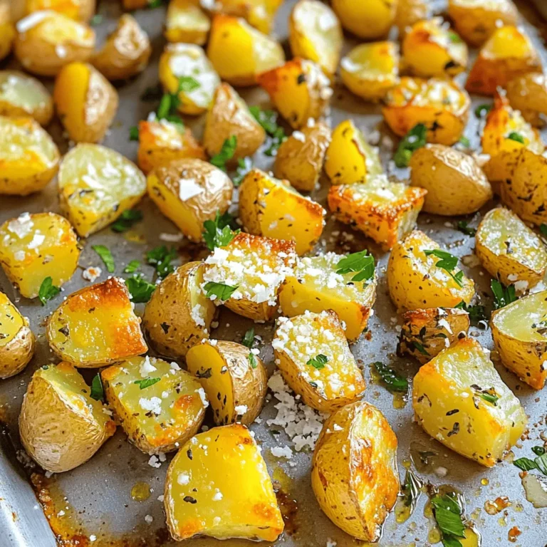 - 2 pounds baby potatoes, halved - 1/4 cup extra virgin olive oil - 1/2 cup finely grated Parmesan cheese - 3 cloves garlic, finely minced - 2 teaspoons Italian seasoning blend - Sea salt and freshly ground black pepper to taste - Fresh parsley, chopped (for garnish) To create Parmesan herb roasted potatoes, you need a few key ingredients. First, grab 2 pounds of baby potatoes. Their small size helps them cook evenly and get crispy. Next, use 1/4 cup of extra virgin olive oil. This oil adds flavor and helps the potatoes brown nicely. You will also need 1/2 cup of finely grated Parmesan cheese. This cheese gives the potatoes a savory kick. For seasoning, start with 3 cloves of finely minced garlic. Garlic adds depth and richness to the dish. Then, add 2 teaspoons of an Italian seasoning blend. This blend usually has dried oregano, thyme, and basil, which gives a lovely herb flavor. Finally, season with sea salt and freshly ground black pepper to taste. These elements bring out the natural flavors of the potatoes. Don't forget to garnish your dish! Fresh parsley, chopped, adds a nice touch of color and freshness. This step makes your dish look appealing and bright. For the full recipe, check out the complete instructions on how to make these delicious potatoes. - Preheat your oven to 425°F (220°C). - In a bowl, mix halved baby potatoes with olive oil, garlic, and seasonings. First, I heat the oven. A hot oven helps the potatoes get crispy. Then, I take a large bowl and add the halved baby potatoes. I drizzle in the olive oil. Next, I add the minced garlic and sprinkle in the Italian seasoning. I also add sea salt and black pepper. I use my hands to mix everything well. This ensures the potatoes are coated evenly. - Line a baking sheet with parchment paper. - Spread potatoes in a single layer and sprinkle with Parmesan. Lining the baking sheet with parchment paper is key. It keeps the potatoes from sticking. I spread the seasoned potatoes in a single layer on the sheet. This gives them space to roast nicely. Now, I sprinkle the finely grated Parmesan cheese on top. The cheese melts and forms a tasty crust while roasting. - Roast for 25-30 minutes, stirring halfway through. - Allow cooling briefly before serving. I roast the potatoes in the oven for 25-30 minutes. Halfway through, I take them out and stir. This helps them brown evenly. When they look golden brown, I take them out of the oven. I let them cool for a few minutes before serving. These potatoes taste amazing and look great on any plate! For the full recipe, check out the details shared earlier. To get that perfect crunch on your Parmesan herb roasted potatoes, spacing is key. Make sure to place each potato piece apart on the baking sheet. This allows hot air to circulate freely, ensuring they roast evenly. I also recommend using parchment paper. It helps to prevent sticking and gives you a nice, crispy outside. You can take your flavor game up a notch by customizing the Italian seasoning blend. Try adding a pinch of red pepper flakes for some heat or fresh herbs like basil or rosemary. If you want to switch things up, consider using other cheeses. Gruyère or aged cheddar can add a new twist to the flavor profile. For a beautiful presentation, serve the roasted potatoes in a rustic bowl or right on the baking sheet. This gives a fun, casual vibe to your meal. You might also want to offer some dips. A tangy yogurt sauce or a creamy garlic dip pairs wonderfully with these potatoes. For the full recipe, refer to the earlier section. {{image_4}} You can change the taste of Parmesan Herb Roasted Potatoes in fun ways. Try using rosemary or thyme for a new twist. Both herbs add a fresh and earthy flavor. If you like spice, sprinkle some paprika or chili flakes on top. These spices will give your potatoes a warm kick. Sometimes, you may want to switch up the potatoes. You can use red potatoes, Yukon golds, or even sweet potatoes. Each type gives a unique flavor and texture. If you want a dairy-free option, swap out the Parmesan for nutritional yeast. It adds a cheesy taste without any dairy. For a colorful meal, mix in some roasted vegetables. Carrots, bell peppers, or zucchini work well. This makes a tasty medley dish. Don't forget about leftovers! You can toss them into breakfast frittatas or hash. It’s a great way to start your day with leftover goodness. For the full recipe, check out the detailed guide above. After enjoying your Parmesan Herb Roasted Potatoes, store any leftovers in the fridge. Place them in an airtight container to keep them fresh. This helps prevent moisture and keeps the potatoes tasty. You can also use a plastic wrap to cover the dish tightly. Aim to eat the leftovers within three days for the best flavor. When reheating, I recommend using the oven for the best texture. Preheat your oven to 350°F (175°C). Spread the potatoes on a baking sheet, ensuring they are not crowded. Heat for about 10-15 minutes. This method keeps the potatoes crispy. If you’re short on time, use a microwave. Just know it may make the potatoes soft. To boost the flavor, sprinkle a bit more Parmesan or herbs before reheating. Yes, you can freeze roasted potatoes! To freeze them, let them cool completely. Then, spread them out on a baking sheet and freeze for about an hour. Once frozen, transfer the potatoes to a freezer-safe bag or container. This way, they don’t stick together. When you’re ready to use them, thaw the potatoes overnight in the fridge. Reheat them in the oven for the best results. You can enjoy your Parmesan Herb Roasted Potatoes even weeks later! For the full recipe, check the section above. To make Parmesan Herb Roasted Potatoes, follow these simple steps: 1. Preheat your oven to 425°F (220°C). 2. In a bowl, mix halved baby potatoes with olive oil, garlic, and seasonings. 3. Line a baking sheet with parchment paper to prevent sticking. 4. Spread the potatoes in a single layer on the sheet. 5. Sprinkle finely grated Parmesan cheese over the potatoes. 6. Roast for 25-30 minutes, stirring halfway through. 7. Garnish with fresh parsley before serving. These steps create crispy, flavorful potatoes. The full recipe gives more details to ensure success. Yes, you can use different cheeses if you prefer. Here are some good options: - Pecorino Romano adds a sharper taste. - Cheddar cheese brings a rich flavor. - Gruyère offers a nutty twist. Feel free to mix and match to find your favorite cheese. Just remember, adjust the amount to suit your taste! Roasted potatoes pair well with many dishes. Here are some tasty ideas: - Grilled chicken for a hearty meal. - Baked fish for a lighter option. - A fresh garden salad for balance. These sides make your meal complete and satisfying. You can also add dips like garlic aioli or sour cream for extra flavor! In this blog post, I shared how to make Parmesan Herb Roasted Potatoes. We covered the key ingredients, like baby potatoes and olive oil. I walked you through the easy step-by-step instructions. We also explored tips for perfect crispiness and creative variations. Remember, these potatoes are not just sides; they can shine in many meals. Enjoy making this dish your own with different flavors and serving ideas. Happy cooking!