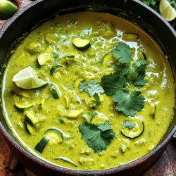 - 4 medium zucchinis, chopped into half-moons - 1 medium onion, diced into small pieces - 3 cloves garlic, minced finely - 1 tablespoon fresh ginger, grated - 1 tablespoon red curry paste (adjust to taste) - 1 can (14 oz) full-fat coconut milk - 4 cups vegetable broth (preferably low sodium) - 2 tablespoons extra-virgin olive oil - 1 teaspoon turmeric powder - 1 teaspoon ground cumin - Salt and freshly ground pepper to taste - Fresh cilantro leaves, for garnish - Lime wedges, for serving Zucchini is the star of this dish. It adds a fresh taste and creamy texture. When cooked, zucchini becomes soft but keeps some bite. Onion and garlic create a strong base for flavor. They give the soup depth and warmth. Fresh ginger adds a zing and pairs well with spices. Coconut milk makes this soup creamy and rich. It balances the spicy curry paste. Red curry paste brings heat and flavor, and you can adjust it to your taste. Turmeric and cumin add earthiness and color. - 1 tablespoon = 3 teaspoons - 1 can (14 oz) = about 400 ml - 4 cups = 32 ounces You can easily double the recipe or adjust the spice level. For those who love a kick, add more curry paste. If you prefer a milder taste, start with less. Enjoy creating your bowl of spicy curry zucchini soup! To make Spicy Curry Zucchini Soup, start by heating the olive oil in a large pot over medium heat. When the oil is hot, add the diced onion. Sauté the onion for about 5 minutes. You want it to turn soft and clear. Next, add the minced garlic and grated ginger. Stir this mix for one minute. You will smell a wonderful aroma. Now, toss in the chopped zucchini. Stir it well with the onion. Cook for about 5-7 minutes until the zucchini is soft but still firm. Now, it’s time for the spices. Add the red curry paste, turmeric powder, and ground cumin. Mix everything well to coat the zucchini. Then, pour in the vegetable broth. Bring the pot to a boil. Once boiling, lower the heat and let it simmer for 15-20 minutes. The zucchini should be tender by now. After simmering, take the pot off the heat. If you have an immersion blender, use it to purée the soup until smooth. If not, let the soup cool a bit, then blend it in batches in a countertop blender. Return the pureed soup to low heat. Add the rich coconut milk and stir. Taste the soup and add salt and pepper as needed. Heat it through for 5 minutes. Serve the soup hot, with fresh cilantro on top and lime wedges on the side. - When sautéing the onion, stir often to avoid burning. - If you want more heat, add extra red curry paste when mixing in the spices. - Letting the soup cool before blending helps prevent splatters. - When adding coconut milk, stir gently to keep it creamy. - Large pot for cooking - Wooden spoon for stirring - Immersion blender or countertop blender for puréeing - Measuring cups and spoons for precise amounts - Cutting board and knife for chopping veggies Follow these steps to create a savory and comforting bowl of Spicy Curry Zucchini Soup. For the full recipe, check the details above. Enjoy your cooking adventure! To make your spicy curry zucchini soup shine, follow these tips: - Use fresh vegetables: Fresh zucchini, onion, and garlic provide the best flavor. - Sauté well: Sauté your onions until soft. This builds a solid flavor base. - Adjust spice levels: Start with one tablespoon of red curry paste. Taste and add more if you want heat. - Blend thoroughly: Ensure the soup is smooth and creamy. It adds to the texture. - Don’t rush the simmer: Allow the soup to simmer. It helps the flavors meld nicely. Here are some common mistakes to watch out for: - Overcooking zucchini: If you cook it too long, it can become mushy. Aim for fork-tender. - Skipping the coconut milk: It adds creaminess and flavor. Don’t skip this key ingredient. - Not seasoning enough: Taste your soup before serving. Adjust the salt and pepper to enhance the flavors. - Not blending enough: A chunky soup may not have the same appeal. Blend until silky smooth. You can enhance your soup with these ideas: - Add lime juice: A squeeze of lime brightens the soup and adds freshness. - Top with nuts: Try adding toasted almonds or cashews for crunch. - Fresh herbs: Consider adding mint or basil for an extra layer of flavor. - Spicy toppings: A sprinkle of chili flakes can spice things up if desired. For the complete recipe, check out the Full Recipe section. {{image_4}} You can change up this soup with different veggies. Try using carrots or bell peppers. They add nice color and taste. If you want a thicker soup, add potatoes or cauliflower. You can also swap the coconut milk for cashew cream. This makes it creamy but keeps it dairy-free. For a nut-free version, stick with just vegetable broth. This recipe is already vegan because it uses coconut milk. If you want it vegetarian, you can add cheese. A sprinkle of feta or parmesan gives a nice touch. Just add it when serving to keep it fresh. If you enjoy herbs, fresh basil or mint can add a lovely flavor, whether vegan or vegetarian. If you love spice, add more red curry paste. Start with a bit, then taste and adjust. You can also add chili flakes or fresh chilies for more heat. For a milder soup, reduce the curry paste. You can also add a bit of sugar to balance the spice. This soup is all about your taste, so feel free to experiment! For the full recipe, check the details above. To keep your spicy curry zucchini soup fresh, store it in an airtight container. Let the soup cool first. Once cool, transfer it to the container and seal it. This way, it will stay tasty for about 3-5 days in the fridge. If you plan to enjoy it later, freezing is a great option. When you're ready to enjoy your soup again, reheat it on the stove. Pour the soup into a pot over medium heat. Stir it gently to warm it evenly. You can also use a microwave if you prefer. Just make sure to use a microwave-safe bowl and cover it loosely. Heat in 1-minute intervals, stirring in between, until hot. If you want to freeze your soup, pour it into freezer-safe bags or containers. Leave some space at the top for expansion. Label the bags with the date so you can keep track. The soup will last up to 3 months in the freezer. To thaw, move it to the fridge overnight. Then reheat using the instructions above. Enjoy your warm, comforting bowl whenever you like. For the full recipe, check out the details above. Spicy Curry Zucchini Soup lasts about 4 to 5 days in the fridge. Make sure to store it in an airtight container. This keeps it fresh and tasty. If you notice any odd smells or colors, it’s best to toss it out. Yes, you can make this soup ahead of time! It tastes even better the next day. The flavors blend nicely when it sits. Just let it cool, then store it in the fridge. When you are ready, reheat it on the stove or in the microwave. You can pair this soup with many things! Try crusty bread or warm naan for dipping. A fresh salad adds a nice crunch. You can also serve it with rice for a filling meal. For an extra kick, add some chili flakes on top. Enjoy your comforting bowl! You learned about the key ingredients and their conversions for Spicy Curry Zucchini Soup. I shared a step-by-step cooking process and tools to make it easy. Tips and tricks helped you avoid mistakes and enhance flavor. You also discovered variations and how to store the soup properly. Cooking this soup can be fun and rewarding. With these ideas, you can enjoy every bowl. Now, go ahead and create a delicious Spicy Curry Zucchini Soup!