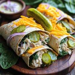 - 2 cups cooked chicken, shredded or diced - 1/2 cup dill pickle slices, coarsely chopped - 1/2 cup ranch dressing - 1 cup fresh baby spinach leaves - 4 large whole wheat tortillas - 1/2 cup shredded cheddar cheese - 1/4 cup red onion, thinly sliced - Salt and pepper to taste You need these simple items to make this tasty wrap. Start with cooked chicken. You can use rotisserie chicken or any leftover chicken you have. The pickles give a nice crunch. They add a tangy flavor that shines through. Ranch dressing keeps everything moist and tasty. Fresh spinach adds a lovely green color and nutrition. Whole wheat tortillas are perfect for wrapping. They are healthy and hold all the good stuff inside. Cheddar cheese adds a rich taste. Red onion gives a bit of bite. Don’t forget salt and pepper to bring all the flavors together. - Best ranch dressing brands: Look for brands like Hidden Valley or Annie's. - Options for whole wheat tortillas: Try Mission or Ezekiel for great texture. - Types of cheddar cheese for flavor enhancement: Sharp cheddar works best for rich taste. Choosing the right brands helps make your wraps even better. A good ranch dressing brings creaminess. Whole wheat tortillas should be soft yet sturdy. Sharp cheddar cheese elevates the flavor, making each bite more delicious. For the full recipe, check out the details above. Enjoy making these wraps! Start by mixing the chicken, pickles, and dressing. In a large bowl, combine 2 cups of cooked chicken, 1/2 cup of coarsely chopped dill pickles, and 1/2 cup of your favorite ranch dressing. Sprinkle in a bit of salt and pepper. Mix well until all the chicken is coated nicely. Next, prepare the tortillas and spinach. Lay out 4 large whole wheat tortillas on a clean surface. Place 1 cup of fresh baby spinach leaves in the center of each tortilla. Make sure to spread the spinach evenly, so every bite has a fresh crunch. Now, it's time to layer the ingredients for optimal flavor. Spoon a generous portion of the chicken and pickle mix over the spinach in each tortilla. Ensure each wrap has enough filling for great taste and texture. Add a sprinkle of 1/2 cup of shredded sharp cheddar cheese and a few slices of thinly sliced red onion for a delightful crunch. For folding techniques, carefully fold in the sides of each tortilla. Then, roll the wrap from the bottom up. This snug wrap keeps all the yummy fillings inside. Use a sharp knife to slice each wrap in half diagonally. This makes for a nice presentation. For presentation ideas, place the wraps on a colorful platter. You can serve them with a small bowl of extra ranch dressing on the side for dipping. To make it more fun, garnish the platter with whole dill pickle spears. This adds a nice crunch and a pop of color. For suggested side dishes, consider serving these wraps with fresh fruit, veggie sticks, or chips. They pair well together to create a complete meal. For the full recipe, check out the details above. Enjoy your tasty Pickle Ranch Chicken and Spinach Wraps! To make your wraps delightful, ensure you spread the ingredients evenly. Start by mixing the chicken, pickles, and ranch well. This way, every bite tastes great. When you lay the tortillas flat, take care not to overload them. Less is more. For rolling the wraps, fold the sides in first. Then, roll from the bottom up. This keeps all the tasty fillings inside. If you find the wrap too tight, don’t worry. Gently squeeze it to make room for the fillings without spilling. You can easily change the ingredients to suit your needs. If you want a lighter dish, try using cooked turkey or a plant-based protein. For a kick, add some sliced jalapeños or a dash of hot sauce. Feel free to swap out the ranch dressing for another flavor. A zesty garlic sauce or a creamy avocado dressing can be great choices. Be adventurous and mix in fresh herbs like cilantro or basil for extra flavor. For the full recipe, check out the detailed instructions above. {{image_4}} To make your wraps lighter, consider using low-carb tortillas. These tortillas reduce carbs but keep the wrap tasty. You can find options made from almond flour or coconut flour. They still hold the filling well and add a unique flavor. If you want a plant-based meal, swap out the chicken for a plant-based protein. Options like chickpeas or lentils work great. They absorb flavors well and add protein, making your wraps filling and satisfying. Adding fresh herbs and spices can elevate your wraps. Try mixing in cilantro, dill, or even a touch of garlic powder. Each herb brings a new taste, making your meal exciting. Experiment with different dressings too. Instead of ranch, you can use yogurt-based dressings or spicy sriracha. This little change can shift your wrap from classic to adventurous. For more ideas, check out the Full Recipe for inspiration. To keep your leftover wraps fresh, refrigerate them right away. Wrap them tightly in plastic wrap or foil. Place them in an airtight container. This helps seal in moisture and flavor. Store them in the fridge for up to three days. If you want to save space, stack them with parchment paper between each wrap. This prevents them from sticking together. You can freeze these wraps for later meals. First, wrap each one in plastic wrap. Then place them in a freezer-safe bag. Remove as much air as possible to prevent freezer burn. These wraps can last in the freezer for up to three months. When ready to eat, thaw them in the fridge overnight. For a quick meal, you can microwave them. Heat on medium for about one to two minutes. This keeps the texture soft and tasty. Enjoy your Pickle Ranch Chicken and Spinach Wraps anytime! For the full recipe, check back to create these delicious wraps. Can I make these wraps ahead of time? Yes, you can make these wraps ahead of time. Prepare the wraps and store them in the fridge. It’s best to eat them within 24 hours for the best taste. What are the best sides to serve with these wraps? Great sides include carrot sticks, cucumber slices, or a fresh fruit salad. You can also serve them with chips for some crunch. How long do the wraps last in the fridge? These wraps last about 2 to 3 days in the fridge. Make sure to keep them in an airtight container. Can I use gluten-free tortillas? Yes, gluten-free tortillas work well in this recipe. They keep the wraps tasty and enjoyable for those with gluten allergies. What are some protein alternatives for this recipe? You can use shredded turkey, tofu, or even beans for protein. These options provide good flavor and fit well in the wraps. For the full recipe, check out the earlier section! In this article, we explored how to make tasty Pickle Ranch Chicken and Spinach Wraps. We covered the required ingredients, brands to choose, and step-by-step instructions. You learned tips for perfect wraps and fun variations to try. Feel free to customize the recipe to fit your taste. These wraps are not just easy to make; they are also yummy and healthy. Enjoy making them and sharing with friends or family!