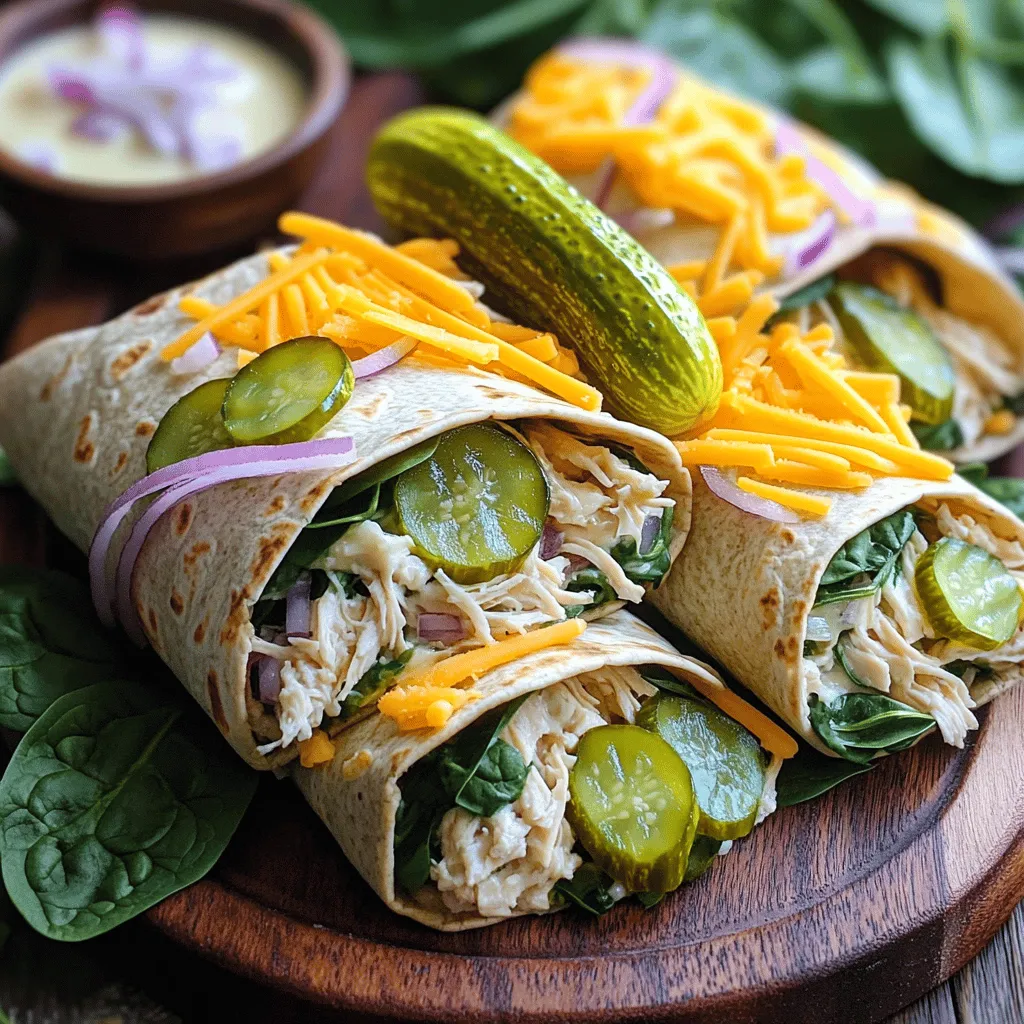 - 2 cups cooked chicken, shredded or diced - 1/2 cup dill pickle slices, coarsely chopped - 1/2 cup ranch dressing - 1 cup fresh baby spinach leaves - 4 large whole wheat tortillas - 1/2 cup shredded cheddar cheese - 1/4 cup red onion, thinly sliced - Salt and pepper to taste You need these simple items to make this tasty wrap. Start with cooked chicken. You can use rotisserie chicken or any leftover chicken you have. The pickles give a nice crunch. They add a tangy flavor that shines through. Ranch dressing keeps everything moist and tasty. Fresh spinach adds a lovely green color and nutrition. Whole wheat tortillas are perfect for wrapping. They are healthy and hold all the good stuff inside. Cheddar cheese adds a rich taste. Red onion gives a bit of bite. Don’t forget salt and pepper to bring all the flavors together. - Best ranch dressing brands: Look for brands like Hidden Valley or Annie's. - Options for whole wheat tortillas: Try Mission or Ezekiel for great texture. - Types of cheddar cheese for flavor enhancement: Sharp cheddar works best for rich taste. Choosing the right brands helps make your wraps even better. A good ranch dressing brings creaminess. Whole wheat tortillas should be soft yet sturdy. Sharp cheddar cheese elevates the flavor, making each bite more delicious. For the full recipe, check out the details above. Enjoy making these wraps! Start by mixing the chicken, pickles, and dressing. In a large bowl, combine 2 cups of cooked chicken, 1/2 cup of coarsely chopped dill pickles, and 1/2 cup of your favorite ranch dressing. Sprinkle in a bit of salt and pepper. Mix well until all the chicken is coated nicely. Next, prepare the tortillas and spinach. Lay out 4 large whole wheat tortillas on a clean surface. Place 1 cup of fresh baby spinach leaves in the center of each tortilla. Make sure to spread the spinach evenly, so every bite has a fresh crunch. Now, it's time to layer the ingredients for optimal flavor. Spoon a generous portion of the chicken and pickle mix over the spinach in each tortilla. Ensure each wrap has enough filling for great taste and texture. Add a sprinkle of 1/2 cup of shredded sharp cheddar cheese and a few slices of thinly sliced red onion for a delightful crunch. For folding techniques, carefully fold in the sides of each tortilla. Then, roll the wrap from the bottom up. This snug wrap keeps all the yummy fillings inside. Use a sharp knife to slice each wrap in half diagonally. This makes for a nice presentation. For presentation ideas, place the wraps on a colorful platter. You can serve them with a small bowl of extra ranch dressing on the side for dipping. To make it more fun, garnish the platter with whole dill pickle spears. This adds a nice crunch and a pop of color. For suggested side dishes, consider serving these wraps with fresh fruit, veggie sticks, or chips. They pair well together to create a complete meal. For the full recipe, check out the details above. Enjoy your tasty Pickle Ranch Chicken and Spinach Wraps! To make your wraps delightful, ensure you spread the ingredients evenly. Start by mixing the chicken, pickles, and ranch well. This way, every bite tastes great. When you lay the tortillas flat, take care not to overload them. Less is more. For rolling the wraps, fold the sides in first. Then, roll from the bottom up. This keeps all the tasty fillings inside. If you find the wrap too tight, don’t worry. Gently squeeze it to make room for the fillings without spilling. You can easily change the ingredients to suit your needs. If you want a lighter dish, try using cooked turkey or a plant-based protein. For a kick, add some sliced jalapeños or a dash of hot sauce. Feel free to swap out the ranch dressing for another flavor. A zesty garlic sauce or a creamy avocado dressing can be great choices. Be adventurous and mix in fresh herbs like cilantro or basil for extra flavor. For the full recipe, check out the detailed instructions above. {{image_4}} To make your wraps lighter, consider using low-carb tortillas. These tortillas reduce carbs but keep the wrap tasty. You can find options made from almond flour or coconut flour. They still hold the filling well and add a unique flavor. If you want a plant-based meal, swap out the chicken for a plant-based protein. Options like chickpeas or lentils work great. They absorb flavors well and add protein, making your wraps filling and satisfying. Adding fresh herbs and spices can elevate your wraps. Try mixing in cilantro, dill, or even a touch of garlic powder. Each herb brings a new taste, making your meal exciting. Experiment with different dressings too. Instead of ranch, you can use yogurt-based dressings or spicy sriracha. This little change can shift your wrap from classic to adventurous. For more ideas, check out the Full Recipe for inspiration. To keep your leftover wraps fresh, refrigerate them right away. Wrap them tightly in plastic wrap or foil. Place them in an airtight container. This helps seal in moisture and flavor. Store them in the fridge for up to three days. If you want to save space, stack them with parchment paper between each wrap. This prevents them from sticking together. You can freeze these wraps for later meals. First, wrap each one in plastic wrap. Then place them in a freezer-safe bag. Remove as much air as possible to prevent freezer burn. These wraps can last in the freezer for up to three months. When ready to eat, thaw them in the fridge overnight. For a quick meal, you can microwave them. Heat on medium for about one to two minutes. This keeps the texture soft and tasty. Enjoy your Pickle Ranch Chicken and Spinach Wraps anytime! For the full recipe, check back to create these delicious wraps. Can I make these wraps ahead of time? Yes, you can make these wraps ahead of time. Prepare the wraps and store them in the fridge. It’s best to eat them within 24 hours for the best taste. What are the best sides to serve with these wraps? Great sides include carrot sticks, cucumber slices, or a fresh fruit salad. You can also serve them with chips for some crunch. How long do the wraps last in the fridge? These wraps last about 2 to 3 days in the fridge. Make sure to keep them in an airtight container. Can I use gluten-free tortillas? Yes, gluten-free tortillas work well in this recipe. They keep the wraps tasty and enjoyable for those with gluten allergies. What are some protein alternatives for this recipe? You can use shredded turkey, tofu, or even beans for protein. These options provide good flavor and fit well in the wraps. For the full recipe, check out the earlier section! In this article, we explored how to make tasty Pickle Ranch Chicken and Spinach Wraps. We covered the required ingredients, brands to choose, and step-by-step instructions. You learned tips for perfect wraps and fun variations to try. Feel free to customize the recipe to fit your taste. These wraps are not just easy to make; they are also yummy and healthy. Enjoy making them and sharing with friends or family!