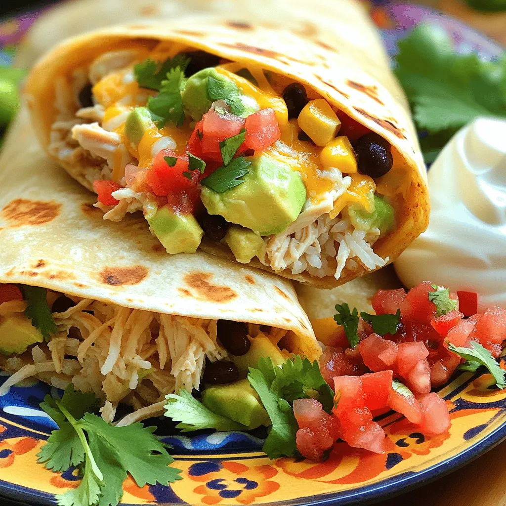 - 2 cups cooked chicken, shredded - 1 ripe avocado, diced - 1 cup cooked rice - 1 cup black beans, drained - 1 cup corn - 1 teaspoon ground cumin - 1 teaspoon garlic powder - 1 teaspoon fresh lime juice - Salt and pepper to taste - Fresh cilantro, chopped - 4 large flour tortillas - 1 cup shredded cheese (cheddar or Mexican blend) When I make chicken avocado burritos, I start with the main ingredients. Shredded chicken is key. You can use grilled or rotisserie chicken for extra taste. Diced avocado adds creaminess. Cooked rice gives the burrito a nice base. Black beans and corn bring in fiber and sweetness. Next, I add the seasonings. Ground cumin adds warmth, while garlic powder boosts flavor. Fresh lime juice brightens everything up. Don’t forget salt and pepper to taste! Fresh cilantro adds a pop of color and fresh herb flavor. For the wrap, I choose large flour tortillas. They hold everything well. I like to sprinkle shredded cheese on top, either cheddar or a Mexican blend. This cheese melts beautifully and adds richness. For the full recipe, check the earlier section. Enjoy making these delicious burritos! First, grab a large mixing bowl. Add the shredded chicken, diced avocado, cooked rice, black beans, corn, and pico de gallo. Sprinkle in the ground cumin, garlic powder, and lime juice. Season with salt and pepper to taste. Mix everything together gently. You want each piece to be coated in flavor. Now, lay out your tortillas on a clean surface. Make sure they are warm; this helps with folding. Spoon a good amount of the chicken mixture into the center of each tortilla. Then, sprinkle shredded cheese on top of the filling. Heat a skillet over medium heat. Carefully place the burritos seam-side down in the skillet. Cook for about 3-4 minutes on each side. You want them golden brown and crispy. This adds a nice crunch to the meal. Once done, take them out and let them cool for a minute. Slice in half for easy serving. Enjoy your delicious Chicken Avocado Burritos! To make your chicken avocado burritos taste even better, try these seasonings: - Chili powder: Adds a warm kick. - Paprika: Gives a smoky flavor. - Cilantro: Freshens up the taste. You can also add these ingredients for variety: - Jalapeños: For extra heat. - Lettuce: For crunch and freshness. - Sour cream: Adds creaminess and tang. Plating your burritos nicely can impress guests. Here are some ideas: - Use a colorful plate: Bright colors make food pop. - Arrange burritos in a circle: This draws the eye. - Serve with sides: Add pico de gallo and sour cream for dipping. For garnishes, consider these: - Extra cheese: Sprinkle on top for richness. - Chopped cilantro: Adds color and flavor. - Lime wedges: For a zesty touch. To ensure your burritos turn out great, watch for these common mistakes: - Overfilling burritos: This makes them hard to roll. Keep the filling to about 1 cup. - Wrong cooking temperature: Too high can burn the tortilla. Medium heat is best for a golden brown finish. {{image_4}} You can easily switch up the protein in your burritos. Try using beef, turkey, or even tofu. Each option brings a new taste. For beef, go with ground or shredded. Turkey gives a leaner choice, while tofu works well for vegans. Each meat adapts the flavors of the dish. Beef adds richness, turkey feels light, and tofu absorbs the spices well. You can customize your burritos by changing some ingredients. Swap white rice for brown rice for more fiber. If you want a twist, use quinoa instead. Different beans can also change the taste. Pinto beans or chickpeas offer unique flavors. You can even try different salsas. Mango salsa adds sweetness, while a spicy salsa can give a kick. If you need gluten-free options, use corn tortillas instead of flour. They taste just as good and hold the filling well. For low-carb diets, you can skip the rice altogether. Just add more veggies like bell peppers or zucchini. These swaps keep your burritos tasty while fitting your diet. Customize to suit your needs! To store leftover burritos, wrap them tightly in plastic wrap or foil. You can also place them in an airtight container. This helps keep them fresh. In the fridge, they last about 3 to 4 days. Make sure to label the container with the date to track freshness. You can freeze pre-cooked burritos for up to 3 months. Wrap each burrito in plastic wrap and then foil. This keeps the burritos from getting freezer burn. When you’re ready to eat, thaw them overnight in the fridge before reheating. For reheating, you have two main methods: the oven or microwave. 1. Oven method: Preheat your oven to 350°F (175°C). Place the burrito on a baking sheet and cover it with foil. Heat for about 15-20 minutes, until warmed through. This method keeps the burrito crispy. 2. Microwave method: If you’re in a hurry, you can microwave the burrito. Place it on a microwave-safe plate and cover it with a damp paper towel. Heat for 1-2 minutes, checking it often. This method may make the burrito soft but is faster. For the best results, the oven method helps maintain crispiness while warming. Enjoy your tasty chicken avocado burritos! Chicken avocado burritos last about 3 to 4 days in the fridge. Store them in an airtight container. This keeps them fresh and tasty. Always check for any changes in smell or texture before eating. Yes, you can make chicken avocado burritos ahead of time. Prepare the filling and store it separately. This helps keep the tortillas fresh. Assemble the burritos when you are ready to eat. Wrap them tightly in foil or plastic wrap for best results. Great side dishes to serve with chicken avocado burritos include: - Fresh guacamole - Mexican rice - Corn salsa - A simple salad with lime dressing - Tortilla chips with salsa These sides add color and flavor to your meal. Enjoy creating a complete feast! For the full recipe, check out the [Full Recipe]. You can create delicious chicken avocado burritos with just a few simple steps. Combining shredded chicken, avocado, and spices makes a filling meal. Assembling them in tortillas and cooking them right gives you that tasty crunch. Remember to try different proteins or ingredients to keep it fresh. Store leftovers well, and you can enjoy them later too. Burritos are fun to make and share. You now have all the tools to make this dish your own! Enjoy making your burritos and impressing your friends and family!