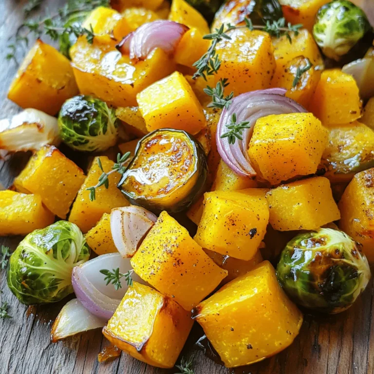 - 1 medium butternut squash, peeled and cut into cubes - 1 medium acorn squash, peeled and cut into cubes - 2 cups Brussels sprouts, trimmed and halved - 1 large red onion, sliced - 3 tablespoons olive oil - 2 tablespoons pure maple syrup - 1 teaspoon ground cinnamon - 1/2 teaspoon freshly grated nutmeg - Salt and freshly ground black pepper - Fresh thyme sprigs for garnish When I make this Easy Roasted Squash Medley, I love the mix of flavors. The sweet butternut squash pairs well with the nutty acorn squash. Brussels sprouts add crunch, and red onion gives a nice touch. The olive oil and maple syrup create a lovely glaze. Cinnamon and nutmeg add warmth and depth. This dish is not only tasty but also healthy. A serving has about 200 calories. You get a good mix of carbs, fiber, and healthy fats. This recipe is vegan and gluten-free, making it perfect for many diets. You can enjoy this medley as a side dish or a main course. It’s full of nutrients and flavor, making it a smart choice for any meal. If you want the full recipe, check this out: [Full Recipe]. 1. First, preheat your oven to 425°F (220°C). This step is key for even cooking. 2. Prepare a large baking sheet by lining it with parchment paper. This helps with easy cleanup. 3. In a spacious mixing bowl, combine the cubed butternut squash, acorn squash cubes, halved Brussels sprouts, and sliced red onion. Mix them well. 1. Generously drizzle olive oil and maple syrup over the vegetables. This adds flavor and helps them roast. 2. Season the mixture with ground cinnamon, freshly grated nutmeg, salt, and black pepper. Adjust the seasonings to your taste. 3. Using your hands or a large spoon, toss the vegetables until they are evenly coated. This ensures every piece is flavorful. 1. Transfer the vegetable mixture onto the prepared baking sheet. Spread it out in a single layer for even roasting. 2. Roast the vegetables in the preheated oven for 25-30 minutes. Stir the mixture halfway through to promote even cooking. 3. After roasting, carefully remove the baking sheet from the oven. Let the vegetables cool slightly for a few minutes. 4. To serve, garnish the roasted medley with fresh thyme sprigs. This adds a nice touch and enhances the dish's aroma. For the full recipe, check out the detailed steps and ingredients. To choose the best squash, look for firm, smooth skin. Avoid any with soft spots. Butternut and acorn squash work great in this dish. They add sweetness and texture. Cutting the squash into even sizes is key. Aim for 1-inch cubes. This ensures they cook evenly. If some pieces are bigger, they may not roast well. To add more flavor, consider garlic or chili flakes. These spices can give your squash a nice kick. You might also try adding a splash of balsamic vinegar for depth. For toppings, sprinkle cheese on before serving. Feta or goat cheese pairs nicely. You can also add toasted nuts for crunch and flavor. For a beautiful presentation, serve in a rustic bowl. Sprinkle extra thyme leaves on top for color. Drizzle with maple syrup for a sweet finish. This roasted squash goes well with grains like quinoa or farro. It also pairs nicely with a simple green salad. {{image_4}} You can switch up the squash in this dish. Try using kabocha or spaghetti squash for different tastes. Both are sweet and have great textures. You can also add seasonal root vegetables. Carrots, parsnips, and sweet potatoes work well. They add more color and flavor to your medley. If you want a twist, swap maple syrup for honey or agave. Each sweetener brings its own unique flavor. You might also want to add spices for extra kick. Cumin or chili powder can make it spicy. Try using smoked paprika for a smoky taste. Experimenting with flavors is part of the fun. This roasted squash medley is versatile. You can turn it into a salad or grain bowl. Just add some greens or grains like quinoa or farro. Toss everything with your favorite dressing for a new meal. You can also turn it into a soup. Use vegetable broth and blend the mixture until smooth. This creates a warm, comforting dish. For more details, check the Full Recipe. To keep your roasted squash fresh, store it in an airtight container. This helps maintain flavor and texture. You can keep it in the fridge for about 3 to 5 days. Make sure it cools down before sealing the container. This prevents moisture buildup. For the best taste, reheat your squash in the oven. Preheat your oven to 350°F (175°C). Spread the squash on a baking sheet and heat for about 10 to 15 minutes. You can also use a microwave, but this may make the squash soggy. If you do use the microwave, place a paper towel over the dish to absorb excess moisture. Yes, you can freeze roasted squash! It’s best to freeze it in portions. Place the cooled squash in freezer bags, removing as much air as possible. It will last for up to 3 months in the freezer. When you’re ready to enjoy it, thaw it in the fridge overnight. Reheat it as mentioned above for the best results. For the complete recipe, check out the Full Recipe link! How do I make this recipe vegan? To make this recipe vegan, simply skip the maple syrup or replace it with agave syrup. You can also swap the olive oil for coconut oil or any plant-based oil you prefer. This keeps the dish both tasty and vegan-friendly. Can I use frozen squash for this recipe? Yes, you can use frozen squash. Just remember to thaw and drain it first. Frozen squash may cook faster, so keep an eye on it while roasting. What is the best type of squash to use? Butternut and acorn squash work great in this recipe. They both have a sweet taste and a nice texture when roasted. Feel free to try other types like delicata or kabocha for added flavor. My squash is mushy; what went wrong? Mushy squash usually means it was overcooked or cut too small. Make sure to cut the squash into even, 1-inch cubes. Roasting at the right temperature and time is also key. How do I know when the squash is properly roasted? You’ll know the squash is done when it’s tender and slightly caramelized. A fork should easily pierce the flesh, and it should have a golden-brown color. Stirring halfway through helps ensure even roasting. How many servings does this recipe yield? This recipe yields about four servings. It’s perfect for a family meal or a cozy dinner with friends. Can this be meal prepped in advance? Absolutely! You can prepare the veggies a day ahead, store them in the fridge, and roast them just before serving. This makes it easy to enjoy a healthy meal without spending too much time in the kitchen. This blog post has shown how to create a delicious roasted squash medley. We covered ingredients, step-by-step instructions, and helpful tips. You learned about storage options and variations. This dish offers great flavors and fits many diets, like vegan and gluten-free. Whether you roast or transform it into a salad, there are many ways to enjoy this recipe. Explore your options and make it your own. Happy cooking!