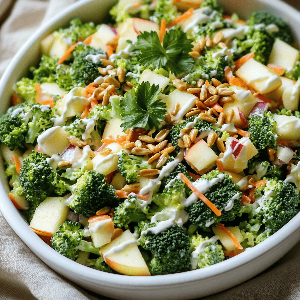 - 2 cups fresh broccoli florets, washed and cut into bite-sized pieces - 1 large apple (such as Honeycrisp or Granny Smith), cored and diced - ½ cup shredded carrots, preferably organic - ¼ cup red onion, finely diced - ¼ cup toasted sunflower seeds, for added crunch - ½ cup Greek yogurt (or vegan yogurt for a dairy-free alternative) - 1 tablespoon honey or maple syrup, based on preference - 1 tablespoon apple cider vinegar, adds tanginess - Salt - Freshly cracked black pepper Using these simple ingredients, you create a salad that is both crisp and full of flavor. The broccoli provides a nice crunch, while the apples add sweetness. Carrots bring a vibrant color, and red onion gives a zesty kick. The sunflower seeds are the finishing touch, adding extra texture. For a creamy dressing, Greek yogurt gives a smooth base. You can swap it for vegan yogurt if needed. Sweeten it with honey or maple syrup for balance. Apple cider vinegar gives a tangy kick. Don’t forget to season with salt and pepper! This combination makes every bite delightful. For the full recipe, refer to the instructions above. To start, wash the broccoli florets well under cold water. This step ensures they are clean and ready to eat. Next, cut the broccoli into bite-sized pieces. This makes it easy to enjoy in the salad. Now, bring a pot of water to a boil. Add the broccoli and blanch it for about 2 minutes. Blanching helps keep the color bright and the texture crisp. After two minutes, quickly transfer the broccoli to an ice bath. This stops the cooking process and keeps it crunchy. Allow the broccoli to cool for a couple of minutes. Then, drain it thoroughly and set it aside. In a large mixing bowl, combine the blanched broccoli, diced apple, shredded carrots, and finely chopped red onion. Each ingredient adds flavor and texture to the salad. Use a large spoon to gently toss the ingredients together. This ensures even distribution of all the tasty bits. For the dressing, whisk together the Greek yogurt, honey (or maple syrup), apple cider vinegar, and a pinch of salt and pepper in a small bowl. Whisk until the dressing is smooth and creamy. Taste the dressing and adjust the seasoning if needed. You want a nice balance between sweet and tangy. Pour the yogurt dressing over the broccoli and apple mixture. Use a spatula to gently fold the dressing into the salad. Make sure each piece is coated without mashing the ingredients. To finish, sprinkle the roasted sunflower seeds on top for a delightful crunch. Give the salad one final gentle toss to incorporate the seeds. Enjoy this crisp and flavorful delight as a refreshing side dish or light appetizer. For the full recipe, refer to the cooking instructions above. Chopping and blanching broccoli correctly is key. Start by washing the florets well. Cut them into bite-sized pieces. Blanching helps keep the color bright. Bring water to a boil and add the broccoli for two minutes. After that, cool the florets in ice water. This process makes them crisp and fresh. When choosing apples, go for ones that are crunchy and sweet. Honeycrisp and Granny Smith are great options. Their flavors balance well with the broccoli. A good apple adds a nice crunch and a touch of sweetness to the salad. You can vary the yogurt dressing for different tastes. Try adding garlic powder, mustard, or herbs for extra flavor. If you want a dairy-free option, use coconut yogurt or almond yogurt instead. These alternatives keep the salad creamy while being gentle on the stomach. For parties or gatherings, serve the salad in a big bowl. This invites guests to help themselves. You can also portion it onto individual plates for a more refined look. Garnish with extra sunflower seeds and a sprig of fresh parsley or mint for added color. A well-garnished salad looks more appealing and makes the meal feel special. {{image_4}} You can make this salad even better with fun add-ins. Try different nuts or seeds. Here are some great choices: - Almonds - Walnuts - Pumpkin seeds Mix in dried fruits for a sweet touch. Consider using: - Raisins - Dried cranberries - Apricots These ingredients add texture and flavor. Each bite becomes more exciting! Herbs and spices can bring this salad to life. You might add: - Fresh parsley - Dill - Chives A touch of spice can enhance the taste too. Consider using a pinch of: - Paprika - Black pepper - Garlic powder Also, try different dressings! You can swap the Greek yogurt dressing for: - A balsamic vinaigrette - A lemon olive oil mix - A creamy tahini dressing These changes can give your salad a whole new vibe. If you want a vegan version, swap the Greek yogurt for: - Vegan yogurt - Hummus This keeps the salad creamy and tasty. For a gluten-free option, make sure to check all ingredients. Most of them are naturally gluten-free. Just be cautious with dressings. Explore these variations to create your perfect Broccoli Apple Salad! For the full recipe, check the previous section. To keep your Broccoli Apple Salad fresh, store it in the fridge. Use an airtight container. This helps lock in moisture and flavor. You can also cover the bowl tightly with plastic wrap. Avoid leaving the salad out at room temperature. If you have leftovers, make sure to refrigerate them right away. The salad stays fresh for about 3 to 5 days in the fridge. After that, its taste and texture may change. Look for signs of spoilage. If the salad looks slimy or smells off, it’s time to toss it. Always trust your senses for safety. For the best taste, enjoy it sooner rather than later. For the Full Recipe, check the earlier section. To make this salad vegan, swap Greek yogurt for a plant-based yogurt. Use maple syrup instead of honey. These changes keep the taste rich and satisfying. Yes, you can prepare this salad ahead of time. However, keep the dressing separate until you are ready to serve. This prevents the salad from getting soggy. You can use tahini instead of yogurt for a nutty flavor. For sweetness, try agave syrup as a honey alternative. Adjust these swaps based on your taste. Absolutely! All the ingredients in this salad are naturally gluten-free. Just verify that the yogurt is labeled gluten-free, if using a store-bought option. Add cooked quinoa or chickpeas to boost the protein. You can also mix in some nuts, like walnuts or almonds, for extra crunch and healthy fats. - 2 cups fresh broccoli florets, washed and cut into bite-sized pieces - 1 large apple (such as Honeycrisp or Granny Smith), cored and diced - ½ cup shredded carrots, preferably organic - ¼ cup red onion, finely diced - ¼ cup toasted sunflower seeds, for added crunch - ½ cup Greek yogurt (or vegan yogurt for a dairy-free alternative) - 1 tablespoon honey or maple syrup, based on preference - 1 tablespoon apple cider vinegar, adds tanginess - Salt and freshly cracked black pepper, to taste This salad is a fun mix of flavors and textures. You get the crunch from the broccoli and sunflower seeds. The sweetness comes from the apple and honey. The dressing brings it all together. How do you start? First, wash the broccoli well. Cut it into small pieces. Blanch the broccoli in boiling water for two minutes. This step keeps it crisp and bright green. Then, cool it in ice water. This stops the cooking. Next, you will mix the salad. In a big bowl, combine the blanched broccoli, diced apple, shredded carrots, and red onion. Toss these gently with a spoon. This way, they mix well without breaking. Now, let’s make the dressing. In a small bowl, whisk the Greek yogurt, honey, apple cider vinegar, and a pinch of salt and pepper. Make sure it’s smooth. Taste it, too. Adjust for sweet or tangy flavors as you like. Pour the dressing over the salad mix. Use a spatula to fold it in gently. You want each piece coated, but no mashing. Finish with sunflower seeds on top for a nice crunch. Serve this salad chilled. It’s great as a light appetizer or a side dish. Enjoy! This blog post shared key ingredients for a tasty Broccoli Apple Salad. You learned about fresh produce and pantry staples. We covered mixing techniques, dressing ideas, and tips for serving. Variations and storage help keep your salad fresh. In conclusion, this salad offers health and flavor for all. Enjoy crafting your own version with these tips!
